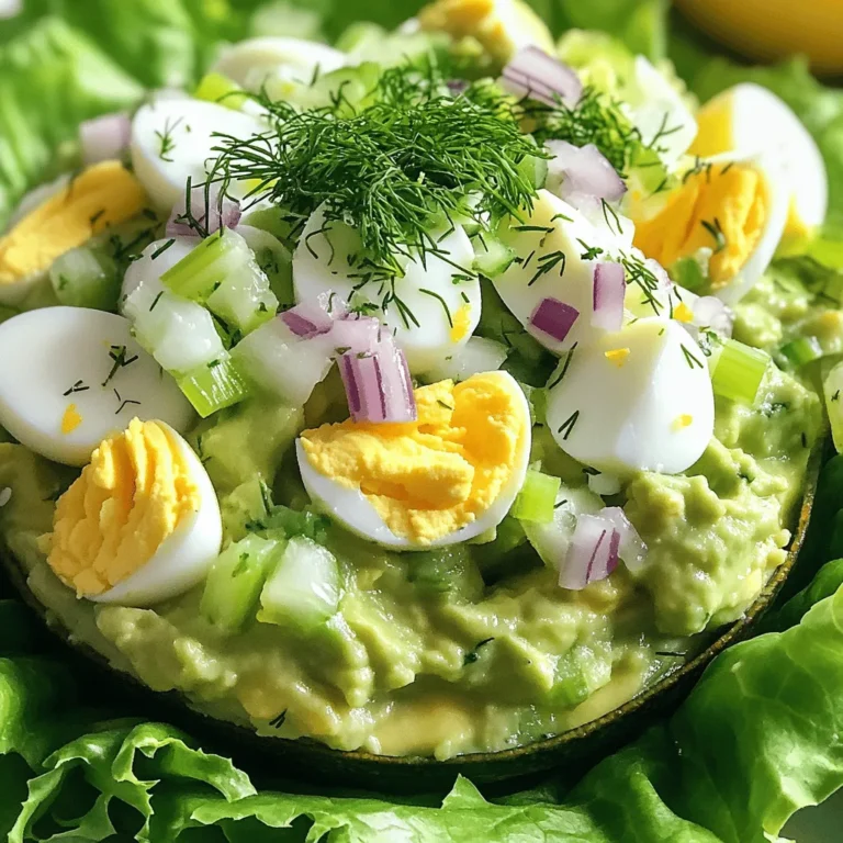 - 4 large eggs - 1 ripe avocado, mashed - 2 tablespoons Greek yogurt - 1 tablespoon Dijon mustard - 1 small red onion, finely chopped - 1 celery stalk, finely chopped - 1 tablespoon fresh lemon juice - 1 tablespoon fresh dill, chopped (or 1 teaspoon dried dill) - Salt and pepper to taste Gather these simple ingredients for a creamy and flavorful dish. The eggs provide protein, while the avocado brings richness. Greek yogurt adds a tangy creaminess that makes this salad stand out. Don't forget the Dijon mustard for a zesty kick. The red onion and celery add crunch and flavor. The fresh lemon juice brightens the dish and keeps it fresh. Dill offers a wonderful herbal note that complements the other flavors. For the full recipe, you can check out my detailed guide on making Avocado Egg Salad. This dish is not just easy but also very satisfying. Enjoy the blend of textures and tastes in every bite! - Place eggs in a saucepan with cold water. - Bring to a boil, then simmer for 9-12 minutes. Boiling eggs is simple. The cold water helps cook them evenly. If you like your yolks soft, aim for 9 minutes. For firmer yolks, 12 minutes works best. - Transfer to a bowl of ice water. - Peel under running water. After boiling, cool the eggs fast. The ice water stops the cooking. Let them sit for about 5-7 minutes. When peeling, run the eggs under water. This helps the shell come off easily. - Combine mashed avocado, Greek yogurt, Dijon mustard, and lemon juice. In a mixing bowl, mash the ripe avocado. Add Greek yogurt for creaminess, Dijon mustard for kick, and lemon juice for zest. Mix until smooth and creamy. - Add chopped eggs, onion, celery, and dill. - Fold gently to combine. Now, add the chopped eggs, onion, celery, and dill to the avocado mix. Use a spatula to fold everything together. Be gentle so the eggs stay in chunks. That’s how you get the perfect texture. For the full recipe, check out the details above! To make the best Avocado Egg Salad, start with the eggs. For a soft yolk, boil for 9 minutes. For a firm yolk, go for 12 minutes. Timing is key! After boiling, cool the eggs quickly. An ice bath is great for this. It stops the eggs from cooking further and makes peeling easy. For that rich and creamy texture, I use Greek yogurt instead of mayo. Greek yogurt adds protein and a tangy taste. If you want even more creaminess, check your avocado. A perfectly ripe avocado will give a smooth texture. If it's too firm, let it ripen a bit. Spice it up! A pinch of paprika or a dash of cayenne can add a kick. Fresh herbs can also change the game. Try adding dill, parsley, or chives for a flavor boost. Each herb brings a unique taste and aroma that makes this dish shine. These tips will help you create a delicious Avocado Egg Salad. For the complete recipe, check the [Full Recipe]. Enjoy your cooking! {{image_4}} You can easily swap ingredients to fit your diet. To make it vegan, use chickpeas instead of eggs. Just mash them up and mix well. They provide a nice texture and protein. For a lighter option, substitute Greek yogurt with low-fat yogurt. This keeps the salad creamy while cutting down on calories. Want to spice things up? Try adding diced bell peppers. They add crunch and a pop of color. You can also sprinkle in spices like paprika or garlic powder. These enhance the flavor and give your salad a unique twist. Experimenting with different herbs can also elevate your dish. How you serve this salad makes a big difference. You can spread it on toast or crackers for a quick snack. It also works great as a filling for sandwiches or wraps. This makes it perfect for lunch or picnics. You can even serve it in lettuce leaves for a light meal. Each option offers a new way to enjoy your creamy, flavorful dish. For the full recipe, check out Avocado Egg Salad with a Zesty Twist. To keep your avocado egg salad fresh, store it in the fridge. Use an airtight container to prevent air from spoiling the ingredients. This salad stays good for about 2-3 days. After that, the avocado may brown, and the flavor might fade. Always check for any off smells or changes in texture before eating leftovers. Freezing avocado egg salad is not recommended. The texture of avocado changes when frozen. If you freeze it, it may become mushy once thawed. Instead, prepare only what you need. If you have to freeze it, use an airtight container. This will help protect it from freezer burn. This salad is best served cold. If you must reheat it, do so gently. Use a microwave on low power for a short time. Stir it frequently to help maintain its texture. However, I suggest enjoying it cold for the best flavor and creaminess. If you want to mix things up, serve it on toasted bread or in a wrap. Enjoy the zesty taste! Yes, you can make Avocado Egg Salad ahead of time. It tastes even better after chilling. To prepare in advance, follow these tips: - Cook and cool the eggs, then chop them. - Mix the avocado, yogurt, mustard, and lemon juice. - Combine right before serving to keep the eggs fresh. - Store in an airtight container in the fridge for up to 24 hours. If you want creaminess, here are some substitutes: - Sour cream for a tangy flavor. - Silken tofu if you prefer a vegan option. - Cream cheese for a rich texture. Each option will change the taste a bit, so choose what you like best. To check if your avocado is ripe, look for these signs: - The skin should be dark green or black. - Gently press the avocado; it should yield slightly. - If it feels hard, it’s not ripe yet. Choose avocados that feel soft but not too mushy for the best results. Yes, store-bought mayonnaise works well in this recipe. Use it if you prefer a classic taste. Here’s how: - Replace Greek yogurt with an equal amount of mayo. - Mix it with the avocado and mustard for a creamy blend. This will give your egg salad a rich flavor. To make Avocado Egg Salad fit dietary needs, try these suggestions: - For nut-free, just stick to the original recipe. - For lactose-free, use a dairy-free yogurt or mayo. - For vegan, swap eggs with mashed chickpeas for protein. These options keep your dish tasty and inclusive. In this blog post, I shared a simple recipe for Avocado Egg Salad. We reviewed key ingredients, including eggs, avocado, and Greek yogurt. You learned steps to boil and mix the ingredients perfectly. I also offered tips for adding flavor and making dietary swaps. This dish is fun, healthy, and easy to make. Try it your way and enjoy the flavors! Whether you eat it in a wrap or on toast, it will be a hit. Prepare it fresh or store leftovers; you won't regret it.