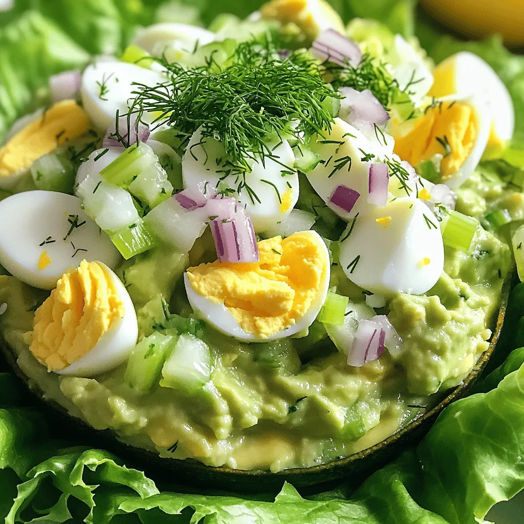 - 4 large eggs - 1 ripe avocado, mashed - 2 tablespoons Greek yogurt - 1 tablespoon Dijon mustard - 1 small red onion, finely chopped - 1 celery stalk, finely chopped - 1 tablespoon fresh lemon juice - 1 tablespoon fresh dill, chopped (or 1 teaspoon dried dill) - Salt and pepper to taste Gather these simple ingredients for a creamy and flavorful dish. The eggs provide protein, while the avocado brings richness. Greek yogurt adds a tangy creaminess that makes this salad stand out. Don't forget the Dijon mustard for a zesty kick. The red onion and celery add crunch and flavor. The fresh lemon juice brightens the dish and keeps it fresh. Dill offers a wonderful herbal note that complements the other flavors. For the full recipe, you can check out my detailed guide on making Avocado Egg Salad. This dish is not just easy but also very satisfying. Enjoy the blend of textures and tastes in every bite! - Place eggs in a saucepan with cold water. - Bring to a boil, then simmer for 9-12 minutes. Boiling eggs is simple. The cold water helps cook them evenly. If you like your yolks soft, aim for 9 minutes. For firmer yolks, 12 minutes works best. - Transfer to a bowl of ice water. - Peel under running water. After boiling, cool the eggs fast. The ice water stops the cooking. Let them sit for about 5-7 minutes. When peeling, run the eggs under water. This helps the shell come off easily. - Combine mashed avocado, Greek yogurt, Dijon mustard, and lemon juice. In a mixing bowl, mash the ripe avocado. Add Greek yogurt for creaminess, Dijon mustard for kick, and lemon juice for zest. Mix until smooth and creamy. - Add chopped eggs, onion, celery, and dill. - Fold gently to combine. Now, add the chopped eggs, onion, celery, and dill to the avocado mix. Use a spatula to fold everything together. Be gentle so the eggs stay in chunks. That’s how you get the perfect texture. For the full recipe, check out the details above! To make the best Avocado Egg Salad, start with the eggs. For a soft yolk, boil for 9 minutes. For a firm yolk, go for 12 minutes. Timing is key! After boiling, cool the eggs quickly. An ice bath is great for this. It stops the eggs from cooking further and makes peeling easy. For that rich and creamy texture, I use Greek yogurt instead of mayo. Greek yogurt adds protein and a tangy taste. If you want even more creaminess, check your avocado. A perfectly ripe avocado will give a smooth texture. If it's too firm, let it ripen a bit. Spice it up! A pinch of paprika or a dash of cayenne can add a kick. Fresh herbs can also change the game. Try adding dill, parsley, or chives for a flavor boost. Each herb brings a unique taste and aroma that makes this dish shine. These tips will help you create a delicious Avocado Egg Salad. For the complete recipe, check the [Full Recipe]. Enjoy your cooking! {{image_4}} You can easily swap ingredients to fit your diet. To make it vegan, use chickpeas instead of eggs. Just mash them up and mix well. They provide a nice texture and protein. For a lighter option, substitute Greek yogurt with low-fat yogurt. This keeps the salad creamy while cutting down on calories. Want to spice things up? Try adding diced bell peppers. They add crunch and a pop of color. You can also sprinkle in spices like paprika or garlic powder. These enhance the flavor and give your salad a unique twist. Experimenting with different herbs can also elevate your dish. How you serve this salad makes a big difference. You can spread it on toast or crackers for a quick snack. It also works great as a filling for sandwiches or wraps. This makes it perfect for lunch or picnics. You can even serve it in lettuce leaves for a light meal. Each option offers a new way to enjoy your creamy, flavorful dish. For the full recipe, check out Avocado Egg Salad with a Zesty Twist. To keep your avocado egg salad fresh, store it in the fridge. Use an airtight container to prevent air from spoiling the ingredients. This salad stays good for about 2-3 days. After that, the avocado may brown, and the flavor might fade. Always check for any off smells or changes in texture before eating leftovers. Freezing avocado egg salad is not recommended. The texture of avocado changes when frozen. If you freeze it, it may become mushy once thawed. Instead, prepare only what you need. If you have to freeze it, use an airtight container. This will help protect it from freezer burn. This salad is best served cold. If you must reheat it, do so gently. Use a microwave on low power for a short time. Stir it frequently to help maintain its texture. However, I suggest enjoying it cold for the best flavor and creaminess. If you want to mix things up, serve it on toasted bread or in a wrap. Enjoy the zesty taste! Yes, you can make Avocado Egg Salad ahead of time. It tastes even better after chilling. To prepare in advance, follow these tips: - Cook and cool the eggs, then chop them. - Mix the avocado, yogurt, mustard, and lemon juice. - Combine right before serving to keep the eggs fresh. - Store in an airtight container in the fridge for up to 24 hours. If you want creaminess, here are some substitutes: - Sour cream for a tangy flavor. - Silken tofu if you prefer a vegan option. - Cream cheese for a rich texture. Each option will change the taste a bit, so choose what you like best. To check if your avocado is ripe, look for these signs: - The skin should be dark green or black. - Gently press the avocado; it should yield slightly. - If it feels hard, it’s not ripe yet. Choose avocados that feel soft but not too mushy for the best results. Yes, store-bought mayonnaise works well in this recipe. Use it if you prefer a classic taste. Here’s how: - Replace Greek yogurt with an equal amount of mayo. - Mix it with the avocado and mustard for a creamy blend. This will give your egg salad a rich flavor. To make Avocado Egg Salad fit dietary needs, try these suggestions: - For nut-free, just stick to the original recipe. - For lactose-free, use a dairy-free yogurt or mayo. - For vegan, swap eggs with mashed chickpeas for protein. These options keep your dish tasty and inclusive. In this blog post, I shared a simple recipe for Avocado Egg Salad. We reviewed key ingredients, including eggs, avocado, and Greek yogurt. You learned steps to boil and mix the ingredients perfectly. I also offered tips for adding flavor and making dietary swaps. This dish is fun, healthy, and easy to make. Try it your way and enjoy the flavors! Whether you eat it in a wrap or on toast, it will be a hit. Prepare it fresh or store leftovers; you won't regret it.