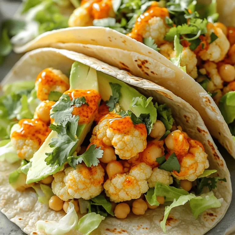- 1 cup cauliflower florets - 1 cup chickpeas, drained and rinsed - 1 cup breadcrumbs (panko is best for crunch) - 1/2 cup all-purpose flour (chickpea flour for gluten-free) - 1 cup almond milk (or any plant-based milk) - 1/2 cup buffalo sauce (adjust for spice level) - 1 tsp garlic powder - 1 tsp onion powder - 1/2 tsp smoked paprika - Salt and pepper to taste - Corn or flour tortillas (for serving) The main ingredients create a hearty base for your tacos. The cauliflower gives a great texture. Chickpeas add protein and flavor. Breadcrumbs bring that crunch we all love. The spices enhance the taste and make every bite exciting. - Avocado slices - Shredded lettuce or cabbage - Fresh cilantro or parsley Adding toppings makes the tacos even more fun! Avocado adds creaminess and healthy fats. Shredded lettuce or cabbage gives a nice crunch. Fresh cilantro or parsley brightens the dish and adds freshness. You can mix and match these toppings based on your taste. - Gluten-free options: Use chickpea flour instead of all-purpose flour. - Other plant-based milk choices: Soy, oat, or coconut milk work well. - Spice level adjustments: Use less buffalo sauce or opt for a milder sauce. If you need to make changes, don't worry! Gluten-free flour works great. Different plant-based milks can replace almond milk easily. Adjusting the spice lets everyone enjoy the meal. You can make it mild for kids or add more heat for adults. For the full recipe, check out the detailed instructions. Preheating the oven First, set your oven to 400°F (200°C). This step is key for crispy tacos. While the oven heats, line a baking sheet with parchment paper. This helps the tacos not stick. Preparing the vegetables and seasoning In a large bowl, add 1 cup of drained chickpeas and 1 cup of cauliflower florets. Sprinkle in 1 tsp garlic powder, 1 tsp onion powder, 1/2 tsp smoked paprika, and salt and pepper to taste. Toss everything together. Make sure each piece is well-coated in the spices. This adds great flavor. Combining flour and almond milk In another bowl, mix 1/2 cup all-purpose flour with 1 cup of almond milk. Whisk until you get a smooth batter. It should be thick but pourable. This batter helps the coating stick. Achieving the right consistency Check the batter. If it's too thick, add a little more almond milk. If too thin, add a bit more flour. The right consistency is important for a good coating. Coating the vegetables Take each chickpea and cauliflower piece. Dip it into the batter, then roll it in 1 cup of breadcrumbs. Make sure they are fully coated. This adds the crunch we want. Place the coated pieces on the baking sheet in a single layer. Baking time and temperature Put your baking sheet in the preheated oven. Bake for 20-25 minutes. Flip the pieces halfway through. This helps them cook evenly. You want them golden brown and crispy. - Choosing the right breadcrumbs: Panko breadcrumbs work best. They create a nice crunch. Regular breadcrumbs are fine but won't give the same texture. For a gluten-free option, use crushed rice or cornflakes. - Baking tips for extra crunch: Keep space between the pieces on the baking sheet. This allows hot air to circulate. Flip the tacos halfway through baking. This ensures even crispiness on all sides. - Recommended spices and seasonings: Add garlic powder, onion powder, and smoked paprika to the mix. These spices boost the overall taste. Feel free to experiment with cayenne pepper for heat or cumin for warmth. - Combining sauces for varied taste: Mix buffalo sauce with a bit of ranch or vegan mayo. This gives a creamy touch. You can also try a mix of sweet chili sauce for a sweet-spicy combo. - Plating the tacos attractively: Use a large platter for serving. Place the tacos in a line or a circle. This makes the dish more inviting. - Suggested garnishes for visual appeal: Top the tacos with fresh cilantro or parsley for color. Add avocado slices and a sprinkle of lime juice for a pop of freshness. Shredded lettuce or cabbage adds crunch and looks great too. {{image_4}} You can mix it up by using different vegetables. Try sweet potatoes or zucchini for a fun twist. Both add great taste and texture. If you want a different protein source, use tempeh or tofu. They soak up flavors well and will keep your tacos filling. Do you like it spicy? Add extra buffalo sauce or some hot sauce. You can also mix in jalapeños for more heat. If you prefer mild flavors, use less buffalo sauce. Try a ranch or garlic sauce for a creamy touch instead. This will give your tacos a different experience. Pair your tacos with side dishes like rice or beans. A fresh salad also complements them well. You can assemble the tacos in many ways. Try folding the tortillas or stacking them for a fun presentation. Add layers of toppings to make each bite exciting. For the full recipe, check out the instructions above. To keep your tacos fresh, use airtight containers. Glass or BPA-free plastic works well. Store your leftover tacos in the fridge for up to three days. After that, they may lose their crispiness and taste. To retain the crispiness, use the oven. Preheat it to 350°F (175°C). Place the tacos on a baking sheet and warm them for about 10 minutes. This method keeps the shells crunchy. If you use a microwave, the tacos may get soggy. If you must use the microwave, heat them in short bursts. Check often to avoid overcooking. To freeze the tacos, wrap them tightly in foil or plastic wrap. Place them in a freezer-safe bag or container. You can freeze them for up to three months. When you’re ready to eat, thaw in the fridge overnight. Reheat in the oven to keep the texture. Avoid using the microwave for freezing tacos, as it can ruin their crunch. To make these tacos, start by preheating your oven to 400°F (200°C). Line a baking sheet with parchment paper to avoid sticking. In a bowl, mix chickpeas and cauliflower florets. Add garlic powder, onion powder, smoked paprika, salt, and pepper. Toss well to coat. In another bowl, whisk all-purpose flour and almond milk until smooth. Dip each piece in the batter and then coat with breadcrumbs. Place them on the baking sheet and bake for 20-25 minutes, flipping halfway. After baking, toss the crispy mixture in buffalo sauce. Warm tortillas in a skillet, fill them, and add toppings like lettuce and avocado. Enjoy your vegan crispy buffalo tacos! For the full recipe, check the recipe section. Yes, you can swap vegetables! Try using sweet potatoes or zucchini for a different taste. Broccoli also works well if you want something crunchy. You can mix and match according to your preference. Just make sure the vegetables are cut into small pieces for even cooking. This flexibility allows you to customize your tacos to suit your tastes. Buffalo tacos pair nicely with many side dishes. Consider serving them with a fresh salad for added crunch. You can also enjoy them with guacamole or salsa for extra flavor. Corn on the cob or Mexican rice makes great side dishes as well. These options add variety to your meal and make it more filling. To store leftover tacos, place them in an airtight container. This helps keep them fresh. You can store them in the fridge for up to three days. If you want to keep them longer, freeze the filling separately. When ready to eat, reheat in the oven to regain crispiness. Using the microwave may make them soggy, so the oven is best. You learned how to make vegan crispy buffalo tacos using simple ingredients and techniques. We discussed key steps, tips for the perfect crispiness, and optional toppings. Remember, you can customize flavors and swap ingredients as you wish. Enjoy these tacos fresh, or store them for later. With this guide, you can easily impress anyone at your next meal. Happy cooking!