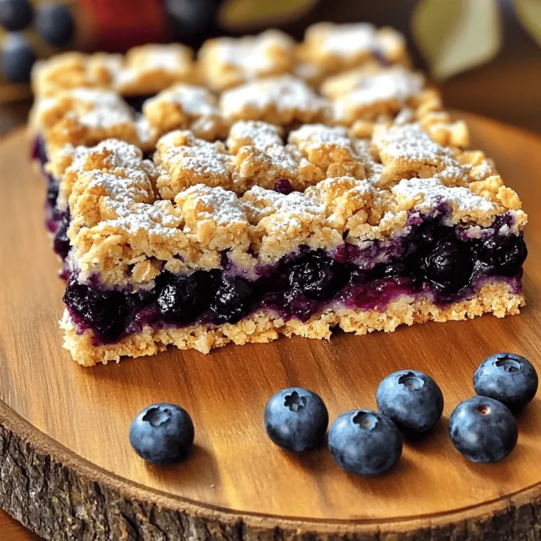 - Rolled oats - Whole wheat flour - Brown sugar - Unsalted butter The key ingredients make these blueberry oatmeal crumble bars rich and tasty. Rolled oats give a chewy texture. Whole wheat flour adds a nutty taste. Brown sugar brings sweetness and depth. Unsalted butter keeps the crust soft and flavorful. - Honey or maple syrup - Fresh lemon juice You can add honey or maple syrup for extra sweetness. A splash of fresh lemon juice brightens the blueberry flavor. Both are great if you want to tweak the taste a bit. - Frozen blueberries instead of fresh - Alternative flours for gluten-free options If you don’t have fresh blueberries, use frozen ones. Just thaw them first. For gluten-free options, try almond flour or oat flour. These swaps keep the bars delicious while meeting different dietary needs. For the full recipe, see above. First, preheat your oven to 350°F (175°C). This step is key for even baking. Next, take an 8x8-inch baking pan and line it with parchment paper. Leave some paper hanging over the sides. This makes it easy to lift the bars out later. In a large mixing bowl, combine the following ingredients: - 2 cups rolled oats - 1 cup whole wheat flour - 1/2 cup packed brown sugar - 1/2 cup unsalted butter, melted - 1/2 teaspoon baking soda - 1/2 teaspoon salt - 1 teaspoon pure vanilla extract Mix these ingredients well until you get a crumbly texture. The mixture should hold together but still look loose. Take about two-thirds of the oat mixture and press it firmly into the bottom of your lined baking pan. This will be your crust. In a separate bowl, mix together 2 cups of fresh blueberries, 1 tablespoon of fresh lemon juice, and 1 tablespoon of cornstarch. If you want extra sweetness, add 1 tablespoon of honey or maple syrup. Gently fold the blueberries until they are covered. Spread the blueberry mixture evenly over the crust in your baking pan. Make sure to cover the entire surface. Then, crumble the remaining oat mixture over the blueberries. This will be your topping. Bake the bars in your preheated oven for 30-35 minutes. They are done when the top is golden brown and the blueberries bubble. After baking, let them cool in the pan for about 10 minutes. Then, lift them out using the parchment paper. Place the bars on a wire rack to cool completely. Once cool, cut them into squares or rectangles for serving. You can find the full recipe for additional details and serving suggestions. To get that perfect golden brown crust, start by pressing the oat mixture firmly into the pan. This helps it hold together well. Bake the bars until the top is golden and the blueberries bubble. Look for a nice color change; this means they are ready. If you see the blueberries bubbling, you know they are cooked through. After baking, let the bars cool for at least 10 minutes in the pan. This helps them set. For best results, transfer them to a wire rack to cool completely. When cutting, use a sharp knife for clean edges. You can cut them into squares or rectangles. To serve, arrange the bars on a nice platter. Dust them lightly with powdered sugar for a sweet touch. Add some fresh blueberries around the bars for color. For a special treat, serve with a scoop of vanilla ice cream. This makes the bars even more enjoyable. Check out the Full Recipe for more details! {{image_4}} You can change up the taste of your blueberry oatmeal crumble bars with some fun add-ins. Adding nuts like walnuts or almonds gives a nice crunch. You can also add seeds, like sunflower seeds, for extra texture. Spices can really elevate your bars too. Try adding a sprinkle of cinnamon or nutmeg for warmth. These small changes can make a big difference in flavor. If you want a vegan version, use plant-based butter instead of regular butter. This small swap keeps the bars tasty while meeting dietary needs. For those who need gluten-free options, use gluten-free oats and flour. This ensures everyone can enjoy these delicious treats without worry. While blueberries are the star, you can switch them out for other fruits. Strawberries, raspberries, or peaches work well too. Each fruit brings its own unique taste. You can even mix different fruits for a fun twist. This flexibility lets you enjoy these bars all year round. For the full recipe, check out the ingredients and instructions above. You can keep your blueberry oatmeal crumble bars at room temperature for 2 to 3 days. Make sure to store them in an airtight container. This way, they stay fresh and tasty. For longer freshness, store the bars in the fridge. Use a container that seals tightly. They can last up to a week when stored this way. Just remember to let them sit out for a bit before you enjoy them. This helps bring back their soft texture. To freeze these bars, cut them into squares first. Wrap each square in plastic wrap, then place them in a freezer-safe bag. You can freeze them for up to 3 months. When you're ready to eat, take them out and let them thaw in the fridge overnight. For a quick warm-up, pop them in the microwave for a few seconds. Enjoy your treat any time! You can tell the blueberry crumble bars are done by looking for a few signs. First, the top should be a nice golden brown. Second, you should see the blueberries bubbling around the edges. Both of these signs show that the bars are ready. If you want to check for doneness, you can also insert a toothpick into the center. If it comes out clean, your bars are good to go! Yes, you can make these bars ahead of time! They are great for meal prep. To do this, bake the bars and let them cool completely. Then, wrap them tightly in plastic wrap or store them in an airtight container. They will stay fresh for about four days in the fridge. If you want to keep them longer, you can freeze them. Just thaw them in the fridge before serving. If you need to substitute oats, there are a few options. You can use quinoa flakes for a similar texture. Another choice is to use ground almonds, which give a nice nutty flavor. If you want something gluten-free, try using gluten-free oat flour. These substitutes will change the taste a bit, but they will still make tasty bars! This post covered all you need to know about making blueberry crumble bars. You learned about key ingredients like oats and whole wheat flour. We also discussed optional ingredients and useful substitutions. You now have step-by-step instructions for making the bars. Plus, there are tips for baking, cooling, and presentation. Finally, we explored ways to store and vary the recipe. Enjoy trying these tips and make the bars your own! Happy baking!