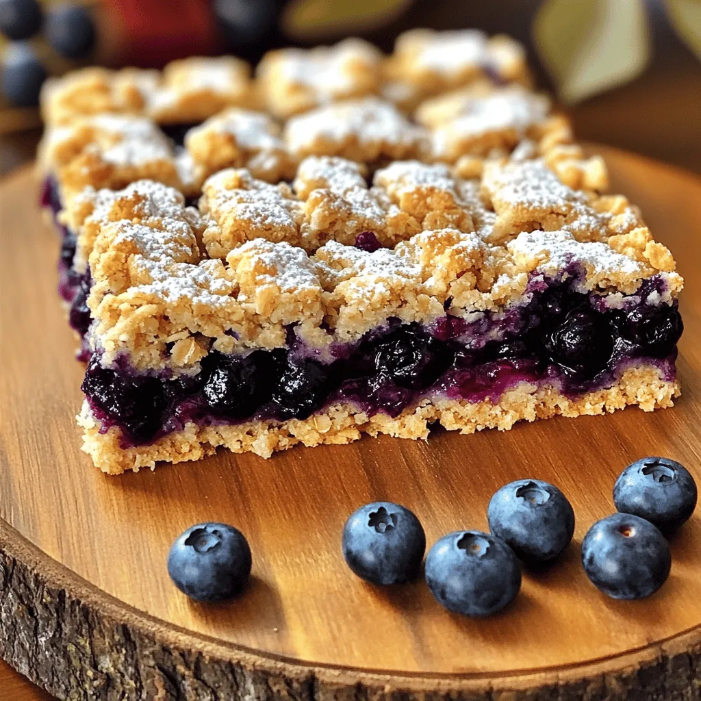 - Rolled oats - Whole wheat flour - Brown sugar - Unsalted butter The key ingredients make these blueberry oatmeal crumble bars rich and tasty. Rolled oats give a chewy texture. Whole wheat flour adds a nutty taste. Brown sugar brings sweetness and depth. Unsalted butter keeps the crust soft and flavorful. - Honey or maple syrup - Fresh lemon juice You can add honey or maple syrup for extra sweetness. A splash of fresh lemon juice brightens the blueberry flavor. Both are great if you want to tweak the taste a bit. - Frozen blueberries instead of fresh - Alternative flours for gluten-free options If you don’t have fresh blueberries, use frozen ones. Just thaw them first. For gluten-free options, try almond flour or oat flour. These swaps keep the bars delicious while meeting different dietary needs. For the full recipe, see above. First, preheat your oven to 350°F (175°C). This step is key for even baking. Next, take an 8x8-inch baking pan and line it with parchment paper. Leave some paper hanging over the sides. This makes it easy to lift the bars out later. In a large mixing bowl, combine the following ingredients: - 2 cups rolled oats - 1 cup whole wheat flour - 1/2 cup packed brown sugar - 1/2 cup unsalted butter, melted - 1/2 teaspoon baking soda - 1/2 teaspoon salt - 1 teaspoon pure vanilla extract Mix these ingredients well until you get a crumbly texture. The mixture should hold together but still look loose. Take about two-thirds of the oat mixture and press it firmly into the bottom of your lined baking pan. This will be your crust. In a separate bowl, mix together 2 cups of fresh blueberries, 1 tablespoon of fresh lemon juice, and 1 tablespoon of cornstarch. If you want extra sweetness, add 1 tablespoon of honey or maple syrup. Gently fold the blueberries until they are covered. Spread the blueberry mixture evenly over the crust in your baking pan. Make sure to cover the entire surface. Then, crumble the remaining oat mixture over the blueberries. This will be your topping. Bake the bars in your preheated oven for 30-35 minutes. They are done when the top is golden brown and the blueberries bubble. After baking, let them cool in the pan for about 10 minutes. Then, lift them out using the parchment paper. Place the bars on a wire rack to cool completely. Once cool, cut them into squares or rectangles for serving. You can find the full recipe for additional details and serving suggestions. To get that perfect golden brown crust, start by pressing the oat mixture firmly into the pan. This helps it hold together well. Bake the bars until the top is golden and the blueberries bubble. Look for a nice color change; this means they are ready. If you see the blueberries bubbling, you know they are cooked through. After baking, let the bars cool for at least 10 minutes in the pan. This helps them set. For best results, transfer them to a wire rack to cool completely. When cutting, use a sharp knife for clean edges. You can cut them into squares or rectangles. To serve, arrange the bars on a nice platter. Dust them lightly with powdered sugar for a sweet touch. Add some fresh blueberries around the bars for color. For a special treat, serve with a scoop of vanilla ice cream. This makes the bars even more enjoyable. Check out the Full Recipe for more details! {{image_4}} You can change up the taste of your blueberry oatmeal crumble bars with some fun add-ins. Adding nuts like walnuts or almonds gives a nice crunch. You can also add seeds, like sunflower seeds, for extra texture. Spices can really elevate your bars too. Try adding a sprinkle of cinnamon or nutmeg for warmth. These small changes can make a big difference in flavor. If you want a vegan version, use plant-based butter instead of regular butter. This small swap keeps the bars tasty while meeting dietary needs. For those who need gluten-free options, use gluten-free oats and flour. This ensures everyone can enjoy these delicious treats without worry. While blueberries are the star, you can switch them out for other fruits. Strawberries, raspberries, or peaches work well too. Each fruit brings its own unique taste. You can even mix different fruits for a fun twist. This flexibility lets you enjoy these bars all year round. For the full recipe, check out the ingredients and instructions above. You can keep your blueberry oatmeal crumble bars at room temperature for 2 to 3 days. Make sure to store them in an airtight container. This way, they stay fresh and tasty. For longer freshness, store the bars in the fridge. Use a container that seals tightly. They can last up to a week when stored this way. Just remember to let them sit out for a bit before you enjoy them. This helps bring back their soft texture. To freeze these bars, cut them into squares first. Wrap each square in plastic wrap, then place them in a freezer-safe bag. You can freeze them for up to 3 months. When you're ready to eat, take them out and let them thaw in the fridge overnight. For a quick warm-up, pop them in the microwave for a few seconds. Enjoy your treat any time! You can tell the blueberry crumble bars are done by looking for a few signs. First, the top should be a nice golden brown. Second, you should see the blueberries bubbling around the edges. Both of these signs show that the bars are ready. If you want to check for doneness, you can also insert a toothpick into the center. If it comes out clean, your bars are good to go! Yes, you can make these bars ahead of time! They are great for meal prep. To do this, bake the bars and let them cool completely. Then, wrap them tightly in plastic wrap or store them in an airtight container. They will stay fresh for about four days in the fridge. If you want to keep them longer, you can freeze them. Just thaw them in the fridge before serving. If you need to substitute oats, there are a few options. You can use quinoa flakes for a similar texture. Another choice is to use ground almonds, which give a nice nutty flavor. If you want something gluten-free, try using gluten-free oat flour. These substitutes will change the taste a bit, but they will still make tasty bars! This post covered all you need to know about making blueberry crumble bars. You learned about key ingredients like oats and whole wheat flour. We also discussed optional ingredients and useful substitutions. You now have step-by-step instructions for making the bars. Plus, there are tips for baking, cooling, and presentation. Finally, we explored ways to store and vary the recipe. Enjoy trying these tips and make the bars your own! Happy baking!