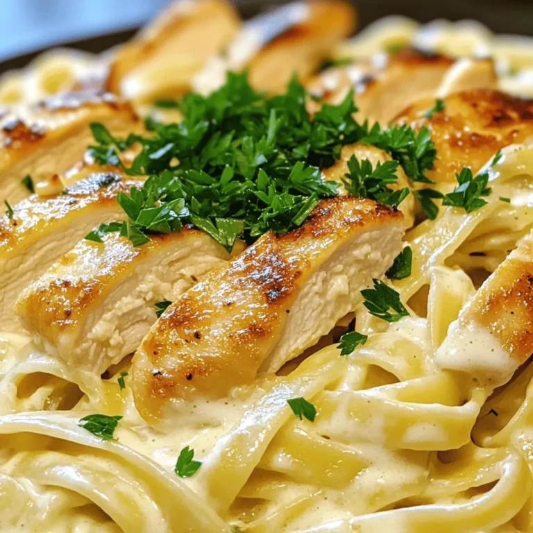 To make creamy chicken Alfredo, you will need: - 2 boneless, skinless chicken breasts - 8 oz fettuccine pasta - 1 tablespoon extra virgin olive oil - 3 cloves garlic, minced - 1 cup heavy cream - 1 cup freshly grated Parmesan cheese - 1 teaspoon garlic powder - 1 teaspoon onion powder - Salt and black pepper, to taste - Fresh parsley, finely chopped (for garnish) These ingredients work together to create a rich and creamy dish. The chicken adds protein, while the pasta serves as a perfect base. You can make some easy swaps if needed. Here are a few ideas: - Use chicken thighs instead of breasts for more flavor. - Swap fettuccine with penne or spaghetti if you prefer. - Replace heavy cream with half-and-half for a lighter sauce. - Use nutritional yeast instead of Parmesan for a dairy-free option. - Fresh garlic can be swapped with garlic powder if you're in a hurry. These alternatives can help you adjust the recipe based on your taste or dietary needs. Creamy chicken Alfredo pairs well with many sides. Here are my top choices: - Garlic bread for a crunchy complement. - A simple green salad for freshness. - Steamed broccoli adds color and nutrients. - Roasted asparagus brings a nice crunch. - A glass of white wine enhances the meal. These pairings can elevate your dinner experience, making it even more enjoyable. For the full recipe, refer to the earlier section. First, fill a large pot with water. Bring it to a rolling boil. Add plenty of salt for flavor. Next, add the fettuccine. Cook it for about 8 to 10 minutes until it is al dente. This means it should still have a little bite. Once cooked, drain the pasta. Save 1/2 cup of the starchy water. Set the drained pasta aside while you cook the chicken. While the pasta cooks, take the chicken breasts. Season both sides with salt, black pepper, garlic powder, and onion powder. This adds great flavor. Make sure to coat them evenly. This simple step makes a big difference in taste. Now, it’s time to make the sauce. In the same skillet you will use for the chicken, heat the olive oil over medium heat. Once hot, add the minced garlic. Sauté it for about 1 minute. You want it fragrant, not brown. Slowly pour in the heavy cream while stirring. Then, whisk in the grated Parmesan cheese. Keep stirring until the sauce is smooth and creamy. If it’s too thick, add some of the reserved pasta water until it reaches the right consistency. Add the cooked fettuccine to the Alfredo sauce. Toss gently to coat the pasta well. You can mix in the sliced chicken as you combine them. Alternatively, you can place the chicken on top of the pasta for a nice look. Taste the dish and add more salt or pepper if needed. Finally, garnish with chopped parsley for a fresh touch. For the complete recipe, check out the Full Recipe section. To make a rich, creamy Alfredo sauce, use heavy cream. It gives the sauce a nice thickness. Add freshly grated Parmesan cheese for a great flavor. Make sure to stir the sauce constantly. This helps it blend well and prevents burning. If your sauce gets too thick, use the reserved pasta water to thin it out. Just add a little at a time until you reach the right consistency. One common mistake is overcooking the chicken. Cook it until it’s golden brown and reaches 165°F (75°C). Another mistake is adding the cheese too fast. Gradually whisk it in for a smooth sauce. Be careful not to let the garlic burn when you sauté it. It can turn bitter and ruin the sauce. Lastly, don’t skip tasting the sauce. Adjust the salt and pepper to your liking. For a beautiful presentation, serve your creamy chicken Alfredo in wide bowls. Add extra Parmesan cheese on top for a nice touch. Finely chopped parsley makes a great garnish. It adds color and freshness to the dish. You can also place the sliced chicken on top of the pasta. This makes it look more inviting. Enjoy your meal and share it with friends and family! For the full recipe, check out the complete guide. {{image_4}} You can make creamy chicken Alfredo even better with veggies. Try adding broccoli, spinach, or bell peppers. These add color and nutrients to your dish. Steam or sauté the veggies before mixing them in. This way, they stay bright and crunchy. Toss them in right before you combine the pasta and sauce. You’ll enjoy a tasty and healthy twist. Chicken is great, but you can switch it up! Use shrimp or scallops for a seafood flair. They cook quickly and pair well with the creamy sauce. If you prefer something plant-based, try tofu or chickpeas. These options give you protein without meat. Just season them well to match the Alfredo sauce's flavors. You can also use cooked sausage for a heartier meal. You can still enjoy creamy chicken Alfredo if you have dietary needs. Use gluten-free pasta made from rice or chickpeas. For a dairy-free option, swap heavy cream with coconut milk or cashew cream. Nutritional yeast can replace Parmesan cheese for a cheesy flavor. These swaps keep the dish creamy and delicious. Experiment with these options for a meal everyone can enjoy. For the full recipe, check out the original version. After your meal, let the creamy chicken Alfredo cool down. Place it in an airtight container. This helps keep the dish fresh. Store it in the fridge for up to 3 days. Make sure to label the container with the date. This way, you will know when to eat it. To reheat, you can use the microwave or the stove. If using a microwave, put it in a safe bowl. Heat it in short bursts, mixing it every minute. This prevents hot spots. If you prefer the stove, heat a pan over low heat. Add a splash of milk or cream to keep it creamy. Stir often until it is hot. You can freeze creamy chicken Alfredo for later. Use a freezer-safe container and leave some space. The sauce may thicken when frozen. When you're ready to eat, thaw it in the fridge overnight. Reheat as mentioned before. Enjoy your creamy chicken Alfredo just like the first time! For detailed cooking steps, check the full recipe. To make creamy chicken Alfredo from scratch, start by cooking fettuccine pasta. Boil water in a large pot and add salt. Cook the pasta until al dente, then drain, saving a bit of water. Next, season chicken breasts with salt, pepper, garlic powder, and onion powder. In a skillet, heat olive oil and cook the chicken until golden brown. Remove it and slice. In the same skillet, add minced garlic and heavy cream, stirring well. Slowly add grated Parmesan cheese until creamy. Toss in the pasta and chicken, and serve. Yes, you can use other pasta types! Penne, bowtie, or spaghetti work well too. Just remember to adjust the cooking time based on the pasta you choose. The key is to cook it until al dente for the best texture. Creamy chicken Alfredo pairs great with a simple salad or garlic bread. You can also add steamed broccoli or green beans for color and nutrition. For a special touch, serve a glass of white wine alongside your meal. For the full recipe of creamy chicken Alfredo, check out the detailed instructions above. Enjoy making this classic dish! We covered the key steps to make creamy chicken Alfredo. You learned about essential ingredients, cooking methods, and tips. I shared ways to customize your dish with veggies or different proteins. Storage tips help you keep leftovers fresh and tasty. Remember, practice makes perfect. Don’t fear trial and error. Enjoy making this dish your own and share it with friends. You’ll impress them with your skills and creativity. Happy cooking!