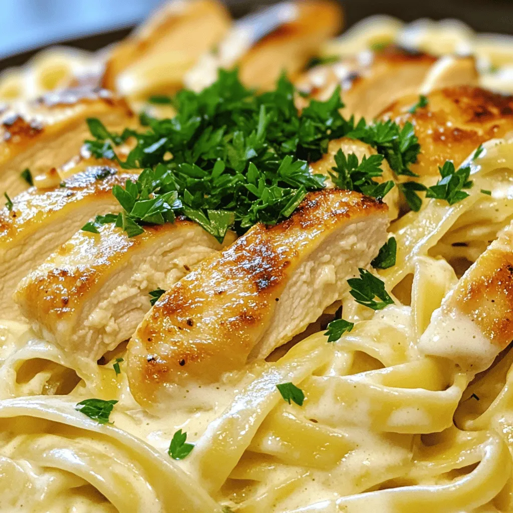 To make creamy chicken Alfredo, you will need: - 2 boneless, skinless chicken breasts - 8 oz fettuccine pasta - 1 tablespoon extra virgin olive oil - 3 cloves garlic, minced - 1 cup heavy cream - 1 cup freshly grated Parmesan cheese - 1 teaspoon garlic powder - 1 teaspoon onion powder - Salt and black pepper, to taste - Fresh parsley, finely chopped (for garnish) These ingredients work together to create a rich and creamy dish. The chicken adds protein, while the pasta serves as a perfect base. You can make some easy swaps if needed. Here are a few ideas: - Use chicken thighs instead of breasts for more flavor. - Swap fettuccine with penne or spaghetti if you prefer. - Replace heavy cream with half-and-half for a lighter sauce. - Use nutritional yeast instead of Parmesan for a dairy-free option. - Fresh garlic can be swapped with garlic powder if you're in a hurry. These alternatives can help you adjust the recipe based on your taste or dietary needs. Creamy chicken Alfredo pairs well with many sides. Here are my top choices: - Garlic bread for a crunchy complement. - A simple green salad for freshness. - Steamed broccoli adds color and nutrients. - Roasted asparagus brings a nice crunch. - A glass of white wine enhances the meal. These pairings can elevate your dinner experience, making it even more enjoyable. For the full recipe, refer to the earlier section. First, fill a large pot with water. Bring it to a rolling boil. Add plenty of salt for flavor. Next, add the fettuccine. Cook it for about 8 to 10 minutes until it is al dente. This means it should still have a little bite. Once cooked, drain the pasta. Save 1/2 cup of the starchy water. Set the drained pasta aside while you cook the chicken. While the pasta cooks, take the chicken breasts. Season both sides with salt, black pepper, garlic powder, and onion powder. This adds great flavor. Make sure to coat them evenly. This simple step makes a big difference in taste. Now, it’s time to make the sauce. In the same skillet you will use for the chicken, heat the olive oil over medium heat. Once hot, add the minced garlic. Sauté it for about 1 minute. You want it fragrant, not brown. Slowly pour in the heavy cream while stirring. Then, whisk in the grated Parmesan cheese. Keep stirring until the sauce is smooth and creamy. If it’s too thick, add some of the reserved pasta water until it reaches the right consistency. Add the cooked fettuccine to the Alfredo sauce. Toss gently to coat the pasta well. You can mix in the sliced chicken as you combine them. Alternatively, you can place the chicken on top of the pasta for a nice look. Taste the dish and add more salt or pepper if needed. Finally, garnish with chopped parsley for a fresh touch. For the complete recipe, check out the Full Recipe section. To make a rich, creamy Alfredo sauce, use heavy cream. It gives the sauce a nice thickness. Add freshly grated Parmesan cheese for a great flavor. Make sure to stir the sauce constantly. This helps it blend well and prevents burning. If your sauce gets too thick, use the reserved pasta water to thin it out. Just add a little at a time until you reach the right consistency. One common mistake is overcooking the chicken. Cook it until it’s golden brown and reaches 165°F (75°C). Another mistake is adding the cheese too fast. Gradually whisk it in for a smooth sauce. Be careful not to let the garlic burn when you sauté it. It can turn bitter and ruin the sauce. Lastly, don’t skip tasting the sauce. Adjust the salt and pepper to your liking. For a beautiful presentation, serve your creamy chicken Alfredo in wide bowls. Add extra Parmesan cheese on top for a nice touch. Finely chopped parsley makes a great garnish. It adds color and freshness to the dish. You can also place the sliced chicken on top of the pasta. This makes it look more inviting. Enjoy your meal and share it with friends and family! For the full recipe, check out the complete guide. {{image_4}} You can make creamy chicken Alfredo even better with veggies. Try adding broccoli, spinach, or bell peppers. These add color and nutrients to your dish. Steam or sauté the veggies before mixing them in. This way, they stay bright and crunchy. Toss them in right before you combine the pasta and sauce. You’ll enjoy a tasty and healthy twist. Chicken is great, but you can switch it up! Use shrimp or scallops for a seafood flair. They cook quickly and pair well with the creamy sauce. If you prefer something plant-based, try tofu or chickpeas. These options give you protein without meat. Just season them well to match the Alfredo sauce's flavors. You can also use cooked sausage for a heartier meal. You can still enjoy creamy chicken Alfredo if you have dietary needs. Use gluten-free pasta made from rice or chickpeas. For a dairy-free option, swap heavy cream with coconut milk or cashew cream. Nutritional yeast can replace Parmesan cheese for a cheesy flavor. These swaps keep the dish creamy and delicious. Experiment with these options for a meal everyone can enjoy. For the full recipe, check out the original version. After your meal, let the creamy chicken Alfredo cool down. Place it in an airtight container. This helps keep the dish fresh. Store it in the fridge for up to 3 days. Make sure to label the container with the date. This way, you will know when to eat it. To reheat, you can use the microwave or the stove. If using a microwave, put it in a safe bowl. Heat it in short bursts, mixing it every minute. This prevents hot spots. If you prefer the stove, heat a pan over low heat. Add a splash of milk or cream to keep it creamy. Stir often until it is hot. You can freeze creamy chicken Alfredo for later. Use a freezer-safe container and leave some space. The sauce may thicken when frozen. When you're ready to eat, thaw it in the fridge overnight. Reheat as mentioned before. Enjoy your creamy chicken Alfredo just like the first time! For detailed cooking steps, check the full recipe. To make creamy chicken Alfredo from scratch, start by cooking fettuccine pasta. Boil water in a large pot and add salt. Cook the pasta until al dente, then drain, saving a bit of water. Next, season chicken breasts with salt, pepper, garlic powder, and onion powder. In a skillet, heat olive oil and cook the chicken until golden brown. Remove it and slice. In the same skillet, add minced garlic and heavy cream, stirring well. Slowly add grated Parmesan cheese until creamy. Toss in the pasta and chicken, and serve. Yes, you can use other pasta types! Penne, bowtie, or spaghetti work well too. Just remember to adjust the cooking time based on the pasta you choose. The key is to cook it until al dente for the best texture. Creamy chicken Alfredo pairs great with a simple salad or garlic bread. You can also add steamed broccoli or green beans for color and nutrition. For a special touch, serve a glass of white wine alongside your meal. For the full recipe of creamy chicken Alfredo, check out the detailed instructions above. Enjoy making this classic dish! We covered the key steps to make creamy chicken Alfredo. You learned about essential ingredients, cooking methods, and tips. I shared ways to customize your dish with veggies or different proteins. Storage tips help you keep leftovers fresh and tasty. Remember, practice makes perfect. Don’t fear trial and error. Enjoy making this dish your own and share it with friends. You’ll impress them with your skills and creativity. Happy cooking!
