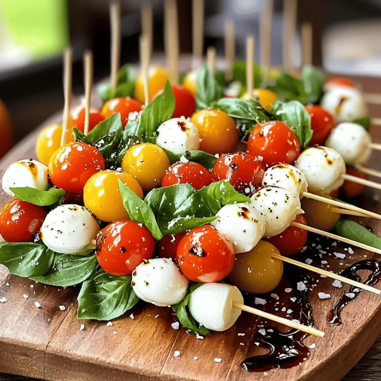 - Cherry tomatoes: 12 ripe - Mozzarella: 12 mini mozzarella balls - Basil: 12 fresh basil leaves - Balsamic glaze: 2 tablespoons - Olive oil: 1 tablespoon extra virgin - Salt and pepper: to taste - Skewers: 12 wooden or bamboo skewers - Serving platter Gathering fresh ingredients is key for these Easy Caprese Skewers. You want ripe cherry tomatoes for sweetness. Opt for mini mozzarella balls for that creamy texture. Fresh basil leaves add a fragrant touch. Quality matters! For seasoning, balsamic glaze gives a sweet kick. Extra virgin olive oil adds richness. Salt and pepper enhance the flavors of each ingredient. You need skewers to hold everything together. Wooden or bamboo works best. Finally, grab a serving platter to show off your delicious creation. This simple setup makes for a great snack or appetizer. For the full recipe, check out the detailed instructions on how to assemble these tasty skewers! First, rinse the cherry tomatoes and basil leaves under cold running water. This removes dirt and any unwanted chemicals. After rinsing, pat them dry with a paper towel. This helps the ingredients stay fresh and clean. Grab your wooden skewers. Start by threading one cherry tomato onto the skewer. Next, fold a fresh basil leaf and add it. Then, slide on a mini mozzarella ball. Repeat this process until you use all the ingredients. Finish with an additional cherry tomato on top. This makes each skewer look colorful and fun. Now, place the assembled skewers on a clean platter. Drizzle extra virgin olive oil over them. This adds a rich flavor. Next, take the balsamic glaze and drizzle it over the skewers. This gives a sweet and tangy kick. Lastly, season with salt and freshly cracked black pepper to taste. This step enhances the overall flavor. Enjoy the Easy Caprese Skewers fresh and flavorful. For a full recipe, check out the Full Recipe section. To enhance the taste of your Easy Caprese Skewers, use fresh herbs. Basil is key for that classic flavor. You can also add a sprinkle of oregano or thyme for a twist. Always choose quality ingredients. Fresh tomatoes and mozzarella make a big difference in taste. Look for ripe, juicy tomatoes. The mozzarella should be creamy and fresh. This ensures every bite sings with flavor. Arranging skewers neatly makes them more inviting. Place them in a row or circle on your platter. This adds a fun touch to your table. Using colorful skewers can also increase visual interest. Bright hues can catch the eye and make your dish pop. You can even add a few edible flowers for an extra wow factor. Meal prep can save you time. Wash and dry your tomatoes and basil ahead of time. You can also assemble the skewers a few hours before serving. Just keep them covered in the fridge. For convenience, substitute ingredients as needed. Grape tomatoes work well if you can't find cherries. Any fresh cheese can replace mozzarella too. Just remember to keep the flavors balanced for the best results. {{image_4}} You can easily switch up the ingredients for your skewers. Try using grape tomatoes instead of the cherry ones. They are sweeter and add a nice crunch. You can also change the cheese. Instead of mini mozzarella balls, consider using feta or goat cheese. These cheeses bring a tangy twist to your dish. Want to spice things up? Add a sprinkle of crushed red pepper for some heat. This small addition can really elevate the taste. You can also incorporate pesto. Drizzle it over the skewers for a burst of fresh flavor. Pesto pairs beautifully with the basil and cheese. These skewers are perfect on their own, but you can make them even better. Pair them with crusty bread or crunchy crackers. This adds a great texture contrast. You could also create a Caprese salad platter. Arrange the skewers alongside slices of fresh tomatoes and mozzarella. This makes a stunning centerpiece for any gathering. For the full recipe, check out Caprese Skewers Delight. To store assembled skewers in the fridge, place them in a sealed container. Cover them lightly with plastic wrap to help keep them fresh. They will stay good for up to two days. After that, the tomatoes may lose their firmness, and the basil can wilt. For leftover ingredients, store each one separately. Place cherry tomatoes in a bowl at room temperature. Keep mozzarella in its liquid in the fridge. Wrap basil in a damp paper towel and store it in a plastic bag. This helps maintain their quality longer. You can prepare the tomato, mozzarella, and basil in advance. Just keep them in the fridge until you are ready to assemble. I suggest putting the skewers together just before serving. This keeps them looking fresh and tasty. For the full recipe, check out the details above. Easy Caprese skewers stay fresh for about 2 to 3 days in the refrigerator. Store them in an airtight container to keep them crisp. The tomatoes and mozzarella can lose their flavor after a few days, so enjoy them soon after making. Yes, you can prepare Caprese skewers a few hours in advance. Assemble them and store them in the fridge. Just remember to drizzle the balsamic glaze and olive oil just before serving. This keeps the flavors fresh and vibrant. Caprese skewers pair well with many appetizers and drinks. You might serve them with: - A crusty baguette or crostini - A light salad with mixed greens - Sparkling water with lemon or lime - A glass of chilled white wine These options enhance the meal and keep the fresh flavors shining. For the full recipe, you can check the previous sections. Easy Caprese skewers are perfect for any occasion. We talked about fresh cherry tomatoes, mozzarella, and basil as the main ingredients. I shared tips on layers, flavors, and how to make them look great. Don’t forget that you can swap ingredients or serve them with bread. Keep them fresh by storing them properly. With these notes, you can create tasty skewers that impress. Enjoy crafting these simple, healthy bites that bring joy to your table.
