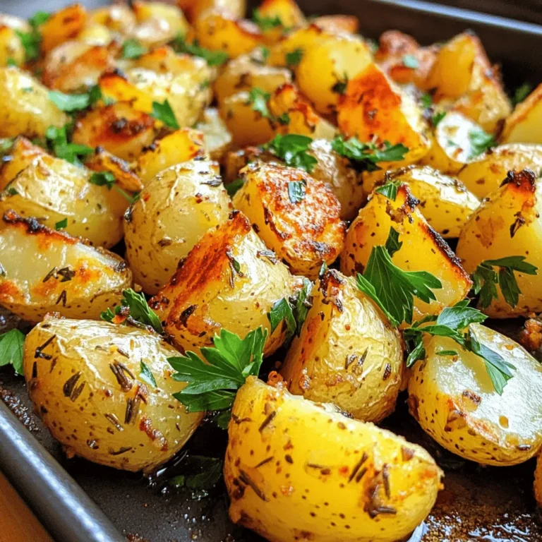 - 2 pounds baby Yukon gold potatoes, halved - 4 tablespoons extra virgin olive oil - 4 cloves garlic, finely minced - 1 tablespoon fresh rosemary, finely chopped - 1 tablespoon fresh thyme, finely chopped - 1 teaspoon smoked paprika - Salt and freshly cracked black pepper to taste - Fresh parsley, finely chopped, for garnish (optional) - 2 pounds = 32 ounces - 4 tablespoons = 1/4 cup - 1 tablespoon = 3 teaspoons Baby Yukon gold potatoes are creamy and buttery. Their thin skins add great texture. Garlic brings a strong, savory taste. Using fresh herbs like rosemary and thyme adds brightness. Smoked paprika gives a warm, rich flavor. Olive oil helps crisp the potatoes while adding healthy fat. This mix creates a dish that is simple yet delicious. You can find the full recipe for Garlic Herb Roasted Potatoes in the article. First, preheat your oven to 400°F (200°C). This heat helps the potatoes roast well. Next, take 2 pounds of baby Yukon gold potatoes. Cut each potato in half. This size helps them cook quickly and evenly. In a big bowl, add the halved potatoes. Pour in 4 tablespoons of extra virgin olive oil. Then, add 4 cloves of minced garlic, 1 tablespoon of chopped rosemary, and 1 tablespoon of chopped thyme. Sprinkle in 1 teaspoon of smoked paprika. Add salt and cracked black pepper to taste. Mix everything well so each potato gets coated in the tasty herbs and oil. Now, line a large baking sheet with parchment paper. Spread the coated potatoes in a single layer on the sheet. Make sure they are not crowded. This helps them roast better. Place the baking sheet in the oven. Roast the potatoes for 30-35 minutes. Halfway through, flip them over to brown on both sides. They should look golden brown and be soft when you poke them with a fork. Once the potatoes are done, take them out of the oven. Let them cool for a couple of minutes. This resting time lets the flavors mix nicely. For a nice touch, sprinkle freshly chopped parsley on the warm potatoes. You can also add a lemon wedge on the side. A quick squeeze of lemon gives a bright flavor that works well with the herbs. Enjoy your Garlic Herb Roasted Potatoes! For the complete recipe, check out the Full Recipe section. For perfect roasted potatoes, start with the right temperature. Preheat your oven to 400°F (200°C). This heat helps the potatoes become crispy outside and soft inside. Use baby Yukon gold potatoes. Their shape and waxy texture make them ideal for roasting. Cut them in half for even cooking. Spread them out on a baking sheet. Give them space to breathe. This helps them roast, not steam. One common mistake is overcrowding the baking sheet. If potatoes touch, they will not brown well. Another mistake is not seasoning enough. Salt and pepper bring out the flavors. Toss the potatoes well in the seasoning mix. Lastly, do not skip flipping them halfway. This ensures even browning on all sides. To boost flavor, add fresh herbs and spices. Rosemary and thyme work well together. Smoked paprika adds a nice depth. You can also try garlic powder for extra garlic flavor. For a zesty finish, add lemon juice before serving. Fresh parsley on top adds color and freshness. For more ideas, check the Full Recipe for Garlic Herb Roasted Potatoes. {{image_4}} You can switch up the herbs. Try using fresh basil or oregano. If you love a bit of heat, add fresh dill or sage for a unique twist. Each herb brings its own taste, letting you create new flavors each time. Want to mix it up? You can add bell peppers or red onions. These veggies roast well and add sweetness. For a kick, toss in some crushed red pepper flakes. Cheese lovers can sprinkle some grated Parmesan on top before serving. If you don’t want to roast, try boiling the potatoes first. Boil them until fork-tender, then toss with the herbs and oil. Next, pan-fry them for a crispy finish. You can also use an air fryer for quick, crispy potatoes without the oven. Each method gives a tasty result! For the complete recipe, refer to the Full Recipe section. After enjoying your Garlic Herb Roasted Potatoes, store any leftovers in a sealed container. Keep them in the fridge for up to three days. This helps keep the flavors fresh and tasty. Let them cool before sealing to avoid moisture buildup. To reheat, preheat your oven to 350°F (175°C). Spread the potatoes on a baking sheet. Heat for about 10 to 15 minutes or until they are warm. This method keeps them crispy. You can also use a microwave, but they may lose some crispiness. Heat in short bursts, stirring in between. If you want to freeze your Garlic Herb Roasted Potatoes, make sure they are completely cool first. Place them in a freezer bag or an airtight container. They can last up to two months in the freezer. To reheat frozen potatoes, bake them straight from the freezer at 375°F (190°C) for about 20 to 25 minutes. This keeps them golden and delicious. The best type of potato for roasting is Yukon gold. They are creamy and have a nice texture. They hold their shape well during cooking. Red potatoes are also a great choice. They have a slight sweetness and a thin skin. Both types give you a crispy outside and fluffy inside. Yes, you can make Garlic Herb Roasted Potatoes in advance. You can roast them a day before serving. Just let them cool down and store them in the fridge. When ready to serve, reheat them in the oven. This keeps them crispy and tasty. To make your Garlic Herb Roasted Potatoes crispy, start with dry potatoes. Rinse them and then pat them dry. Use enough oil to coat them well. Spread the potatoes out on the baking sheet. Give them space to allow hot air to circulate. Flip them halfway through cooking for even crispiness. You can find the full recipe [here](#). It includes detailed steps and all the ingredients needed for this dish. Enjoy your cooking! We explored the best ingredients for Garlic Herb Roasted Potatoes and detailed how to prepare them. I shared step-by-step instructions and helpful tips for perfect roasting. We also discussed variations to keep your dishes exciting and how to store leftovers effectively. Remember, the right techniques can make your roasted potatoes shine. With practice, you can impress friends and family with your cooking. Enjoy your culinary adventure!
