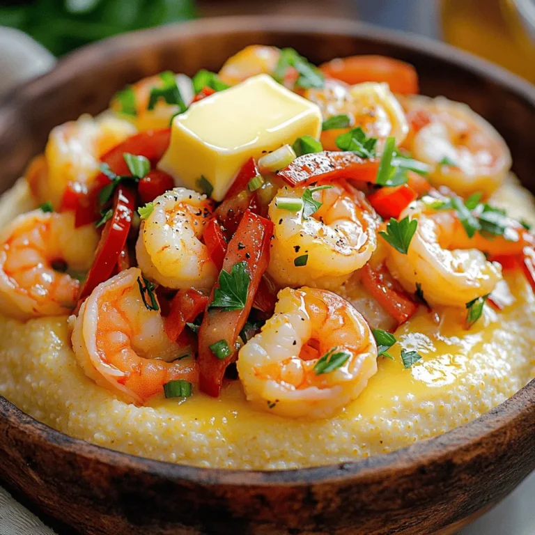 - 1 cup stone-ground grits - 4 cups water or chicken broth - 1 pound shrimp, peeled and deveined The star of this dish is the stone-ground grits. They give a rich and creamy base. Use water or broth for cooking to add more flavor. I recommend chicken broth for a savory kick. For the shrimp, choose fresh or frozen. Just make sure they are peeled and deveined. - 4 slices of smoked gouda cheese - 1 teaspoon smoked paprika - 1/2 teaspoon cayenne pepper (adjust based on your spice preference) Smoked gouda brings a unique taste that pairs well with shrimp. You can also try other cheeses, like cheddar. For spices, smoked paprika adds depth, and cayenne gives a nice kick. Adjust the cayenne to suit your heat preference. - 3 cloves garlic, minced - 1 small yellow onion, finely chopped - 1 red bell pepper, diced - 3 tablespoons unsalted butter, divided - 1 tablespoon olive oil - Salt and black pepper, to taste - 2 green onions, chopped (for garnish) - Fresh parsley, chopped (for garnish) Fresh vegetables like onion, bell pepper, and garlic add great flavor. They also give the dish a lovely texture. Use unsalted butter and olive oil for cooking. Finally, top it all with green onions and parsley for color. These garnishes brighten the dish and add freshness. For the complete recipe, check out the Full Recipe section. 1. In a large pot, bring 4 cups of water or chicken broth to a rolling boil. 2. Slowly whisk in 1 cup of stone-ground grits to avoid lumps. 3. Once mixed, reduce the heat to low. 4. Let the grits simmer, stirring occasionally, until thick and creamy, about 20-25 minutes. 5. If the grits get too thick, stir in more water or broth to reach your desired texture. 1. While the grits cook, heat 1 tablespoon of olive oil and 1 tablespoon of butter in a large skillet over medium heat. 2. Add 1 small yellow onion, 1 red bell pepper, and 3 cloves of minced garlic. 3. Sauté for about 5 minutes until the veggies are tender and fragrant. 4. Next, add 1 pound of shrimp to the skillet. 5. Season with 1 teaspoon of smoked paprika, 1/2 teaspoon of cayenne pepper, and a pinch of salt and black pepper. 6. Cook until the shrimp turn pink and opaque, about 3-4 minutes. 1. Reduce heat to low. Pour in 1/2 cup of heavy cream. 2. Add 4 slices of smoked gouda cheese and stir until melted. 3. Taste and adjust seasoning if needed, then remove from heat. 4. To serve, ladle the creamy grits into bowls. 5. Top each bowl with the shrimp mixture. 6. For a finishing touch, add a pat of remaining butter on top. 7. Garnish with chopped green onions and fresh parsley for color and flavor. For the complete recipe, check the [Full Recipe]. To make grits creamy, you need the right consistency. Start with a good ratio of liquid to grits. If your grits are too thick, add more water or broth. Stir often to keep them smooth and prevent lumps. Use a whisk for the best results. This method helps blend the grits well with the liquid. Cooking shrimp well makes a big difference. Sauté them quickly over medium heat. This keeps them juicy and tender. Adjust the spice level by adding more cayenne if you like heat. For a milder dish, cut back on the cayenne. You can also try adding lemon juice for a bright flavor. A great dish looks as good as it tastes. Garnish your shrimp and grits with chopped green onions and fresh parsley. This adds color and freshness. Serve the dish in rustic bowls to enhance the comfort feel. For extra flair, add a lemon wedge on the side. It gives a nice pop of flavor and makes the meal inviting. {{image_4}} You can switch to cauliflower grits for a lighter option. Cauliflower grits are low in carbs and packed with nutrients. Simply steam or boil cauliflower, then blend until smooth. You can mix in some cheese for flavor. For shrimp, consider using smaller shrimp or even shrimp alternatives. Shrimp can be high in calories, so choose lower-calorie fish or plant-based options. This keeps the dish tasty without the extra calories. Adding different cheeses can take your dish to a new level. Try cheddar for a sharp kick, or parmesan for a nutty flavor. Each cheese brings its own unique taste. You can also spice things up by incorporating different spices. Add garlic powder for depth, or Cajun seasoning for a kick. Experimenting with spices lets you find the flavor you love the most. Cajun-style shrimp and grits are a fun way to mix things up. Use andouille sausage and a spicy blend of seasonings. This adds a bold kick and deep flavor to the dish. Traditional Southern touches can make your meal more authentic. Use local ingredients or add a sprinkle of Old Bay seasoning. This pays homage to the classic Southern roots of this comfort food. To store shrimp and grits, let them cool first. Place leftovers in an airtight container. Keep them in the fridge for up to three days. Make sure to separate the shrimp and grits if you can. This helps keep the texture nice. When you’re ready to enjoy leftovers, use gentle heat. You can microwave them, but add a splash of water or broth. This keeps the grits creamy. Stir often and heat until warm. You can also reheat on the stove over low heat. Just add a little liquid and stir. Yes, you can freeze shrimp and grits! However, the texture may change. To freeze, let the dish cool completely. Then, use a freezer-safe container. Store for up to three months. When you’re ready to eat, thaw in the fridge overnight. Reheat on the stove with a splash of broth or water for best results. I recommend using fresh shrimp if you can find it. Fresh shrimp has a sweet taste and firm texture. If fresh shrimp is not available, frozen shrimp also works. Just ensure it is peeled and deveined. Thaw the shrimp in the fridge overnight for the best results. Yes, you can spice up your shrimp and grits! Add cayenne pepper for heat. You can also mix in hot sauce or diced jalapeños. Start with a little and taste as you go. This way, you control how spicy it gets. You can make shrimp and grits vegetarian easily. Swap shrimp for sautéed mushrooms or roasted cauliflower. Use vegetable broth instead of chicken broth. For creaminess, you can use coconut milk or a plant-based cream. This keeps the dish rich and delicious without the shrimp. For the full recipe, check out the Savory Shrimp & Grits Delight. Shrimp and grits are a dish filled with rich flavors and textures. We explored the main ingredients, like stone-ground grits and shrimp, and how spices and cheeses enhance the taste. I provided step-by-step cooking instructions, tips for creamy grits, and serving ideas. We also looked at healthy variations and how to store leftovers. Now, you can make this dish your own. Try new ingredients or adjust the spices to fit your taste. Enjoy your cooking journey!
