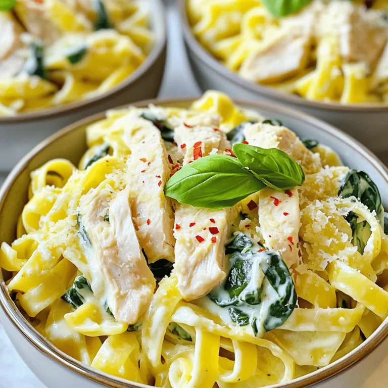 - 2 boneless, skinless chicken breasts - 8 oz fettuccine pasta - 2 cups fresh spinach, roughly chopped - 1 cup heavy cream - 1 cup finely grated Parmesan cheese - 2 tablespoons olive oil - 2 cloves garlic, minced - Salt and freshly ground black pepper, to taste - Fresh basil leaves, for garnish (optional) - Red pepper flakes, for a spicy kick (optional) When I cook Chicken and Spinach Alfredo, I gather these key ingredients first. The chicken breasts are a must because they add protein and flavor. I prefer fettuccine pasta for its wide shape, which holds the creamy sauce well. Fresh spinach adds a pop of green and nutrients, making the dish feel lighter. Next, I grab heavy cream. It’s the star of the sauce, bringing that rich, smooth texture. Of course, Parmesan cheese can't be skipped. It gives depth and a savory taste that blends perfectly with the cream. In the additional ingredients, olive oil is essential for cooking. It adds a nice flavor base. Minced garlic brings a wonderful aroma and a bit of zing. I always keep salt and pepper handy to season the dish just right. Lastly, I suggest garnishing with fresh basil for that extra flair. A sprinkle of red pepper flakes can bring heat if you like a spicy bite. For the full list of ingredients, check out the Full Recipe. First, I boil a large pot of salted water. Once it bubbles, I add the fettuccine. I cook it until it's al dente, which takes about 8-10 minutes. After cooking, I drain the pasta but keep a small cup of the pasta water for later. While the pasta cooks, I heat olive oil in a skillet over medium heat. I take the chicken breasts and season them with salt and pepper on both sides. I place the chicken in the hot skillet and cook for about 6-7 minutes on each side. When they turn golden brown and are fully cooked, I remove them from the skillet. I let them rest for a few minutes before slicing them into thin strips. In the same skillet, I lower the heat and add minced garlic. I sauté it for about 30 seconds until it smells amazing. Then, I slowly pour in heavy cream while stirring. I let it simmer gently, making sure it doesn’t boil. Next, I whisk in grated Parmesan cheese until the sauce is smooth and creamy. I add the chopped spinach and let it cook for 1-2 minutes until it wilts. Now, I carefully fold the cooked fettuccine into the creamy sauce. I mix it well so each strand is coated. If the sauce is too thick, I add a bit of the reserved pasta water to get the right consistency. Finally, I arrange the sliced chicken on top of the pasta. If I want a spicy touch, I sprinkle some red pepper flakes over everything. For the full recipe, check out the earlier section. - Adjusting seasoning: Start by tasting your sauce as you cook. Add more salt or pepper if needed. A pinch of nutmeg can also enhance the flavor. This small touch makes a big difference. - Whisking technique for smooth sauce: When you add the cream and cheese, whisk constantly. This helps to blend everything smoothly. It prevents lumps and ensures a creamy texture. - Presentation tips: Serve the Chicken and Spinach Alfredo in shallow bowls. Drizzle extra sauce on top for a rich look. Finish with freshly grated Parmesan and a basil sprig. This adds color and makes the dish pop. - Best accompaniments: Garlic bread or a fresh salad pairs perfectly. The crunch of the salad balances the creaminess of the dish. A glass of white wine complements the flavors well too. - Multitasking during prep: While the pasta cooks, focus on the chicken. Season it and cook it in the same skillet. This saves time and adds flavor to the sauce. Always keep an eye on the pasta so it doesn’t overcook. By using these tips, you can make your Chicken and Spinach Alfredo even better. Each step adds to the dish's overall experience, making it truly enjoyable. Enjoy the process and get creative! {{image_4}} You can switch out the chicken for other proteins. Shrimp works great in this dish. It adds a nice flavor and cooks quickly. Tofu is a good option for a vegetarian meal. Just make sure to season it well before cooking. For pasta, fettuccine is classic, but you can try penne or whole wheat. Penne holds the sauce well due to its shape. Whole wheat adds a nutty flavor and more fiber. Want to boost nutrition? Add seasonal vegetables. Broccoli brings crunch and color. You can steam it lightly before adding. Bell peppers add sweetness and vibrancy. Slice them thinly to mix in easily. Feel free to experiment! Seasonal vegetables can change the dish each time. Enhancing flavor is simple. You can add herbs like Italian seasoning for a savory kick. A sprinkle of lemon zest brightens the dish and adds freshness. For a bit of heat, red pepper flakes are great. Just a pinch goes a long way. These variations keep your Chicken and Spinach Alfredo fun and fresh. Check out the Full Recipe to get started! After you enjoy your Chicken and Spinach Alfredo, store any leftovers in the fridge. Use an airtight container to keep it fresh. You can keep it for about 3 to 4 days. To reheat, put the pasta in a pan over low heat. Add a splash of water or cream to help it warm evenly. Stir often to keep it creamy and avoid burning. If you want to keep it longer, you can freeze Chicken and Spinach Alfredo. Place it in a freezer-safe container or bag. Make sure to remove as much air as possible. It can last in the freezer for up to 2 months. When you are ready to eat it, take it out and thaw it in the fridge overnight. To reheat, warm it in a pan over low heat, adding a bit of water or cream to restore its creaminess. For the complete recipe, check the [Full Recipe]. Chicken and Spinach Alfredo lasts about 3 to 4 days in the fridge. Store it in an airtight container to keep it fresh. Make sure to cool it down before placing it in the fridge. This helps prevent condensation, which can make the dish soggy. Yes, you can make this recipe ahead of time. Cook the pasta and chicken in advance. Store them separately from the sauce. When you’re ready to eat, just heat everything together. This keeps the pasta from getting mushy. For the best taste, try to eat it within a few days. You can use half-and-half for a lighter option. If you want a dairy-free choice, try coconut cream or cashew cream. Both options give a nice creamy texture. You may need to adjust the seasonings to match your taste. Yes, you can make this dish gluten-free. Use gluten-free pasta such as rice or corn pasta. For the sauce, just check the labels on your cream and cheese. Most are gluten-free, but it’s good to be sure. This way, everyone can enjoy your Chicken and Spinach Alfredo. For the full recipe, check the details above! This blog post covered the key ingredients and steps for making Chicken and Spinach Alfredo. We discussed how to prepare the pasta, cook the chicken, and create a creamy sauce. Plus, I shared tips for enhancing flavors and serving. Remember, you can mix it up with different proteins and veggies. Also, I provided storage advice to keep your meal fresh. Embrace your creativity in the kitchen. Enjoy a tasty meal and share it with friends or family!