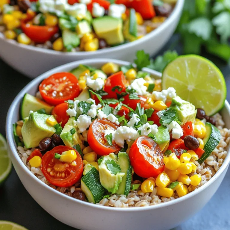 - 1 cup brown rice - 1 can (15 oz) black beans, rinsed and drained - 1 cup corn kernels (fresh, frozen, or canned) - 1 red bell pepper, diced - 1 small zucchini, diced - 1 cup cherry tomatoes, halved - 1 ripe avocado, diced - 1/4 cup fresh cilantro, chopped - Juice of 1 lime - 1 teaspoon ground cumin - 1 teaspoon chili powder - 2 tablespoons olive oil - Salt and pepper to taste - Optional toppings: Crumbled feta or cheddar cheese, sour cream or Greek yogurt The vibrant flavors in these vegetarian burrito bowls start with simple, fresh ingredients. First, you need brown rice. It serves as a hearty base. The black beans offer protein, while corn adds a sweet crunch. You can use fresh, frozen, or canned corn, depending on what you have. Next, you’ll want colorful vegetables. Diced red bell pepper and zucchini bring color and nutrients. The cherry tomatoes add juiciness and freshness. Don't forget the avocado; it adds creaminess and richness. Fresh cilantro on top gives a burst of flavor. For seasoning, lime juice brightens the dish. Ground cumin and chili powder add warmth and depth. Use olive oil to sauté the veggies and tie it all together. Salt and pepper will enhance all the flavors. Finally, you can customize your bowls with optional toppings. Crumbled feta or cheddar cheese can add a nice touch. A dollop of sour cream or Greek yogurt makes it even creamier. You can find the Full Recipe to make these vibrant veggie burrito bowls. The mix of textures and flavors will surely delight your taste buds! Start by cooking 1 cup of brown rice according to the package instructions. Once it is ready, fluff it gently with a fork. This helps keep the rice light and fluffy. Set it aside to cool slightly while you prepare the other ingredients. Grab a large skillet and heat 2 tablespoons of olive oil over medium heat. Add the diced red bell pepper and zucchini to the skillet. Sauté them for about 5 minutes. You want the vegetables to be tender and bright. This step adds a fresh taste to your burrito bowl. Next, mix in 1 cup of corn and 1 can of black beans, rinsed and drained. Add 1 teaspoon of ground cumin, 1 teaspoon of chili powder, and salt and pepper to taste. Stir everything together and continue cooking for an additional 3 to 4 minutes. This will heat all the ingredients through and blend their flavors. Now it's time to assemble your bowl! Start with a generous scoop of brown rice as the base. Then, spoon the warm vegetable and bean mixture over the rice. This layer adds a colorful and tasty touch. Top it off with halved cherry tomatoes, diced avocado, and chopped cilantro for a bright finish. For that extra zing, squeeze the juice of 1 lime over the assembled bowl. This will enhance the flavors and make your dish feel fresh and vibrant. If you want to add a little indulgence, sprinkle crumbled feta or cheddar cheese on top. You can also serve it with a dollop of sour cream or Greek yogurt for creaminess. These optional garnishes make the dish even more delightful. - Make rice in advance for quicker assembly. - Opt for fresh ingredients for better flavor. When you prepare the rice ahead of time, it saves you a lot of stress. Just cook it the day before or even earlier in the week. Store it in the fridge, and it will be ready when you need it. Fresh ingredients, like ripe tomatoes and crisp bell peppers, really make a difference in taste. The brighter the colors, the better the flavor! - Use wide, shallow bowls for serving. - Arrange ingredients in sections for visual appeal. Serving your burrito bowls in wide, shallow bowls helps everyone see all the delicious layers. When you arrange each ingredient in separate sections, it makes the meal look fancy and fun. You can even add lime wedges or a sprinkle of cilantro on top for an extra touch. - Experiment with additional spices like paprika or cayenne. - Add lime zest for an extra citrus kick. If you want to spice things up, try adding paprika or cayenne. These spices can give your bowls a nice kick. For an extra burst of freshness, add lime zest. It brightens the dish and makes every bite more exciting. {{image_4}} You can boost the protein in your burrito bowl easily. Grilled tofu adds a nice texture. It soaks up flavors well. Tempeh is another great choice. It has a nutty taste and is packed with protein. Both options are filling and tasty. Lentils are a hearty substitute for meat. They are rich in fiber and protein. You can cook them quickly. Just add them to your veggie mix for an extra kick. Switching up your grains can change the whole dish. Quinoa is a fantastic choice. It’s fluffy and adds a nutty flavor. Cauliflower rice is a low-carb option. It gives a light and fresh feel to your bowl. If you need a quick option, use white rice. It cooks faster and is always a crowd-pleaser. You can create different flavor profiles with a few tweaks. For a Mexican-style bowl, add jalapeños. They give a spicy kick. A chipotle sauce can add a smoky depth. If you want a Mediterranean twist, try adding olives. Feta cheese complements the other flavors well. Both options open up new taste horizons. Store leftover burrito bowls in airtight containers. This keeps the flavors fresh. You can refrigerate them for up to 3 days. Just make sure the lid is tight to prevent spills and keep them tasting great. For the best texture, freeze components separately. This way, your rice stays fluffy, and veggies stay crisp. You can store them in the freezer for up to 2 months. Just remember to label the containers with the date. When you’re ready to enjoy your burrito bowls again, reheat them in the microwave or on the stovetop. If you use the microwave, add a splash of water. This little trick helps prevent drying out. Stir the mixture halfway through to heat evenly. Enjoy your delicious meal! Yes! Vegetarian burrito bowls are packed with nutrient-dense ingredients. Brown rice gives you fiber and energy. Black beans add protein and iron. Fresh veggies like bell peppers and zucchini bring vitamins. Avocado gives healthy fats. This mix makes a balanced meal. Absolutely! You can swap or add vegetables as you like. Want more crunch? Toss in some shredded carrots or radishes. Prefer greens? Add spinach or kale. The options are endless. Make it your own! To keep your burrito bowls gluten-free, check the labels. Ensure your beans and seasonings are certified gluten-free. Most canned beans are safe, but double-check. This way, everyone can enjoy your tasty dish. You can pair your burrito bowls with tasty sides. Tortilla chips add crunch and fun. Guacamole brings creaminess and flavor. A side salad makes it fresh and light. These sides enhance the whole meal experience. When stored properly, burrito bowls last for about 3 days. Use airtight containers to keep them fresh. If you want to eat them later, consider freezing some components. This keeps your meal ready for busy days. Find the full recipe for these vibrant veggie burrito bowls here. This blog post covered everything you need for tasty vegetarian burrito bowls. We looked at key ingredients, from brown rice to fresh veggies. I shared step-by-step instructions for easy preparation and tips for storage and flavor. Remember, you can mix and match ingredients to suit your taste. These bowls are simple, healthy, and fun to make. They can easily fit into any meal plan. Enjoy creating your own delicious burrito bowl!