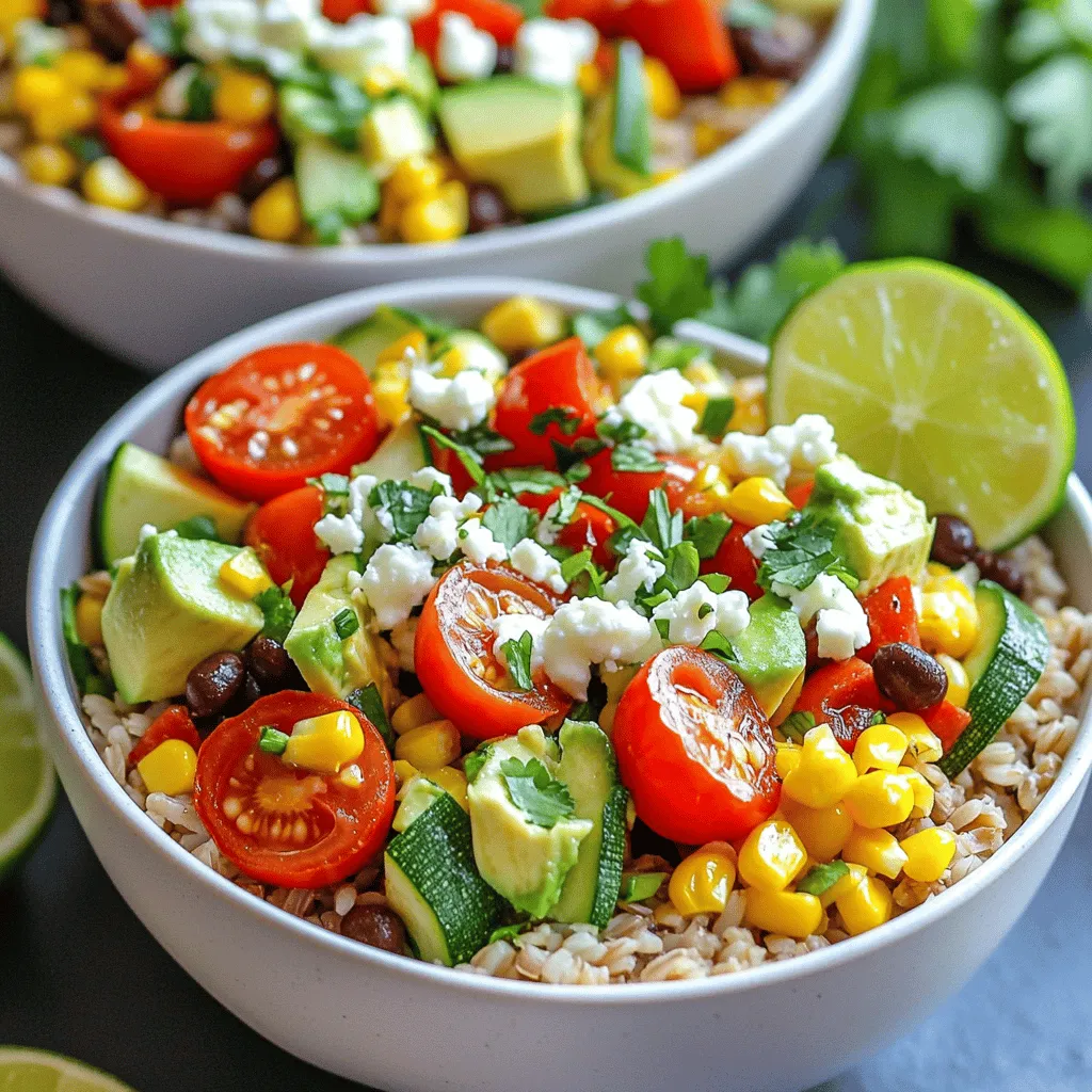 - 1 cup brown rice - 1 can (15 oz) black beans, rinsed and drained - 1 cup corn kernels (fresh, frozen, or canned) - 1 red bell pepper, diced - 1 small zucchini, diced - 1 cup cherry tomatoes, halved - 1 ripe avocado, diced - 1/4 cup fresh cilantro, chopped - Juice of 1 lime - 1 teaspoon ground cumin - 1 teaspoon chili powder - 2 tablespoons olive oil - Salt and pepper to taste - Optional toppings: Crumbled feta or cheddar cheese, sour cream or Greek yogurt The vibrant flavors in these vegetarian burrito bowls start with simple, fresh ingredients. First, you need brown rice. It serves as a hearty base. The black beans offer protein, while corn adds a sweet crunch. You can use fresh, frozen, or canned corn, depending on what you have. Next, you’ll want colorful vegetables. Diced red bell pepper and zucchini bring color and nutrients. The cherry tomatoes add juiciness and freshness. Don't forget the avocado; it adds creaminess and richness. Fresh cilantro on top gives a burst of flavor. For seasoning, lime juice brightens the dish. Ground cumin and chili powder add warmth and depth. Use olive oil to sauté the veggies and tie it all together. Salt and pepper will enhance all the flavors. Finally, you can customize your bowls with optional toppings. Crumbled feta or cheddar cheese can add a nice touch. A dollop of sour cream or Greek yogurt makes it even creamier. You can find the Full Recipe to make these vibrant veggie burrito bowls. The mix of textures and flavors will surely delight your taste buds! Start by cooking 1 cup of brown rice according to the package instructions. Once it is ready, fluff it gently with a fork. This helps keep the rice light and fluffy. Set it aside to cool slightly while you prepare the other ingredients. Grab a large skillet and heat 2 tablespoons of olive oil over medium heat. Add the diced red bell pepper and zucchini to the skillet. Sauté them for about 5 minutes. You want the vegetables to be tender and bright. This step adds a fresh taste to your burrito bowl. Next, mix in 1 cup of corn and 1 can of black beans, rinsed and drained. Add 1 teaspoon of ground cumin, 1 teaspoon of chili powder, and salt and pepper to taste. Stir everything together and continue cooking for an additional 3 to 4 minutes. This will heat all the ingredients through and blend their flavors. Now it's time to assemble your bowl! Start with a generous scoop of brown rice as the base. Then, spoon the warm vegetable and bean mixture over the rice. This layer adds a colorful and tasty touch. Top it off with halved cherry tomatoes, diced avocado, and chopped cilantro for a bright finish. For that extra zing, squeeze the juice of 1 lime over the assembled bowl. This will enhance the flavors and make your dish feel fresh and vibrant. If you want to add a little indulgence, sprinkle crumbled feta or cheddar cheese on top. You can also serve it with a dollop of sour cream or Greek yogurt for creaminess. These optional garnishes make the dish even more delightful. - Make rice in advance for quicker assembly. - Opt for fresh ingredients for better flavor. When you prepare the rice ahead of time, it saves you a lot of stress. Just cook it the day before or even earlier in the week. Store it in the fridge, and it will be ready when you need it. Fresh ingredients, like ripe tomatoes and crisp bell peppers, really make a difference in taste. The brighter the colors, the better the flavor! - Use wide, shallow bowls for serving. - Arrange ingredients in sections for visual appeal. Serving your burrito bowls in wide, shallow bowls helps everyone see all the delicious layers. When you arrange each ingredient in separate sections, it makes the meal look fancy and fun. You can even add lime wedges or a sprinkle of cilantro on top for an extra touch. - Experiment with additional spices like paprika or cayenne. - Add lime zest for an extra citrus kick. If you want to spice things up, try adding paprika or cayenne. These spices can give your bowls a nice kick. For an extra burst of freshness, add lime zest. It brightens the dish and makes every bite more exciting. {{image_4}} You can boost the protein in your burrito bowl easily. Grilled tofu adds a nice texture. It soaks up flavors well. Tempeh is another great choice. It has a nutty taste and is packed with protein. Both options are filling and tasty. Lentils are a hearty substitute for meat. They are rich in fiber and protein. You can cook them quickly. Just add them to your veggie mix for an extra kick. Switching up your grains can change the whole dish. Quinoa is a fantastic choice. It’s fluffy and adds a nutty flavor. Cauliflower rice is a low-carb option. It gives a light and fresh feel to your bowl. If you need a quick option, use white rice. It cooks faster and is always a crowd-pleaser. You can create different flavor profiles with a few tweaks. For a Mexican-style bowl, add jalapeños. They give a spicy kick. A chipotle sauce can add a smoky depth. If you want a Mediterranean twist, try adding olives. Feta cheese complements the other flavors well. Both options open up new taste horizons. Store leftover burrito bowls in airtight containers. This keeps the flavors fresh. You can refrigerate them for up to 3 days. Just make sure the lid is tight to prevent spills and keep them tasting great. For the best texture, freeze components separately. This way, your rice stays fluffy, and veggies stay crisp. You can store them in the freezer for up to 2 months. Just remember to label the containers with the date. When you’re ready to enjoy your burrito bowls again, reheat them in the microwave or on the stovetop. If you use the microwave, add a splash of water. This little trick helps prevent drying out. Stir the mixture halfway through to heat evenly. Enjoy your delicious meal! Yes! Vegetarian burrito bowls are packed with nutrient-dense ingredients. Brown rice gives you fiber and energy. Black beans add protein and iron. Fresh veggies like bell peppers and zucchini bring vitamins. Avocado gives healthy fats. This mix makes a balanced meal. Absolutely! You can swap or add vegetables as you like. Want more crunch? Toss in some shredded carrots or radishes. Prefer greens? Add spinach or kale. The options are endless. Make it your own! To keep your burrito bowls gluten-free, check the labels. Ensure your beans and seasonings are certified gluten-free. Most canned beans are safe, but double-check. This way, everyone can enjoy your tasty dish. You can pair your burrito bowls with tasty sides. Tortilla chips add crunch and fun. Guacamole brings creaminess and flavor. A side salad makes it fresh and light. These sides enhance the whole meal experience. When stored properly, burrito bowls last for about 3 days. Use airtight containers to keep them fresh. If you want to eat them later, consider freezing some components. This keeps your meal ready for busy days. Find the full recipe for these vibrant veggie burrito bowls here. This blog post covered everything you need for tasty vegetarian burrito bowls. We looked at key ingredients, from brown rice to fresh veggies. I shared step-by-step instructions for easy preparation and tips for storage and flavor. Remember, you can mix and match ingredients to suit your taste. These bowls are simple, healthy, and fun to make. They can easily fit into any meal plan. Enjoy creating your own delicious burrito bowl!