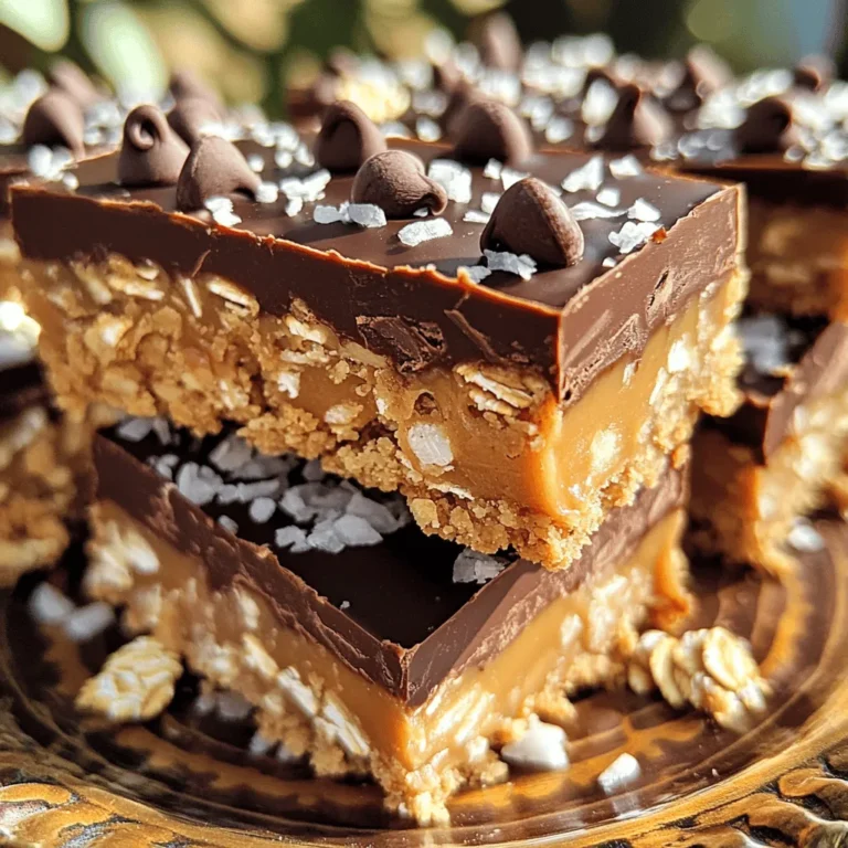- 1 cup creamy peanut butter - 1/2 cup honey or maple syrup - 1 cup rolled oats - 1/2 cup unsweetened shredded coconut - 1/2 cup chocolate chips - 1/2 teaspoon pure vanilla extract - 1/4 teaspoon fine sea salt You can replace honey with maple syrup for a vegan option. For gluten-free bars, use certified gluten-free oats. This keeps the recipe tasty and inclusive for all. When buying peanut butter, look for natural options. They have no added sugar or oils. For chocolate chips, choose high-quality brands. This affects the overall taste and texture. Good chocolate melts better and adds richness. To start, we need to heat the peanut butter and sweetener. Take a medium saucepan and add 1 cup of creamy peanut butter with 1/2 cup of honey or maple syrup. Heat this over low heat. Stir as you go. You want the mix to be smooth and combined. This usually takes about 3-4 minutes. Once it’s melted and smooth, remove the pan from the heat. Add 1/2 teaspoon of pure vanilla extract and 1/4 teaspoon of fine sea salt. Stir well to make sure these flavors mix in evenly. Next, we will mix our dry ingredients. In a large bowl, combine 1 cup of rolled oats, 1/2 cup of unsweetened shredded coconut, and 1/2 cup of chocolate chips. Give it a good stir. Make sure everything is evenly mixed. This step is key to getting the right texture in your bars. If you want, you can use a whisk for an even better mix. Now it’s time to bring everything together. Pour the warm peanut butter mixture over the dry mix. Use a spatula or wooden spoon to stir until all the oats and coconut are coated well. Prepare an 8x8-inch square baking dish by lining it with parchment paper. Leave some paper hanging over the sides. This will help you lift the bars out later. Transfer the mixture into the lined dish. Spread it evenly across the bottom. Press it down firmly with your hands or a spatula. Make sure it’s compact. This helps the bars hold their shape. Once pressed, sprinkle the remaining chocolate chips on top. Gently press them in so they stick. Cover the dish with plastic wrap and place it in the fridge for at least 2 hours. This will help the bars set. After they are firm, lift them out using the parchment. Cut them into squares or rectangles. Enjoy your delicious treat! For the full recipe, check out the details above. - Overheating the peanut butter: Heat it gently. If it gets too hot, it can lose flavor. Stir constantly until smooth, about 3-4 minutes. - Insufficiently pressing down the mixture: Press firmly to create a compact layer. This helps the bars stay together when cut. - Ideas for adding nuts or dried fruit: Try adding chopped walnuts or almonds for crunch. Dried cranberries or raisins can add sweetness and chewiness. Mix these in with the oats for even flavor. - Using different flavor extracts: Swap vanilla for almond or peppermint extract. This can change the whole taste profile. - Pairing with ice cream or yogurt: Serve these bars with a scoop of vanilla ice cream. The cold ice cream makes a nice contrast to the rich bars. You can also try them with yogurt for a creamy touch. - Creative presentations for gatherings: Cut the bars into fun shapes with cookie cutters. Drizzle melted chocolate on top for a fancy look. Arrange them on a colorful plate to impress guests. For the complete guide, check out the Full Recipe. {{image_4}} You can change these bars by adding protein powder. This makes them great for a post-workout snack. Use one scoop of your favorite protein powder. Mix it in with the oats and coconut. It will add a nice boost without changing much of the taste. Another option is to swap coconut for almond flour. This change makes the bars grain-free and nutty. Just use the same amount of almond flour as coconut. You will still enjoy that chewy texture, but with a twist. Try using dark chocolate instead of milk chocolate. Dark chocolate brings a richer taste. It also has less sugar, so it’s a healthier choice. You can enjoy a deeper chocolate flavor with this simple switch. Adding spices like cinnamon or nutmeg can enhance your bars. Just a pinch can make a big difference. These spices add warmth and a hint of comfort. Experiment with the amounts to find your favorite balance. If you need nut-free options, you can use sun butter. This alternative tastes great and keeps the bars creamy. Just swap peanut butter for sun butter at the same ratio. For low-sugar modifications, you can reduce the honey or maple syrup. You can also use a sugar substitute, like stevia or erythritol. This way, you can still enjoy a sweet treat without the extra sugar. For the complete instructions, check out the Full Recipe! To keep your no-bake chocolate peanut butter bars fresh, store them in the fridge. Wrap them tightly in plastic wrap or place them in an airtight container. This helps maintain their taste and texture. They can last up to one week in the fridge. For longer storage, you can freeze them. Cut the bars into squares and layer them in a freezer-safe container. They stay good for about three months in the freezer. Choose containers that are airtight and made of glass or plastic. Glass containers work best as they do not absorb smells. To prevent sticking, place parchment paper between layers of bars. This makes it easy to take out one bar without damaging others. You can also use wax paper for this purpose. For the best flavor, eat the bars within a week when stored in the fridge. Look for any unusual smells, discoloration, or a change in texture. If the bars feel dry or crumbly, they may not taste as good. Always check before enjoying your treat! No-bake chocolate peanut butter bars stay fresh for about one week in the fridge. For longer storage, you can freeze them. They last up to three months in the freezer. Just wrap them well in plastic wrap or foil. This keeps them safe from freezer burn. Yes, you can use crunchy peanut butter. It will change the texture. You will have little bits of peanuts nestled in the bars. This adds a nice crunch and extra flavor. The taste stays rich and creamy, too. If your bars are crumbly, try adding more peanut butter or honey. These ingredients help bind the mix together. You can also press the mixture more firmly into the pan. If all else fails, melt a bit more chocolate and mix it in. This can help hold everything together. In this post, we explored how to make delicious no-bake chocolate peanut butter bars. We discussed the key ingredients, possible substitutions, and tips for choosing the best quality items. You learned the step-by-step process for preparation, mixing, and assembling. Plus, we covered common mistakes, serving ideas, and variations. Remember, using natural ingredients makes a big difference in taste. Enjoy making these bars and sharing them! Following these tips will help you create a treat everyone will love. Happy cooking!