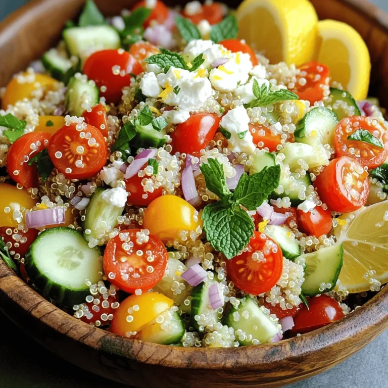 To make the Lemon Herb Quinoa Salad, gather these fresh ingredients: - 1 cup quinoa, thoroughly rinsed - 2 cups vegetable broth (or water) - 1 cup cherry tomatoes, halved - 1 medium cucumber, diced - 1 bell pepper (choose either red or yellow), diced - 1/2 medium red onion, finely chopped - 1/4 cup fresh parsley, coarsely chopped - 1/4 cup fresh mint leaves, coarsely chopped - 1/4 cup feta cheese, crumbled (optional) - Juice of 1 large lemon - 2 tablespoons extra virgin olive oil - Sea salt and freshly ground black pepper, to taste You can swap some ingredients to fit your tastes or needs. Here are some easy ideas: - Use chicken broth instead of vegetable broth for a richer flavor. - Try quinoa blends like red quinoa or black quinoa for a colorful twist. - Swap cherry tomatoes for diced bell peppers for a crunchier salad. - If you dislike onions, use green onions or omit them entirely. - Use sunflower seeds or nuts instead of feta for a nutty flavor. This salad is not just tasty; it has great health perks: - Quinoa is a complete protein. It helps build and repair tissues. - Cucumbers are hydrating and low in calories, making them great for weight loss. - Tomatoes are rich in antioxidants and support heart health. - Fresh herbs like parsley and mint add flavor while offering vitamins and minerals. - Lemon boosts vitamin C, which can help your immune system. - Olive oil is a healthy fat that may lower heart disease risk. These ingredients make the Lemon Herb Quinoa Salad both delicious and nutritious. For the full recipe, check out the details above. Start by rinsing one cup of quinoa under cold water. This step gets rid of any bitterness. In a medium saucepan, add the rinsed quinoa and two cups of vegetable broth. Turn the heat to medium-high and bring it to a boil. Once boiling, lower the heat to low. Cover it and let it simmer for about 15 minutes. You know it's done when the quinoa is fluffy and all the liquid is gone. Remove the pot from the heat and let it cool to room temperature. While the quinoa cools, grab a large bowl. Add one cup of halved cherry tomatoes, one diced cucumber, and one diced bell pepper. You can pick either red or yellow. Then, finely chop half a red onion and toss it in. Stir well to mix the veggies. This colorful mix will add flavor and crunch to your salad. In a small bowl, whisk together the juice of one large lemon, two tablespoons of extra virgin olive oil, and a pinch of sea salt and black pepper. Mix it well until everything is blended. This dressing will brighten up the salad and bring all the flavors together. Once the quinoa has cooled, add it to the bowl with the vegetables. Gently fold the mixture to combine without smashing the quinoa. Then, pour the dressing over the salad and toss to coat everything evenly. Next, add a quarter cup of coarsely chopped parsley and mint. If you like, sprinkle in a quarter cup of crumbled feta cheese. Taste the salad and adjust any seasonings as needed. For the best taste, cover the salad and chill it in the fridge for at least 30 minutes. This allows the flavors to blend nicely. When ready to serve, present the salad in a large bowl, garnished with extra herbs and lemon wedges. Enjoy your fresh and flavorful Lemon Herb Quinoa Salad! For the full recipe, check out the link. To cook quinoa just right, rinse it well before cooking. This removes a bitter coating called saponin. Use two parts liquid to one part quinoa. Bring it to a boil, then lower the heat and cover. Simmer it for about 15 minutes. Once done, let it sit covered for five minutes. Fluff it with a fork to get that light texture you want. To boost flavors, use vegetable broth instead of water. It adds depth. Fresh herbs make a huge difference too. I love using parsley and mint for their bright taste. You could also add lemon zest for a citrusy punch. Always taste before serving and adjust salt or pepper as needed. A splash of vinegar can also lift the flavors. Serve your salad in a large, colorful bowl. This makes it look inviting. Consider garnishing with extra herbs or lemon wedges. For a fun twist, use a mason jar for individual servings. This adds a nice touch for gatherings. Chill the salad before serving. This helps the flavors mingle and taste even better. Check out the Full Recipe for more details! {{image_4}} You can boost the protein in your salad easily. Add cooked chicken for a hearty meal. Grilled or roasted chicken works best. If you prefer plant-based options, try chickpeas. They add great texture and flavor. You can even use cooked shrimp for a seafood twist. Each option makes the salad more filling. Seasonal veggies can change your salad game. In spring, add asparagus or peas for crunch. Summer brings fresh corn and zucchini, which taste amazing. In fall, roasted pumpkin or butternut squash can be a warm touch. Winter calls for hearty greens like kale. These veggies keep the salad fresh and exciting all year. The dressing is key to a flavorful salad. While lemon juice and olive oil are classic, you can mix it up. Try balsamic vinegar for a sweet tang. A honey mustard dressing adds a nice kick too. For a creamy texture, use Greek yogurt mixed with herbs. Each dressing creates a new flavor profile for your salad. To store your Lemon Herb Quinoa Salad, use an airtight container. This keeps the salad fresh. Place it in the fridge right after making it. The salad will hold its flavor and texture better this way. You can freeze this salad if you want to keep it longer. However, the texture may change. To freeze, put the salad in a freezer-safe bag. Remove as much air as you can. It’s best to eat it within one month for great flavor. In the fridge, this salad lasts about 3 to 5 days. After that, the veggies may become soggy. If you notice any odd smells or changes in color, it’s best to toss it. Always give it a quick taste test before serving leftovers to ensure freshness. The best way to cook quinoa is by using the ratio of two parts liquid to one part quinoa. Start by rinsing the quinoa to remove any bitter taste. Then, bring the liquid to a boil in a saucepan. Once boiling, add the rinsed quinoa, cover it, and reduce the heat. Let it simmer for about 15 minutes until the quinoa is fluffy and the liquid is absorbed. This method gives you perfect, tender grains every time. Yes, you can make Lemon Herb Quinoa Salad ahead of time. Prepare it a day in advance for the best flavor. Just make sure to store it in an airtight container in the fridge. The flavors will blend together beautifully as it sits. Just give it a good stir before serving. If you want to skip feta cheese, there are many options. You can use crumbled tofu for a similar texture. Or try using nutritional yeast for a cheesy flavor without dairy. Avocado also adds creaminess and can be a great addition. Yes, Lemon Herb Quinoa Salad is gluten-free. Quinoa itself is a gluten-free grain. This makes it a perfect option for those with gluten sensitivities or celiac disease. Enjoy it worry-free! To make this salad vegan, simply leave out the feta cheese. You can enhance the flavor with extra herbs or spices. Adding chickpeas can also boost protein and make it even heartier. Enjoy this vibrant salad as a fresh, plant-based meal! You now have a complete guide to making a Lemon Herb Quinoa Salad. We covered ingredients, cooking steps, and useful tips. Plus, we shared variations for more flavor and storage options. This salad is tasty and packed with nutrients. Use the tips to make it your own. Enjoy the fresh flavors and healthy benefits it brings to your meals. Happy cooking!