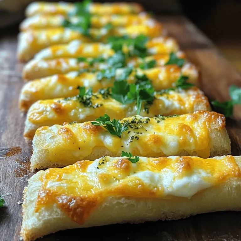 - 1 cup warm water - 2 ¼ teaspoons active dry yeast - 3 cups all-purpose flour - 1 teaspoon salt - 2 tablespoons extra virgin olive oil - 4 cloves fresh garlic, minced - 1 teaspoon dried oregano - 1 ½ cups shredded mozzarella cheese - ¼ cup grated Parmigiano-Reggiano cheese - Fresh parsley, finely chopped - Optional: marinara sauce for dipping To make cheesy garlic breadsticks, you need a few basic ingredients. Start with warm water, about 110°F or 43°C. This warmth helps the yeast activate. You’ll also need active dry yeast. It adds that lovely rise to your dough. Next, you’ll need flour. All-purpose flour works best for this recipe. Don’t forget the salt; it brings out the flavors of the breadsticks. Extra virgin olive oil adds richness and moisture. For flavor, garlic is a must. I love using fresh garlic for its strong taste. Dried oregano adds a hint of earthiness. For that gooey, cheesy goodness, you need mozzarella cheese. Parmigiano-Reggiano cheese adds a salty, nutty flavor that makes these breadsticks irresistible. When ready to serve, chop fresh parsley for a burst of color and taste. You can also pair these breadsticks with marinara sauce for dipping. It’s a match made in heaven. You can find the complete recipe for these delicious cheesy garlic breadsticks [here](#). - Combine 1 cup warm water, 2 ¼ teaspoons yeast, and 1 teaspoon sugar. - Let this sit for 5-10 minutes until it becomes frothy. This means the yeast is ready. - In a large bowl, mix 3 cups flour and 1 teaspoon salt. - Pour in the activated yeast mixture and 2 tablespoons olive oil. - Use your hands to mix until a sticky dough forms. - Place the dough on a floured surface and knead for about 5 minutes. - The goal is a smooth and elastic dough. - Lightly grease a bowl and place the kneaded dough inside. - Cover it with a kitchen towel and let it rise for 1 hour. - Once it doubles in size, gently punch it down to release air. - Roll the dough into a rectangle, about ½ inch thick. - Transfer it to a baking sheet, and score it into breadstick shapes. You can find the complete process in the Full Recipe. To make great breadsticks, check your dough's texture. The dough should feel smooth and soft. If it sticks to your fingers, it is too wet. If it pulls away cleanly, you’re on the right track. Knead it until it is elastic. This gives you that perfect bite. For the best results, preheat your oven to 425°F (220°C). This hot oven helps the breadsticks puff up and get golden. Line your baking sheet with parchment paper. This keeps your breadsticks from sticking and makes cleanup easy. Bake for 12-15 minutes. Watch for a golden brown color, that means they are ready! Want to spice things up? You can add extra flavors to your breadsticks. Try adding crushed red pepper for heat or fresh basil for a hint of sweetness. You can also use different cheeses. Cheddar or pepper jack can give you a fun twist. Mix and match to find your favorite! For the full recipe, check out the detailed steps. {{image_4}} You can change the cheese to make each batch unique. Try using cheddar for a sharp taste. Pepper jack adds a fun spicy kick. Mix and match cheeses to create your favorite flavor. Just remember, the more cheese, the better! If you want a vegan option, use plant-based cheese. There are many tasty brands available today. You can also make a garlic spread with olive oil and herbs instead of butter. This keeps the flavor rich while being dairy-free. Add fresh herbs to bring new life to your breadsticks. Chopped basil or thyme can add a lovely aroma. You can mix herbs into the dough or sprinkle them on top before baking. These small changes make a big difference. Try one of these variations next time you bake your cheesy garlic breadsticks using the Full Recipe! To store leftover breadsticks, let them cool completely first. Place them in an airtight container. This keeps them fresh. You can also wrap them in plastic wrap. Store them at room temperature for up to two days. If you want them to last longer, keep them in the fridge. Just remember, cold breadsticks can lose some of their warmth. Freezing is a great way to keep these breadsticks tasty for later. After they cool, wrap each breadstick in plastic wrap. Then, place them in a freezer bag. Make sure to remove as much air as possible. This helps avoid freezer burn. To reheat, take them out and let them thaw first. Then, bake them at 350°F (175°C) for about 10 minutes. They will taste fresh again! When stored properly, these breadsticks stay fresh for about two days at room temperature. In the fridge, they can last up to a week. If frozen, they can last for about three months. Just remember, the sooner you eat them, the better they will taste. For more details, check the Full Recipe. To make your breadsticks extra cheesy, you can add more cheese. Here are some tips: - Use a blend of mozzarella and cheddar for depth. - Sprinkle cheese on top before baking. - Add cheese to the dough for a cheesy base. - Mix in cream cheese with your garlic butter for a rich flavor. Each of these tips gives your breadsticks a gooey, cheesy texture. It enhances the flavor and makes every bite delightful. Yes, you can prepare these breadsticks ahead of time! Here’s how: - Make the dough and let it rise. - Shape the breadsticks and cover them with plastic wrap. - Store in the fridge for up to 24 hours. When you are ready, just take them out to rise a bit more and bake. This method saves time and allows you to enjoy fresh breadsticks without the fuss. Dipping sauces elevate your cheesy garlic breadsticks. Here are some great options: - Marinara sauce adds a classic touch. - Garlic butter enhances the garlic flavor. - Ranch dressing offers a creamy contrast. - Alfredo sauce gives a rich, cheesy dip. These dips not only complement the breadsticks but also add fun flavors to each bite. You can mix and match to find your perfect pairing! In this post, I shared how to make delicious cheesy garlic breadsticks. We covered essential ingredients, step-by-step instructions, and helpful tips. I also shared variations if you want something different. Now, you have the tools and knowledge to create your own. Enjoy these tasty treats with family or friends. Happy cooking!