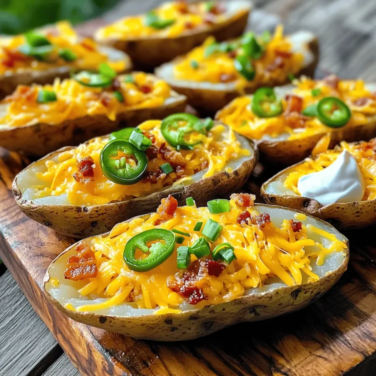 - 4 large russet potatoes - 1 cup shredded sharp cheddar cheese - 1 cup shredded pepper jack cheese - 1/2 cup sour cream - 1/4 cup sliced green onions - 1/4 cup cooked bacon bits (optional) - 1 jalapeño, finely diced - 2 tablespoons olive oil - 1 teaspoon garlic powder - 1 teaspoon smoked paprika - Salt and freshly ground black pepper to taste Russet potatoes are key for this recipe. Their thick skin holds up well and gives a nice crunch. The sharp cheddar cheese adds a bold flavor, while pepper jack brings a spicy kick. Sour cream balances the heat with creaminess. Green onions add freshness and color, making each bite pop. Bacon bits add a savory touch, but feel free to skip them for a lighter snack. If you want a different flavor, try using sweet potatoes instead of russet potatoes. For cheese, mozzarella or gouda work well too. You can swap sour cream for Greek yogurt for a tangy twist. For a milder taste, omit the jalapeño or use bell peppers instead. If you prefer a vegetarian version, skip the bacon bits altogether. Use your creativity to make this dish your own! 1. Preheat your oven to 400°F (200°C). This will help cook the potatoes evenly. 2. Scrub the russet potatoes well under running water. Dry them with a towel. 3. Use a fork to prick each potato multiple times. This allows steam to escape while baking. 4. Coat each potato with olive oil. Sprinkle some salt on each one for flavor. 5. Place the potatoes directly on the oven rack. Bake them for 45-60 minutes. They should feel tender when pierced with a fork. 6. After baking, remove the potatoes and let them cool for about 10 minutes. This makes them easier to handle. 7. Lower the oven temperature to 425°F (220°C) for the next step. 1. Cut each potato in half lengthwise. Use a spoon to scoop out some flesh, leaving about 1/4 inch of skin. 2. Save the scooped-out potato for mashed potatoes or other dishes. 3. Brush the inside of each potato skin with olive oil. Season with garlic powder, smoked paprika, salt, and black pepper. 4. Place the potato skins, cut-side up, on a baking sheet lined with parchment paper for easy cleanup. 5. Fill each skin with a mix of shredded cheddar and pepper jack cheese. Add diced jalapeños and bacon bits if you like. 6. Bake the filled potato skins for an additional 10-15 minutes. Look for the cheese to melt and become bubbly. 7. Once they’re done, take them out and let them cool slightly before serving. - For a great look, arrange the potato skins on a large platter. Angle them slightly for a fun display. - Garnish with more green onions for color. Serve with a bowl of sour cream for dipping. - Keep an eye on the cheese while baking to avoid burning. You want it to be perfectly melted and slightly golden. For detailed cooking steps, make sure to check out the Full Recipe. To make your loaded potato skins perfect, follow these steps: - Choose the Right Potatoes: Use large russet potatoes. They have a great texture. - Bake Thoroughly: Bake potatoes at 400°F (200°C) for 45-60 minutes. They need to be soft. - Scoop Carefully: When scooping out the insides, leave about 1/4 inch of potato. This keeps the skins sturdy. - Season Well: Brush the insides with olive oil and sprinkle garlic powder, smoked paprika, salt, and pepper. This adds flavor. Presentation is key for loaded potato skins. Here are some ideas: - Use a Platter: Arrange the potato skins on a large platter. Angle them for a fun look. - Garnish: Add chopped green onions on top for color. This makes them pop. - Serve with Dips: Put a small bowl of sour cream nearby. It invites guests to dig in. Avoid these common mistakes for the best loaded potato skins: - Undercooking Potatoes: Don’t rush the baking. Potatoes must be soft. - Overstuffing: Fill the skins, but don’t overdo it. Too much filling makes them hard to eat. - Skipping Seasoning: Don’t skip the seasonings. They make a huge difference. These simple tips will help you create loaded potato skins that are both tasty and visually appealing. For the complete recipe, check out the Full Recipe. {{image_4}} Loaded potato skins are great because you can top them with many fun things. You can use the classic mix of cheese, bacon, and sour cream. But don’t stop there! Here are some tasty options: - BBQ Chicken: Add shredded BBQ chicken for a smoky flavor. - Buffalo Sauce: Drizzle with buffalo sauce for a spicy kick. - Guacamole: Top with guacamole for a fresh and creamy taste. - Chili: Use hearty chili for a filling, savory topping. - Vegetable Medley: Mix in diced bell peppers, corn, and black beans for a colorful twist. You can easily make loaded potato skins fit any diet. For a vegetarian version, swap out bacon for sautéed mushrooms or spinach. Use plant-based cheese to keep it vegetarian or vegan. Here are some ideas: - Black Bean and Corn: Mix black beans and corn with spices. - Avocado: Use mashed avocado instead of sour cream. - Tofu Crumbles: Season crumbled tofu for a protein boost. Changing the ingredients can make your potato skins unique. Try these ideas for new flavors: - Cheese Varieties: Use gouda, feta, or goat cheese for different tastes. - Herbs and Spices: Add fresh herbs like cilantro or dill for freshness. - Hot Sauce: A drizzle of hot sauce can spice things up. - Nuts and Seeds: Top with chopped nuts or seeds for crunch. Feel free to explore and create your perfect loaded potato skins with these variations! For the full recipe, check the details above. Store any leftover loaded potato skins in an airtight container. Let them cool before sealing. You can keep them in the fridge for up to three days. If you want to keep them longer, freezing is a good option. To reheat, preheat your oven to 350°F (175°C). Place the potato skins on a baking sheet. Heat them for about 10-15 minutes until warm. You can also use the microwave, but the skins may lose their crispiness. Yes, you can freeze loaded potato skins! First, let them cool completely. Then, wrap each skin tightly in plastic wrap. Place them in a freezer bag and remove as much air as possible. They can last up to two months in the freezer. When ready to eat, thaw them in the fridge overnight before reheating. Enjoy your delicious meal anytime! To keep potato skins crispy, bake them until they are golden brown. After baking, let them cool for a few minutes. This helps them firm up a bit. Brush the insides with olive oil before adding toppings. This adds flavor and helps with crispiness. Avoid overcrowding the baking sheet. This helps heat circulate around each skin. Yes, you can prepare potato skins ahead of time. Bake the potatoes and scoop out the insides. Store the skins in an airtight container in the fridge. You can fill them later before baking. Just be sure to add the toppings right before you bake them. This keeps the skins fresh and tasty. You can serve many things with loaded potato skins. They pair well with a simple salad or a bowl of chili. For a fun twist, try serving them with a spicy salsa or guacamole. You might also serve a selection of dips like ranch or blue cheese. These options make your meal more exciting and delicious. In this article, we covered key ingredients for loaded potato skins and their substitutes. I shared step-by-step instructions for preparation, baking, and assembly. You learned tips for cooking and presenting your dish without common mistakes. We also explored topping variations and storage methods for leftovers. Remember, with some creativity, you can make this dish your own while ensuring it stays delicious. Enjoy making loaded potato skins that will impress every guest!