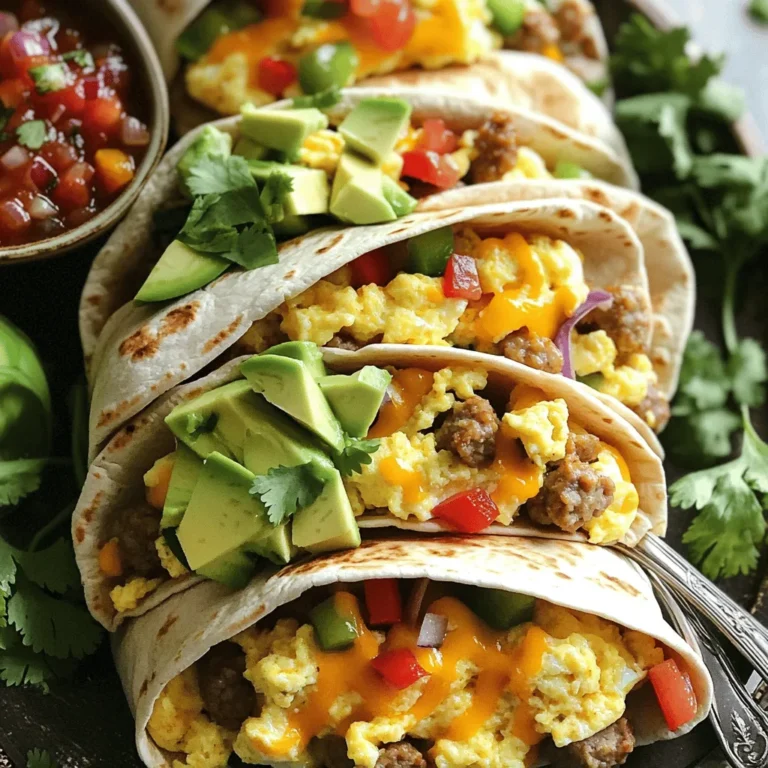 To make delicious loaded breakfast burritos, gather these simple ingredients: - 4 large flour tortillas - 6 large eggs - 1 cup shredded sharp cheddar cheese - 1 cup cooked breakfast sausage, crumbled - 1 cup bell peppers, diced (a vibrant mix of both red and green) - 1/2 cup red onion, finely diced - 1 ripe avocado, sliced for creamy texture - 1/2 cup salsa (your favorite kind will work) - 1/4 cup fresh cilantro, chopped for a burst of flavor - Salt and pepper to taste - 2 tablespoons olive oil for sautéing - Optional: hot sauce for an extra kick Loaded breakfast burritos are not just tasty; they can also be nutritious. Each burrito offers a good balance of protein, carbs, and healthy fats. Here are some key facts: - Calories: Approximately 500-600 per burrito (depending on fillings) - Protein: About 25-30 grams per serving - Fat: Roughly 30 grams, mostly from cheese and avocado - Carbohydrates: Around 40 grams, mainly from tortillas These values can vary based on your choices and portion sizes. Always adjust to your diet needs. You can easily swap some ingredients to fit your taste or dietary needs. Here are some ideas: - Tortillas: Try whole wheat or corn tortillas for a healthier option. - Cheese: Use mozzarella or a dairy-free cheese for other options. - Sausage: Replace with turkey sausage or black beans for vegetarian choices. - Bell Peppers: Any color works; you can also use spinach or kale for greens. - Avocado: Substitute with Greek yogurt for a creamy texture without the fat. These substitutions keep your burritos tasty while fitting your style. For the full recipe, check the section above. First, gather all your ingredients for the loaded breakfast burritos. This makes cooking easier. You need flour tortillas, eggs, cheese, sausage, bell peppers, red onion, avocado, salsa, cilantro, and olive oil. Start by heating the olive oil in a large skillet over medium heat. Add the diced bell peppers and red onion. Sauté them for about five minutes until they become soft. This step builds flavor and color. Next, whisk the eggs in a mixing bowl. Use a pinch of salt and pepper to season them well. Pour the eggs into the skillet with the veggies. Stir gently until the eggs are fluffy and cooked to your liking. This keeps them light and airy. Once the eggs are ready, remove the skillet from the heat. Mix in the crumbled sausage and half the cheese. Stir until everything is well combined. This adds protein and richness to your burrito filling. To cook eggs perfectly, remember these tips: - Use a non-stick skillet to prevent sticking. - Stir slowly and gently to keep the eggs fluffy. - Don't overcook the eggs; they should be soft and slightly gooey. - Season eggs at the start to let flavors deepen. To assemble your burritos, lay a tortilla flat on a plate. Place a scoop of the egg mixture in the center. Top it with avocado slices, salsa, chopped cilantro, and the remaining cheese. Next, fold the sides of the tortilla inwards. Then, roll it tightly from the bottom to the top. This keeps all the tasty fillings inside. If you want a crispy texture, place the rolled burritos back in the skillet for one to two minutes on each side. This melts the cheese and adds a nice crunch. Your loaded breakfast burritos are now ready! Serve them warm with extra salsa and hot sauce for those who enjoy a little heat. Enjoy the blend of flavors in every bite! When sautéing vegetables, always choose a large skillet. This gives you space to stir. Heat your olive oil over medium heat. If it’s too hot, your veggies may burn. Add the diced bell peppers and red onion. Stir them often. Cook until they soften, which takes about five minutes. This step builds great flavor. You can also add a pinch of salt to help them sweat. Fresh herbs can be added for extra taste. To keep your burrito filling safe, use the right amount of filling. Don’t overstuff your tortilla. Place a generous scoop in the center but not too much. Fold the sides in before rolling up the bottom. This helps to keep everything snug. You can also warm the tortillas slightly before filling. Warm tortillas are more flexible and less likely to tear. Using the right tools makes cooking easier and faster. Here are some must-haves: - A large skillet for sautéing. - A mixing bowl for whisking eggs. - A sharp knife for chopping veggies. - A cutting board for safe prep. - A spatula for easy stirring and serving. With these tools, you’ll move smoothly through the cooking process. Don’t forget to check out the Full Recipe for more details on making these delicious burritos! {{image_4}} You can easily make vegetarian loaded breakfast burritos. Swap out the sausage for black beans or sautéed mushrooms. Add spinach, kale, or zucchini for extra nutrients. Use the same recipe, but focus on fresh veggies. You will get a tasty and filling burrito without meat. If you love heat, try spicy loaded breakfast burritos. Add diced jalapeños or your favorite hot sauce to the egg mix. You can also use pepper jack cheese instead of cheddar. This will give your burrito a nice kick. Just make sure to balance the spice with creamy avocado. For gluten-free options, use corn tortillas instead of flour. They work well and add a nice flavor. You can also find gluten-free flour tortillas in most stores. Just check the labels to ensure they meet your needs. Enjoy your loaded breakfast burritos without worry! For the full recipe, check out the detailed instructions above. Enjoy making these delicious variations! To keep your leftover burritos fresh, wrap them tightly in foil or plastic wrap. You can also place them in an airtight container. This way, they will stay moist and tasty. Store them in the fridge for up to three days. If you plan to eat them later, it's best to freeze them. When you are ready to eat your burritos, the best way to reheat them is in the oven. Preheat the oven to 350°F (175°C). Place the burritos on a baking sheet and cover them with foil. Heat for about 15-20 minutes. This keeps the outside crisp while warming the inside. If you are in a hurry, you can use the microwave. Just heat them for 1-2 minutes, but this may make the tortillas a bit soft. Freezing is a great option if you want to save some burritos for later. Wrap each burrito in foil or plastic wrap, then place them in a freezer-safe bag. Label the bag with the date, and they will last for up to three months. To reheat, let them thaw in the fridge overnight before using the oven or microwave. This keeps them delicious and ready to enjoy! You can add many tasty things! Try black beans for extra fiber. Spinach or kale can boost nutrients. You might like adding diced tomatoes for freshness. For a kick, jalapeños are great. Consider using different cheeses too. Feta or pepper jack can change the flavor. Fresh herbs like parsley or basil can also enhance taste. Yes, you can! Prepare the filling and store it in the fridge. Wrap the burritos tightly in foil or plastic wrap. They will stay fresh for two to three days. In the morning, you can easily reheat them. Just pop them in the microwave or skillet. This way, you save time and enjoy a quick meal. Serve them warm on a large platter. Cut each burrito in half for easy eating. Add some extra salsa on the side. This lets everyone customize their taste. You can also offer toppings like sour cream or guacamole. Fresh cilantro or green onions can add a nice touch too. For a fun twist, serve them with a side of crispy hash browns. Enjoy your meal! Loaded breakfast burritos are a tasty and fun dish to make. We’ve covered the ingredients, cooking tips, and ways to customize your burritos. Remember to store and reheat them properly for the best taste. You can add veggies, spices, or go gluten-free to suit your taste. These burritos are not only filling but also great for busy mornings. Now, get cooking and enjoy your delicious creations!