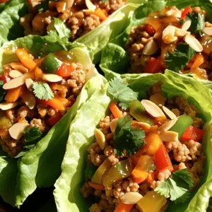 - 1 lb ground chicken - 1 tablespoon olive oil - 1 red bell pepper, diced - 1 carrot, grated - 3 green onions, finely chopped - 2 cloves garlic, minced - 1 tablespoon fresh ginger, grated - 3 tablespoons low-sodium soy sauce - 1 tablespoon rice vinegar - 1 tablespoon sesame oil - 1 tablespoon honey - Salt and pepper to taste - 1 head of butter lettuce or iceberg lettuce, leaves carefully separated - Optional toppings: chopped almonds, fresh cilantro, shredded coconut I love cooking with ground chicken. It cooks fast and takes on great flavors. Olive oil helps to keep the chicken moist. Fresh vegetables add color and crunch to the wraps. I use red bell pepper, carrot, and green onions for taste and texture. Aromatics like garlic and ginger bring warmth and depth to the dish. They make the kitchen smell amazing while cooking. For the sauce, I mix low-sodium soy sauce, rice vinegar, sesame oil, and honey. This gives the wraps a sweet and savory kick. I prefer using butter or iceberg lettuce for the wraps. They provide a nice, crisp bite. You can also add toppings like chopped almonds or fresh cilantro. These add extra flavor and crunch. For a touch of sweetness, consider shredded coconut. For the full recipe, check out the details I provided earlier. Enjoy making these tasty, healthy chicken lettuce wraps! 1. Heating the Oil: Start by adding olive oil to a large skillet. Heat it over medium until it shimmers. 2. Cooking the Chicken: Add ground chicken to the skillet. Cook it for about 5-7 minutes, stirring often, until it turns brown. Break up any large clumps with a spatula. 3. Adding Aromatics: Stir in minced garlic and grated ginger. Sauté for 1-2 minutes until the garlic turns a light gold and the smell fills the kitchen. 4. Incorporating Vegetables: Toss in diced red bell pepper and grated carrot. Sauté for 3-4 minutes, or until the veggies soften nicely. 1. Whisking the Sauce Ingredients Together: In a small bowl, whisk together the soy sauce, rice vinegar, sesame oil, and honey. Mix until it's smooth. 2. Combining Sauce with Chicken and Veggies: Pour the sauce over the chicken and veggie mixture in the skillet. Stir well to coat everything. Cook for another 2-3 minutes until heated through. 3. Finishing with Green Onions: Remove the skillet from heat. Gently fold in chopped green onions for a fresh kick. 1. Spoon Chicken Filling into Lettuce Leaves: Take a lettuce leaf and spoon in a generous amount of the chicken mix. 2. Adding Optional Toppings for Extra Flavor: For added flavor, sprinkle chopped almonds, fresh cilantro, or shredded coconut on top. This method creates a fun and tasty meal that’s easy to make. For the full recipe, check the earlier section. To prevent the chicken from becoming dry, cook it over medium heat. Stir often and break up clumps. This helps it brown evenly and stay juicy. For chopping vegetables, use a sharp knife. Dice the red bell pepper and grate the carrot into thin pieces. This makes them blend well in the wraps and adds great texture. For plating, arrange the filled lettuce wraps on a colorful platter. Add some lime wedges and extra cilantro around them. This creates a vibrant look that is sure to impress. Ideal sides for your wraps include brown rice or a light salad. You could also serve a soy dipping sauce for added flavor. To make ahead, cook the chicken filling and store it in an airtight container. You can keep it in the fridge for up to three days. When reheating, use a microwave or a skillet. Heat it slowly to keep the chicken moist. Always check the temperature; it should be hot all the way through. For the [Full Recipe], follow the detailed steps for a delicious meal. {{image_4}} You can switch up the protein in your wraps. Turkey works well instead of chicken. Ground turkey has a similar taste and texture. If you want a plant-based option, use lentils or mushrooms. They add a nice, hearty feel to your dish. Ground beef or shrimp can also shine in these wraps. Just adjust your cooking time for each protein. Adding different sauces can change the whole meal. For a spicy kick, try adding sriracha or chili paste. You can also mix in some hot sauce for extra heat. If you like sweet flavors, swap honey for maple syrup or agave. Different vinegars can change the taste too. Try apple cider vinegar for a fruity twist or balsamic vinegar for a rich flavor. You can explore new veggies in your wraps. Bell peppers, carrots, and green onions are great, but don’t stop there! Try zucchini, shredded cabbage, or even corn. They add color and crunch. Adding spices like cumin or coriander can boost flavor. Fresh herbs, like basil or mint, can add a bright taste. The more you mix and match, the more fun your wraps will be! For the full recipe, check here. To keep your chicken filling fresh, store it in an airtight container. This will lock in flavor and moisture. Place the chicken in the fridge right after it cools. It can stay good for about 3 to 4 days. For the lettuce, wrap the leaves in a damp paper towel. Then, place them in a plastic bag. This helps keep them crisp and fresh for about 2 to 3 days. Yes, you can freeze the chicken filling! It’s best to freeze it in a sturdy container or bag. Make sure to remove as much air as possible. The filling can last up to 3 months in the freezer. When you’re ready to eat, thaw the chicken in the fridge overnight. Reheat it in a skillet over medium heat until hot. This keeps the flavor and texture nice. Cooked chicken can be safely stored in the fridge for 3 to 4 days. Always check for signs of spoilage before eating. If the chicken smells off or has a slimy texture, it’s best to throw it away. Freshness is key to enjoying your Healthy Chicken Lettuce Wraps. For the best taste, eat them as soon as possible! Enjoy the full recipe for more guidance on this dish. You can add heat in several ways. Use crushed red pepper flakes for a kick. Sriracha or chili sauce also works well. If you like fresh heat, add sliced jalapeños. For a smoky flavor, try smoked paprika. Adjust the amount based on your spice level. Each option adds a unique twist to your wraps. Yes, you can use regular soy sauce. However, it has more salt than low-sodium options. This will change the flavor, making it saltier. If you're watching your sodium intake, low-sodium is better. You might need to cut back on other salty ingredients too. Always taste as you go to avoid over-salting. Chicken lettuce wraps have many health benefits. Ground chicken is lean and high in protein. The fresh vegetables add vitamins and minerals. Lettuce is low in calories and high in fiber, which aids digestion. Using low-sodium soy sauce helps keep sodium levels in check. This meal is light yet filling, making it a great choice. To make the wraps vegan, swap ground chicken for plant-based meat. You can use lentils, chickpeas, or tofu as great options. Replace honey with maple syrup or agave for sweetness. Use tamari instead of soy sauce for a gluten-free option. With these changes, you can enjoy a tasty vegan version of the dish. For the complete recipe, check out the Full Recipe. Healthy chicken lettuce wraps are simple and tasty. We covered key ingredients like ground chicken, fresh veggies, and flavorful sauces. The step-by-step guide helps you cook and assemble them perfectly. Tips on meal prep and variations let you get creative. In the end, you can enjoy a delicious dish tailored to your taste. These wraps are healthy, fun, and easy to make. Make them for a light dinner or a snack! Enjoy your cooking adventure!