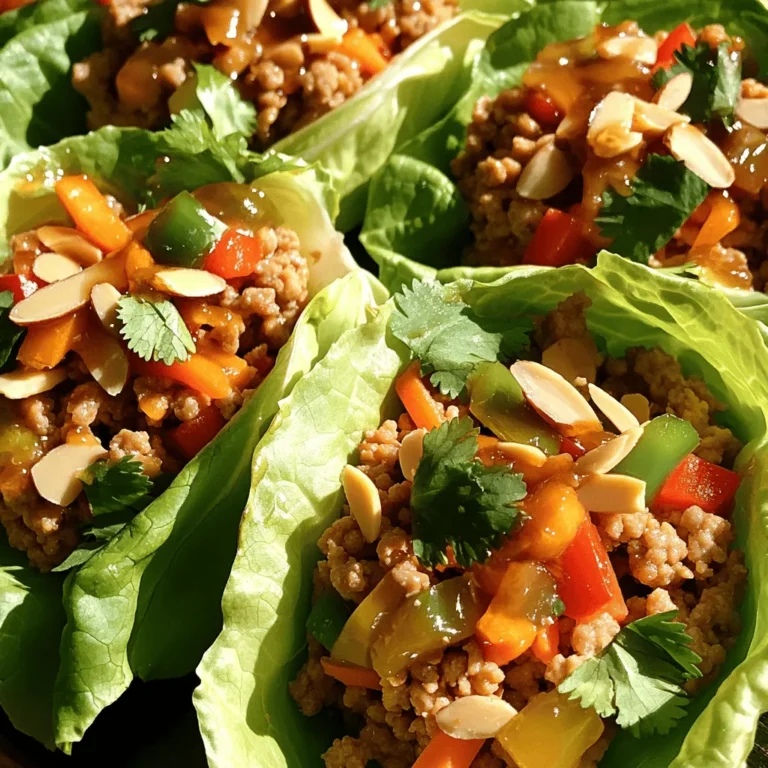 - 1 lb ground chicken - 1 tablespoon olive oil - 1 red bell pepper, diced - 1 carrot, grated - 3 green onions, finely chopped - 2 cloves garlic, minced - 1 tablespoon fresh ginger, grated - 3 tablespoons low-sodium soy sauce - 1 tablespoon rice vinegar - 1 tablespoon sesame oil - 1 tablespoon honey - Salt and pepper to taste - 1 head of butter lettuce or iceberg lettuce, leaves carefully separated - Optional toppings: chopped almonds, fresh cilantro, shredded coconut I love cooking with ground chicken. It cooks fast and takes on great flavors. Olive oil helps to keep the chicken moist. Fresh vegetables add color and crunch to the wraps. I use red bell pepper, carrot, and green onions for taste and texture. Aromatics like garlic and ginger bring warmth and depth to the dish. They make the kitchen smell amazing while cooking. For the sauce, I mix low-sodium soy sauce, rice vinegar, sesame oil, and honey. This gives the wraps a sweet and savory kick. I prefer using butter or iceberg lettuce for the wraps. They provide a nice, crisp bite. You can also add toppings like chopped almonds or fresh cilantro. These add extra flavor and crunch. For a touch of sweetness, consider shredded coconut. For the full recipe, check out the details I provided earlier. Enjoy making these tasty, healthy chicken lettuce wraps! 1. Heating the Oil: Start by adding olive oil to a large skillet. Heat it over medium until it shimmers. 2. Cooking the Chicken: Add ground chicken to the skillet. Cook it for about 5-7 minutes, stirring often, until it turns brown. Break up any large clumps with a spatula. 3. Adding Aromatics: Stir in minced garlic and grated ginger. Sauté for 1-2 minutes until the garlic turns a light gold and the smell fills the kitchen. 4. Incorporating Vegetables: Toss in diced red bell pepper and grated carrot. Sauté for 3-4 minutes, or until the veggies soften nicely. 1. Whisking the Sauce Ingredients Together: In a small bowl, whisk together the soy sauce, rice vinegar, sesame oil, and honey. Mix until it's smooth. 2. Combining Sauce with Chicken and Veggies: Pour the sauce over the chicken and veggie mixture in the skillet. Stir well to coat everything. Cook for another 2-3 minutes until heated through. 3. Finishing with Green Onions: Remove the skillet from heat. Gently fold in chopped green onions for a fresh kick. 1. Spoon Chicken Filling into Lettuce Leaves: Take a lettuce leaf and spoon in a generous amount of the chicken mix. 2. Adding Optional Toppings for Extra Flavor: For added flavor, sprinkle chopped almonds, fresh cilantro, or shredded coconut on top. This method creates a fun and tasty meal that’s easy to make. For the full recipe, check the earlier section. To prevent the chicken from becoming dry, cook it over medium heat. Stir often and break up clumps. This helps it brown evenly and stay juicy. For chopping vegetables, use a sharp knife. Dice the red bell pepper and grate the carrot into thin pieces. This makes them blend well in the wraps and adds great texture. For plating, arrange the filled lettuce wraps on a colorful platter. Add some lime wedges and extra cilantro around them. This creates a vibrant look that is sure to impress. Ideal sides for your wraps include brown rice or a light salad. You could also serve a soy dipping sauce for added flavor. To make ahead, cook the chicken filling and store it in an airtight container. You can keep it in the fridge for up to three days. When reheating, use a microwave or a skillet. Heat it slowly to keep the chicken moist. Always check the temperature; it should be hot all the way through. For the [Full Recipe], follow the detailed steps for a delicious meal. {{image_4}} You can switch up the protein in your wraps. Turkey works well instead of chicken. Ground turkey has a similar taste and texture. If you want a plant-based option, use lentils or mushrooms. They add a nice, hearty feel to your dish. Ground beef or shrimp can also shine in these wraps. Just adjust your cooking time for each protein. Adding different sauces can change the whole meal. For a spicy kick, try adding sriracha or chili paste. You can also mix in some hot sauce for extra heat. If you like sweet flavors, swap honey for maple syrup or agave. Different vinegars can change the taste too. Try apple cider vinegar for a fruity twist or balsamic vinegar for a rich flavor. You can explore new veggies in your wraps. Bell peppers, carrots, and green onions are great, but don’t stop there! Try zucchini, shredded cabbage, or even corn. They add color and crunch. Adding spices like cumin or coriander can boost flavor. Fresh herbs, like basil or mint, can add a bright taste. The more you mix and match, the more fun your wraps will be! For the full recipe, check here. To keep your chicken filling fresh, store it in an airtight container. This will lock in flavor and moisture. Place the chicken in the fridge right after it cools. It can stay good for about 3 to 4 days. For the lettuce, wrap the leaves in a damp paper towel. Then, place them in a plastic bag. This helps keep them crisp and fresh for about 2 to 3 days. Yes, you can freeze the chicken filling! It’s best to freeze it in a sturdy container or bag. Make sure to remove as much air as possible. The filling can last up to 3 months in the freezer. When you’re ready to eat, thaw the chicken in the fridge overnight. Reheat it in a skillet over medium heat until hot. This keeps the flavor and texture nice. Cooked chicken can be safely stored in the fridge for 3 to 4 days. Always check for signs of spoilage before eating. If the chicken smells off or has a slimy texture, it’s best to throw it away. Freshness is key to enjoying your Healthy Chicken Lettuce Wraps. For the best taste, eat them as soon as possible! Enjoy the full recipe for more guidance on this dish. You can add heat in several ways. Use crushed red pepper flakes for a kick. Sriracha or chili sauce also works well. If you like fresh heat, add sliced jalapeños. For a smoky flavor, try smoked paprika. Adjust the amount based on your spice level. Each option adds a unique twist to your wraps. Yes, you can use regular soy sauce. However, it has more salt than low-sodium options. This will change the flavor, making it saltier. If you're watching your sodium intake, low-sodium is better. You might need to cut back on other salty ingredients too. Always taste as you go to avoid over-salting. Chicken lettuce wraps have many health benefits. Ground chicken is lean and high in protein. The fresh vegetables add vitamins and minerals. Lettuce is low in calories and high in fiber, which aids digestion. Using low-sodium soy sauce helps keep sodium levels in check. This meal is light yet filling, making it a great choice. To make the wraps vegan, swap ground chicken for plant-based meat. You can use lentils, chickpeas, or tofu as great options. Replace honey with maple syrup or agave for sweetness. Use tamari instead of soy sauce for a gluten-free option. With these changes, you can enjoy a tasty vegan version of the dish. For the complete recipe, check out the Full Recipe. Healthy chicken lettuce wraps are simple and tasty. We covered key ingredients like ground chicken, fresh veggies, and flavorful sauces. The step-by-step guide helps you cook and assemble them perfectly. Tips on meal prep and variations let you get creative. In the end, you can enjoy a delicious dish tailored to your taste. These wraps are healthy, fun, and easy to make. Make them for a light dinner or a snack! Enjoy your cooking adventure!