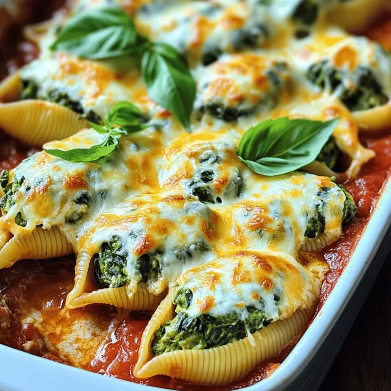 To make Cheesy Spinach Stuffed Shells, gather these simple ingredients: - 20 jumbo pasta shells - 2 cups fresh spinach, finely chopped - 1 cup ricotta cheese - 1 cup shredded mozzarella cheese, divided - ½ cup grated Parmesan cheese - 1 large egg, beaten - 2 garlic cloves, minced - 1 teaspoon Italian seasoning - Salt and freshly cracked black pepper to taste - 2 cups marinara sauce, store-bought or homemade - Fresh basil leaves for garnish If you can't find fresh spinach, frozen spinach works too. Just thaw and drain it well. You can swap ricotta with cottage cheese for a lighter taste. For the cheese, feel free to use any mild cheese you enjoy. If you want a vegan option, consider using a plant-based ricotta. When choosing the pasta shells, look for ones that are sturdy and free from cracks. Fresh spinach should be bright green and crisp. Avoid any wilted or yellowed leaves. For cheeses, go for high-quality brands. They will elevate the flavor of your dish. When picking marinara sauce, choose one that has no added sugars or preservatives for the best taste. Start by preheating your oven to 375°F (190°C). This ensures the oven is hot when the shells go in. A hot oven helps the cheese melt perfectly. In a large pot, bring salted water to a rolling boil. Carefully add the jumbo pasta shells. Cook them according to the package instructions, usually about 8-10 minutes. They should be al dente, meaning firm yet tender. After cooking, drain the shells and set them aside on a clean kitchen towel to cool a bit. In a large mixing bowl, combine the finely chopped spinach, ricotta cheese, half of the shredded mozzarella cheese, grated Parmesan cheese, beaten egg, minced garlic, Italian seasoning, and a pinch of salt and pepper. Mix everything together until it forms a smooth, creamy filling. This mix is key for flavor. With a teaspoon or a piping bag, fill each cooked pasta shell with the cheesy spinach mixture. Be generous! Place each stuffed shell upright in a large baking dish. Make sure they fit snugly, so they don’t topple over. Pour the marinara sauce evenly over the stuffed shells. Make sure they are well-coated, which helps keep them moist during baking. Then, sprinkle the remaining shredded mozzarella cheese on top. This will create a delicious cheesy crust. Cover the baking dish with aluminum foil. This keeps the moisture in while baking. Bake in the preheated oven for 25 minutes. After this, remove the foil and bake for an extra 10-15 minutes. You want the cheese to be bubbly and golden brown. Enjoy making this dish for family or friends! For detailed cooking steps, refer to the Full Recipe. Cook the jumbo pasta shells until they are al dente. This means they should still have a slight bite. Overcooking can make them too soft and hard to fill. I recommend checking the package for cooking time. After you drain them, lay them on a kitchen towel. This helps them cool and prevents sticking. If you have any leftovers, you can store them easily. Place the stuffed shells in an airtight container. Make sure to cover them with marinara sauce to keep them moist. They will last in the fridge for up to three days. When ready to eat, you can reheat them in the oven or microwave. Cheesy spinach stuffed shells pair well with a simple side salad. A light Caesar or mixed greens salad works great. You can also serve garlic bread on the side for a classic touch. For drinks, a light white wine or sparkling water complements the dish well. Feel free to get creative with your sides! For the full recipe, check the recipe section above. {{image_4}} You can easily make Cheesy Spinach Stuffed Shells more veggie-friendly. Try adding other vegetables like mushrooms, zucchini, or bell peppers. These flavors blend well with spinach and cheese. You can also use different greens, like kale or Swiss chard. Just make sure to chop them finely and sauté them first. This step helps to reduce their water content and enhances their flavor. If you want to add protein, ground turkey or chicken works well. Cook the meat in a pan before mixing it into the cheesy filling. For a vegetarian option, consider using chickpeas or lentils. They add protein and a nice texture. You can also use tofu as a plant-based protein source. Just crumble it and mix it with the cheese and spinach filling. While marinara is a classic choice, you can switch it up. A creamy Alfredo sauce adds a rich flavor to the dish. You can also try pesto for a fresh twist. For cheese, mix in some ricotta or goat cheese for a unique taste. Mixing different cheeses can make your dish more exciting. Gorgonzola or feta can add a tangy kick that complements the spinach nicely. For the complete method, check out the Full Recipe. To store your Cheesy Spinach Stuffed Shells, let them cool first. Place leftovers in an airtight container. This keeps them fresh for up to three days in the fridge. If you have extra marinara sauce, store it separately. This way, the shells stay nice and moist. You can freeze these stuffed shells too! After baking, let them cool completely. Arrange the shells in a single layer on a baking sheet. Freeze them for about an hour. Once frozen, transfer them to a freezer-safe container. They can last up to three months in the freezer. Just remember to label the container with the date. When you're ready to eat the frozen shells, remove them from the freezer. Let them thaw in the fridge overnight. Preheat your oven to 350°F (175°C). Place the shells in a baking dish and cover them with foil. Bake for about 25-30 minutes or until heated through. If you want a golden top, remove the foil for the last 10 minutes. Enjoy your meal! For the full recipe, check back to see how easy it is to prepare this dish. To make Cheesy Spinach Stuffed Shells vegan, replace ricotta cheese with tofu or cashew cream. Use plant-based mozzarella instead of dairy cheese. You can skip the egg or use a flaxseed egg as a binder. This keeps the dish creamy and tasty without animal products. Yes, you can use frozen spinach. Just thaw it first and drain the excess water. Frozen spinach is convenient and still packs a lot of flavor. It saves time and can still make your dish delicious. In addition to ricotta and mozzarella, try using goat cheese or feta for a tangy kick. Cream cheese adds a rich taste, too. Mixing different cheeses can create unique flavors. Don't be afraid to experiment with your favorites! These stuffed shells last about 3 to 5 days in the fridge. Store them in an airtight container to keep them fresh. Just reheat them before serving. They make a great quick meal for busy days! Yes, you can prepare the shells ahead of time. Stuff the shells and cover them with sauce. Store them in the fridge for up to 24 hours before baking. This saves time and makes dinner easier. For the full recipe, check the earlier section. This blog post covered everything you need for Cheesy Spinach Stuffed Shells. We looked at ingredients, step-by-step instructions, and helpful tips. I shared ways to store leftovers and variations to try. Now you know how to make this dish tasty and fun. Enjoy making these shells your way, and don’t forget to share with friends. Happy cooking!