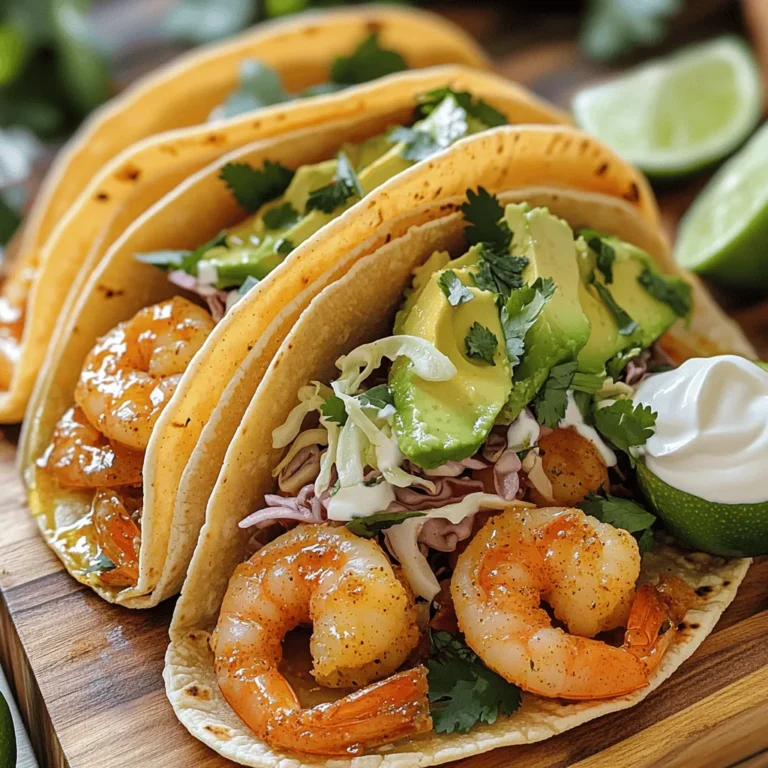 A few key items create the magic in spicy garlic shrimp tacos. You'll need: - 1 lb shrimp, peeled and deveined - 3 tablespoons extra virgin olive oil - 4 cloves garlic, finely minced - 1 teaspoon chili powder - 1/2 teaspoon sweet paprika - 1/2 teaspoon cayenne pepper (adjust to taste) - Sea salt and freshly ground black pepper to taste - 8 small corn tortillas These ingredients bring bold flavors and a delightful texture to your tacos. Don't forget the fun toppings! They add freshness and creaminess. You’ll want: - 1 cup finely shredded green cabbage or coleslaw mix - 1 ripe avocado, thinly sliced - 1/2 cup sour cream or creamy Greek yogurt - Fresh cilantro leaves for garnish - 1 fresh lime, cut into wedges for serving These toppings take your tacos to the next level. Fresh ingredients make a big difference. When choosing shrimp, look for firm and shiny ones. They should smell like the ocean, not fishy. For avocados, pick ones that yield slightly to pressure. This means they are ripe and ready to slice. Using fresh ingredients ensures your tacos taste their best. For the complete recipe, check the Full Recipe. Marinating the shrimp is key for great flavor. It allows the spices to soak into the shrimp. In a bowl, mix shrimp with olive oil, minced garlic, chili powder, paprika, cayenne, sea salt, and pepper. Toss well so the shrimp are covered in the marinade. Let it rest for about five minutes. This short time helps build flavor without overdoing it. To cook the shrimp, heat a large skillet over medium-high heat. When hot, add the marinated shrimp in a single layer. Let them cook undisturbed for two to three minutes. The shrimp will turn pink and opaque. Flip them over and cook for another one to two minutes. They should feel firm and cooked through. This method gives you tender, juicy shrimp every time. Warming tortillas is simple but important. Use a dry skillet over medium heat. Toast each tortilla for about thirty seconds on each side. You want them soft and pliable, not crispy. Once warmed, wrap them in a clean kitchen towel. This keeps them warm and ready for your tasty shrimp. For the full recipe, check out the detailed steps above. To get the best flavor, adjust the spice levels to your taste. If you like it hot, add more cayenne pepper. For a milder kick, use less. I often start with half the cayenne. Then, I taste the shrimp after cooking. You can always add more spice later! To make your tacos even better, consider adding more herbs and spices. Fresh cilantro can brighten up the dish. A sprinkle of cumin adds warmth. If you enjoy a bit of sweetness, try adding a pinch of brown sugar. Experiment with different flavors to find your perfect mix. Presentation matters when serving tacos. I love to use a colorful platter. Arrange the tacos neatly and add lime wedges around them. Fresh cilantro leaves on top give a nice touch. You can also serve the tacos with additional toppings on the side. This way, everyone can customize their meal! For the full recipe, check out the details above. {{image_4}} If you want to mix things up, consider using other proteins. Fish, chicken, or tofu work great here. - Fish: White fish like cod or tilapia is mild and flaky. Season it like the shrimp. - Chicken: Use boneless chicken thighs or breasts. Cut them into small pieces and marinate the same way. - Tofu: For a plant-based option, firm tofu is perfect. Press it to remove water and cut it into cubes. Marinate and sauté until golden. These alternatives keep the spirit of the dish while adding new tastes. You can easily adapt this recipe for dietary needs. - Gluten-Free: Use corn tortillas, which are naturally gluten-free. Many brands offer gluten-free options. - Dairy-Free: Swap sour cream with a dairy-free yogurt or avocado for creaminess. Both work well for a rich texture. These swaps let everyone enjoy the tacos without missing out. Homemade sauces can elevate your tacos. Here are a few quick ideas: - Spicy Aioli: Mix mayonnaise with garlic, lemon juice, and sriracha for a zesty kick. - Avocado Salsa: Blend ripe avocado, lime juice, and cilantro for a smooth, refreshing sauce. - Mango Salsa: Dice fresh mango, red onion, jalapeño, and cilantro. This sweet and spicy combo adds a fun twist. These sauces add flavor and make your tacos even more exciting. For the complete recipe, check out the Full Recipe. To keep your spicy garlic shrimp tacos fresh, store the components separately. Place any leftover shrimp in an airtight container. Add a layer of parchment paper between the shrimp and the lid to prevent moisture buildup. Store tortillas in a zip-top bag to keep them soft. For toppings like cabbage and avocado, use small containers. This method helps maintain flavor and texture. If you have cooked shrimp left, freezing is a good option. Start by letting the shrimp cool completely. Place them in a single layer on a baking sheet. Freeze for about an hour until firm. Then, transfer the shrimp to a freezer-safe bag. Remove as much air as possible before sealing. Frozen shrimp are best used within three months for optimal taste. The freshness of the main ingredients matters. Cooked shrimp can last in the fridge for 3 to 4 days. Fresh shrimp should be cooked or frozen within 2 days of purchase. Toppings like cabbage can stay fresh for about a week if stored properly. Avocados are best used within 1 to 2 days after slicing. Always check for signs of spoilage before use. For the full recipe, you can refer back to the original section. If you can't eat shrimp, there are many tasty options. You can use chicken, fish, or even tofu. For chicken, choose boneless thighs or breasts. Cut them into small pieces and cook them just like the shrimp. For fish, white fish like cod or tilapia works well. Tofu is a great choice for a plant-based meal. Just press and cube the tofu, then marinate and cook. Each option brings its own flavor and texture. Yes, you can prep these tacos in advance. Cook the shrimp and store it in an airtight container. Keep the tortillas and toppings separate. This way, you can warm the shrimp and tortillas before serving. The toppings will stay fresh if you store them in the fridge. You can easily assemble the tacos right before you eat. This makes for a quick and easy meal. To reheat shrimp tacos, warm the shrimp in a skillet. Heat it over medium heat until it's warm but not overcooked. For tortillas, you can use a dry skillet or the microwave. If you use the microwave, wrap the tortillas in a damp paper towel. This keeps them soft. Avoid reheating in the oven, as it can dry them out. Enjoy your tacos with fresh toppings after reheating! In this blog post, we covered everything you need for tasty spicy garlic shrimp tacos. We discussed key ingredients, like fresh shrimp and ripe avocados, and explored marinating and cooking tips. You learned about fun toppings and how to store leftovers. Remember, these tacos are easy to customize for everyone. Whether you stick to shrimp or try other proteins, the flavors will shine. Enjoy making these tacos and impressing your friends with your skills. Happy cooking!
