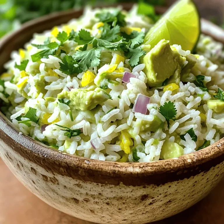 - 1 cup long-grain rice - 2 cups vegetable broth (or water) - 1 ripe avocado, perfectly mashed (choose a smooth, soft avocado) - 2 tablespoons freshly squeezed lime juice - Zest of 1 lime (adds a fragrant touch) - 1/4 cup fresh cilantro, finely chopped - 1 small jalapeño, deseeded and finely chopped (optional, for added heat) - Salt and black pepper, to taste - 2 tablespoons extra virgin olive oil - 1/4 cup finely diced red onion Using ripe avocados makes a big difference. They give a creamy texture that blends well. If the avocado is not ripe, the dish won't be as smooth or tasty. - Medium saucepan - Mixing bowl - Fork for fluffing rice - Optional: Rice cooker for easy cooking Having the right tools helps a lot. A rice cooker can make perfect rice every time, but it's not a must. A simple saucepan works just as well. To start, rinse 1 cup of long-grain rice under cold water. Keep rinsing until the water runs clear. This step removes excess starch and helps the rice stay fluffy. Next, in a medium saucepan, combine the rinsed rice and 2 cups of vegetable broth or water. Bring this mixture to a boil over medium-high heat. Once it starts boiling, lower the heat, cover the pot, and let it simmer for 15-18 minutes. You want the rice to be tender and absorb all the liquid. After cooking, remove the pot from heat but leave it covered for 5 minutes. This resting time lets the rice steam and become fluffier. Finally, use a fork to fluff the rice gently. Now, let’s focus on the avocado dressing. In a large mixing bowl, add 1 ripe avocado that you have perfectly mashed. Pour in 2 tablespoons of freshly squeezed lime juice. Add the zest of 1 lime, 1/4 cup of finely chopped cilantro, and 1/4 cup of finely diced red onion. Stir everything well until all the ingredients blend nicely. This blending is key to a smooth and flavorful dressing that will coat the rice. It’s time to combine the rice with the avocado mixture. Carefully fold the fluffy rice into the avocado mix. Make sure to do this gently to keep the rice intact. If you like a bit of heat, toss in a deseeded and finely chopped small jalapeño. Drizzle with 2 tablespoons of extra virgin olive oil. Season with salt and black pepper to taste. Stir gently again to mix everything while keeping the rice texture. Taste your dish, and adjust the seasoning if needed. You might want to add more lime juice or salt. This dish is about balancing flavors. For the full recipe, check out the complete details. To make your avocado lime rice pop, start with lime juice. If you love tang, add more juice. If you want it milder, reduce the lime. Salt is key too. A little can enhance the taste. Add it slowly, tasting as you go. For a kick, consider jalapeño. This pepper adds heat and a fun twist. Just remove the seeds for less spice. You can also mix in other herbs, like mint or parsley, to change the flavor. Cooking rice perfectly takes some care. First, rinse the rice well to remove excess starch. This helps make the rice fluffy. Use the right water ratio. For long-grain rice, two cups of liquid for every cup of rice works well. When it boils, cover it and lower the heat. Let it simmer gently. After cooking, let the rice rest for five minutes. This extra time allows it to steam and become fluffier. Fluff it gently with a fork before mixing in the avocado. {{image_4}} You can easily change the flavor of avocado lime rice. Try adding fresh herbs like mint or dill for a new twist. Garlic powder or fresh garlic gives it a nice kick too. If you want to mix in more textures, consider adding black beans or sweet corn. Both add flavor and a pop of color. Making this dish vegan is simple. Just skip any dairy toppings. For a gluten-free option, always check your rice and broth labels. You can add protein easily. Grilled chicken or shrimp works great here. Canned chickpeas or tofu are good plant-based options too. They add protein and keep the dish filling. For the full recipe, check out the Avocado Lime Rice Delight 🥑. To keep your Avocado Lime Rice fresh, store it in an airtight container. Place the container in the fridge. It will stay good for about three days. If you want to keep it longer, you can freeze it. Just make sure to cool it first before freezing. You can store it in a freezer-safe bag or container. It will last up to three months in the freezer. When you’re ready to eat, you can reheat it on the stove or in the microwave. If using the stove, add a splash of water to prevent it from drying out. Heat it on low until warm. In the microwave, cover it with a damp paper towel. This helps keep the rice moist. To refresh the flavors, squeeze in a little extra lime juice and add some fresh cilantro after reheating. This brightens the dish and brings back that fresh taste. Enjoy your flavorful creation! You can pair Avocado Lime Rice with many tasty dishes. It goes great with grilled chicken, shrimp, or fish. You can also add it to tacos or burrito bowls. If you want a vegetarian option, try it with black beans or roasted veggies. This rice dish adds a fresh and creamy touch to any meal. Yes, you can use brown rice. Brown rice takes longer to cook, about 40-45 minutes. Use 2.5 cups of vegetable broth or water for the best results. Rinse the brown rice the same way. Then, cook it as you would white rice. The texture will be nuttier and chewier, but still delicious. Avocado Lime Rice can last about 3 days in the fridge. Store it in an airtight container to keep it fresh. Make sure to check for any signs of browning. The avocado can brown quickly, so eat it sooner rather than later. Yes, Avocado Lime Rice is healthy! Avocados add healthy fats and fiber. They help you feel full longer. Rice gives you energy, while lime juice adds vitamin C. Fresh cilantro offers antioxidants, too. This dish is a great balance of flavors and nutrients, making it a smart choice for any meal. Avocado Lime Rice is simple and tasty. We covered the key ingredients and tools, which set you up for success. I shared step-by-step instructions for cooking and mixing. Tips for perfect flavor made it easy to adjust to your taste. We also explored fun variations and how to store leftovers. Now you can create this dish confidently. Enjoy experimenting and making it your own!