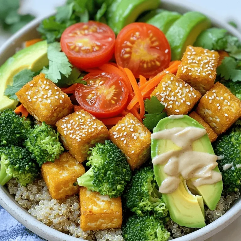 - 1 block of firm tofu, thoroughly pressed and cut into bite-sized cubes - 1 cup cooked quinoa, as the hearty base - 1 cup broccoli florets, packed with nutrients - 1 cup shredded carrots, adding sweetness and color - 1 ripe avocado, sliced for creaminess - 1 cup cherry tomatoes, halved for freshness - 2 tablespoons soy sauce, for flavor - 1 tablespoon sesame oil, enhances richness - 1 teaspoon garlic powder, for an aromatic touch - 2 tablespoons tahini, for a nutty dressing - 1 tablespoon fresh lemon juice, to brighten the flavors - 2 tablespoons cornstarch, for extra crunch - Salt and pepper, to taste - Sesame seeds, for garnish - Fresh cilantro, for a burst of color and flavor When I create a Crispy Tofu Buddha Bowl, I focus on fresh and nutritious ingredients. Each component plays a key role in flavor and texture. Firm tofu serves as the protein base, while quinoa adds a hearty touch. The broccoli and carrots bring a splash of color and nutrition. Flavor enhancers like soy sauce and sesame oil make each bite delightful. Garlic powder adds a nice kick. Don't forget tahini and lemon juice; they elevate the dish with a creamy, tangy dressing. For seasoning, cornstarch is essential. It gives the tofu that desired crispy crunch. A sprinkle of salt and pepper, along with sesame seeds and fresh cilantro, finishes the bowl perfectly. The best part? You can find the full recipe to guide you step-by-step, so you can enjoy this tasty meal at home. Start by preheating your oven to 400°F (200°C). This temperature works well for crispy tofu. Next, take your block of firm tofu and press it to remove excess water. Cut the tofu into bite-sized cubes. In a medium bowl, mix the tofu with soy sauce, sesame oil, garlic powder, and a pinch of salt and pepper. Toss gently to coat each piece well. Now, sprinkle the cornstarch over the marinated tofu. Mix until all cubes are coated. This step is key for that crunchy texture you want. Arrange the coated tofu cubes on a lined baking sheet. Spread them out so they cook evenly. Bake the tofu for 25-30 minutes. Flip the tofu halfway through. This ensures an even golden color and crispy exterior. While the tofu bakes, steam the broccoli florets for about 5 minutes. You want them tender-crisp to keep their bright color. Set the broccoli aside once done. Now, get your cooked quinoa ready as the hearty base for your bowl. When everything is prepped, it’s time to assemble your Buddha bowl. Start with the quinoa, then layer the steamed broccoli, shredded carrots, avocado slices, and halved cherry tomatoes. For the full recipe, follow these steps to create a nutritious and colorful meal. To get crispy tofu, start with firm tofu. Press it well to remove excess water. This step is key to achieving a great texture. Next, coat the tofu cubes with cornstarch. This gives it that extra crunch we all love. Bake your tofu at 400°F (200°C). This temperature helps it crisp up nicely. Make sure to flip the tofu halfway through baking. This ensures even cooking and a golden-brown finish. You can customize your Buddha bowl easily. Add more vegetables like bell peppers or spinach for extra nutrients. Try different grains too. Brown rice or farro can replace quinoa. If you want more protein, add chickpeas or edamame. These swaps keep your bowl exciting and tasty. For dressings, tahini mixed with lemon juice is a winner. But you can get creative! Try adding soy sauce or a splash of hot sauce for a kick. Seasoning is also key. Adjust salt and pepper to match your taste. Don't forget to garnish! Fresh herbs like cilantro or green onions add color and flavor. {{image_4}} You can easily make this bowl even more special. If you want to swap tofu, try tempeh or chickpeas. Tempeh has a nutty taste and is rich in protein. Chickpeas add a hearty texture and are great for crunch. Both options offer a unique twist. They keep the meal filling and nutritious. Don't forget to season them as you would tofu! Quinoa is a wonderful base, but you can also use other grains. Brown rice is a good choice for a chewy texture. Farro is nutty and adds a lovely bite. Couscous cooks fast and is light. Each grain brings a different flavor to your bowl. Feel free to mix and match based on what you have! Using seasonal veggies can brighten your Buddha bowl. In spring, add asparagus or snap peas for freshness. Summer is perfect for zucchini or bell peppers. In fall, use roasted squash or sweet potatoes. Winter calls for hearty greens like kale or Brussels sprouts. Also, switch up the dressing flavors based on the season. A citrus dressing works well in warm months, while a richer, creamier one can warm up a cold day. After enjoying your Crispy Tofu Buddha Bowl, you may have some leftovers. First, let the bowl cool down to room temperature. Then, place your leftovers in an airtight container. This helps keep your food fresh. Store the container in the fridge. The leftovers can last for about 3 to 4 days. If you want to keep them longer, consider freezing them. However, the texture may change once thawed. To reheat your Buddha bowl, the goal is to keep the tofu crispy. I suggest using an oven or an air fryer for the best results. Preheat your oven to 375°F (190°C). Spread the tofu on a baking sheet. Heat for about 10 to 15 minutes. For an air fryer, set it to 350°F (175°C) and heat for about 5 to 7 minutes. This method keeps the tofu crunchy. Avoid using a microwave, as it can make the tofu soggy. Meal prep makes cooking easy and quick. Start by cooking a large batch of quinoa at the beginning of the week. You can store it in the fridge for up to 5 days. Next, you can press and cube the tofu. Marinate it in soy sauce, sesame oil, and spices. Store the marinated tofu in the fridge for up to 3 days. Chop your veggies in advance too. Keep them in airtight containers. This way, you can assemble your Buddha bowls in just a few minutes. For the dressing, you can mix tahini and lemon juice ahead of time. Just shake it well before using. For the full recipe, check out the details. Yes, you can use frozen tofu. Freezing changes the texture and makes it spongy. This helps it soak up flavors better. Just thaw it first, squeeze out excess water, and press it again. This will give you a tasty, chewy texture in your Buddha bowl. To get crispy tofu, start by pressing it well. Remove as much water as possible. Coat it with cornstarch before baking. This creates a crunchy layer. Bake at a high temperature and flip halfway through. This ensures all sides get golden and crispy. If you don't have tahini, try using peanut butter or almond butter. These options add creaminess and flavor. You can also blend sunflower seeds with water for a nut-free option. Adjust the amount of lemon juice to keep the flavor bright. You can add chickpeas, edamame, or lentils for more protein. These options mix well with the other ingredients. You could also add grilled chicken or fish if you want a non-vegetarian option. Feel free to mix in any veggies you like. Bell peppers, spinach, or snap peas work well. You can use seasonal vegetables for added freshness. To make it heartier, increase the quinoa portion. You can also add nuts or seeds for crunch. Consider topping it with a fried egg for extra protein. Yes, you can prep most ingredients ahead of time. Cook the quinoa and chop the veggies early. Store the components separately to keep them fresh. Assemble your bowl right before eating. Store leftovers in an airtight container in the fridge. Keep the dressing separate to avoid sogginess. The leftovers can last for about 3 days. You can mix different ingredients to change the flavor. Try adding fresh herbs like basil or dill. A dash of hot sauce can give it a spicy kick. Adjust the lemon juice for brightness or add maple syrup for sweetness. You can find the full recipe [here](#). This Buddha bowl recipe highlights the joy of crispy tofu and fresh veggies. You learned about key ingredients like firm tofu, quinoa, and avocado. I shared tips for prepping and baking tofu to keep it crispy. Customize your bowl with different grains and seasonal veggies for variety. Lastly, my storage tips help you enjoy leftovers later. Make this dish your own, and enjoy healthy eating!