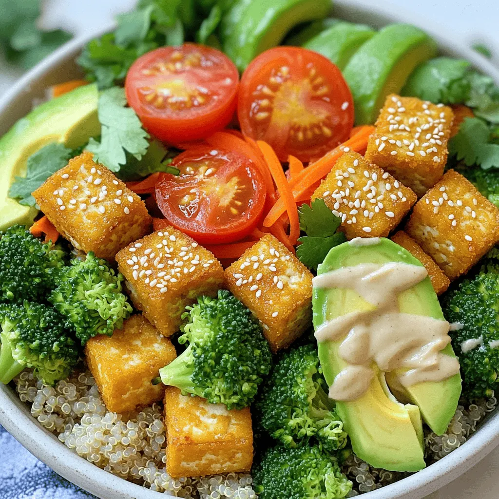 - 1 block of firm tofu, thoroughly pressed and cut into bite-sized cubes - 1 cup cooked quinoa, as the hearty base - 1 cup broccoli florets, packed with nutrients - 1 cup shredded carrots, adding sweetness and color - 1 ripe avocado, sliced for creaminess - 1 cup cherry tomatoes, halved for freshness - 2 tablespoons soy sauce, for flavor - 1 tablespoon sesame oil, enhances richness - 1 teaspoon garlic powder, for an aromatic touch - 2 tablespoons tahini, for a nutty dressing - 1 tablespoon fresh lemon juice, to brighten the flavors - 2 tablespoons cornstarch, for extra crunch - Salt and pepper, to taste - Sesame seeds, for garnish - Fresh cilantro, for a burst of color and flavor When I create a Crispy Tofu Buddha Bowl, I focus on fresh and nutritious ingredients. Each component plays a key role in flavor and texture. Firm tofu serves as the protein base, while quinoa adds a hearty touch. The broccoli and carrots bring a splash of color and nutrition. Flavor enhancers like soy sauce and sesame oil make each bite delightful. Garlic powder adds a nice kick. Don't forget tahini and lemon juice; they elevate the dish with a creamy, tangy dressing. For seasoning, cornstarch is essential. It gives the tofu that desired crispy crunch. A sprinkle of salt and pepper, along with sesame seeds and fresh cilantro, finishes the bowl perfectly. The best part? You can find the full recipe to guide you step-by-step, so you can enjoy this tasty meal at home. Start by preheating your oven to 400°F (200°C). This temperature works well for crispy tofu. Next, take your block of firm tofu and press it to remove excess water. Cut the tofu into bite-sized cubes. In a medium bowl, mix the tofu with soy sauce, sesame oil, garlic powder, and a pinch of salt and pepper. Toss gently to coat each piece well. Now, sprinkle the cornstarch over the marinated tofu. Mix until all cubes are coated. This step is key for that crunchy texture you want. Arrange the coated tofu cubes on a lined baking sheet. Spread them out so they cook evenly. Bake the tofu for 25-30 minutes. Flip the tofu halfway through. This ensures an even golden color and crispy exterior. While the tofu bakes, steam the broccoli florets for about 5 minutes. You want them tender-crisp to keep their bright color. Set the broccoli aside once done. Now, get your cooked quinoa ready as the hearty base for your bowl. When everything is prepped, it’s time to assemble your Buddha bowl. Start with the quinoa, then layer the steamed broccoli, shredded carrots, avocado slices, and halved cherry tomatoes. For the full recipe, follow these steps to create a nutritious and colorful meal. To get crispy tofu, start with firm tofu. Press it well to remove excess water. This step is key to achieving a great texture. Next, coat the tofu cubes with cornstarch. This gives it that extra crunch we all love. Bake your tofu at 400°F (200°C). This temperature helps it crisp up nicely. Make sure to flip the tofu halfway through baking. This ensures even cooking and a golden-brown finish. You can customize your Buddha bowl easily. Add more vegetables like bell peppers or spinach for extra nutrients. Try different grains too. Brown rice or farro can replace quinoa. If you want more protein, add chickpeas or edamame. These swaps keep your bowl exciting and tasty. For dressings, tahini mixed with lemon juice is a winner. But you can get creative! Try adding soy sauce or a splash of hot sauce for a kick. Seasoning is also key. Adjust salt and pepper to match your taste. Don't forget to garnish! Fresh herbs like cilantro or green onions add color and flavor. {{image_4}} You can easily make this bowl even more special. If you want to swap tofu, try tempeh or chickpeas. Tempeh has a nutty taste and is rich in protein. Chickpeas add a hearty texture and are great for crunch. Both options offer a unique twist. They keep the meal filling and nutritious. Don't forget to season them as you would tofu! Quinoa is a wonderful base, but you can also use other grains. Brown rice is a good choice for a chewy texture. Farro is nutty and adds a lovely bite. Couscous cooks fast and is light. Each grain brings a different flavor to your bowl. Feel free to mix and match based on what you have! Using seasonal veggies can brighten your Buddha bowl. In spring, add asparagus or snap peas for freshness. Summer is perfect for zucchini or bell peppers. In fall, use roasted squash or sweet potatoes. Winter calls for hearty greens like kale or Brussels sprouts. Also, switch up the dressing flavors based on the season. A citrus dressing works well in warm months, while a richer, creamier one can warm up a cold day. After enjoying your Crispy Tofu Buddha Bowl, you may have some leftovers. First, let the bowl cool down to room temperature. Then, place your leftovers in an airtight container. This helps keep your food fresh. Store the container in the fridge. The leftovers can last for about 3 to 4 days. If you want to keep them longer, consider freezing them. However, the texture may change once thawed. To reheat your Buddha bowl, the goal is to keep the tofu crispy. I suggest using an oven or an air fryer for the best results. Preheat your oven to 375°F (190°C). Spread the tofu on a baking sheet. Heat for about 10 to 15 minutes. For an air fryer, set it to 350°F (175°C) and heat for about 5 to 7 minutes. This method keeps the tofu crunchy. Avoid using a microwave, as it can make the tofu soggy. Meal prep makes cooking easy and quick. Start by cooking a large batch of quinoa at the beginning of the week. You can store it in the fridge for up to 5 days. Next, you can press and cube the tofu. Marinate it in soy sauce, sesame oil, and spices. Store the marinated tofu in the fridge for up to 3 days. Chop your veggies in advance too. Keep them in airtight containers. This way, you can assemble your Buddha bowls in just a few minutes. For the dressing, you can mix tahini and lemon juice ahead of time. Just shake it well before using. For the full recipe, check out the details. Yes, you can use frozen tofu. Freezing changes the texture and makes it spongy. This helps it soak up flavors better. Just thaw it first, squeeze out excess water, and press it again. This will give you a tasty, chewy texture in your Buddha bowl. To get crispy tofu, start by pressing it well. Remove as much water as possible. Coat it with cornstarch before baking. This creates a crunchy layer. Bake at a high temperature and flip halfway through. This ensures all sides get golden and crispy. If you don't have tahini, try using peanut butter or almond butter. These options add creaminess and flavor. You can also blend sunflower seeds with water for a nut-free option. Adjust the amount of lemon juice to keep the flavor bright. You can add chickpeas, edamame, or lentils for more protein. These options mix well with the other ingredients. You could also add grilled chicken or fish if you want a non-vegetarian option. Feel free to mix in any veggies you like. Bell peppers, spinach, or snap peas work well. You can use seasonal vegetables for added freshness. To make it heartier, increase the quinoa portion. You can also add nuts or seeds for crunch. Consider topping it with a fried egg for extra protein. Yes, you can prep most ingredients ahead of time. Cook the quinoa and chop the veggies early. Store the components separately to keep them fresh. Assemble your bowl right before eating. Store leftovers in an airtight container in the fridge. Keep the dressing separate to avoid sogginess. The leftovers can last for about 3 days. You can mix different ingredients to change the flavor. Try adding fresh herbs like basil or dill. A dash of hot sauce can give it a spicy kick. Adjust the lemon juice for brightness or add maple syrup for sweetness. You can find the full recipe [here](#). This Buddha bowl recipe highlights the joy of crispy tofu and fresh veggies. You learned about key ingredients like firm tofu, quinoa, and avocado. I shared tips for prepping and baking tofu to keep it crispy. Customize your bowl with different grains and seasonal veggies for variety. Lastly, my storage tips help you enjoy leftovers later. Make this dish your own, and enjoy healthy eating!
