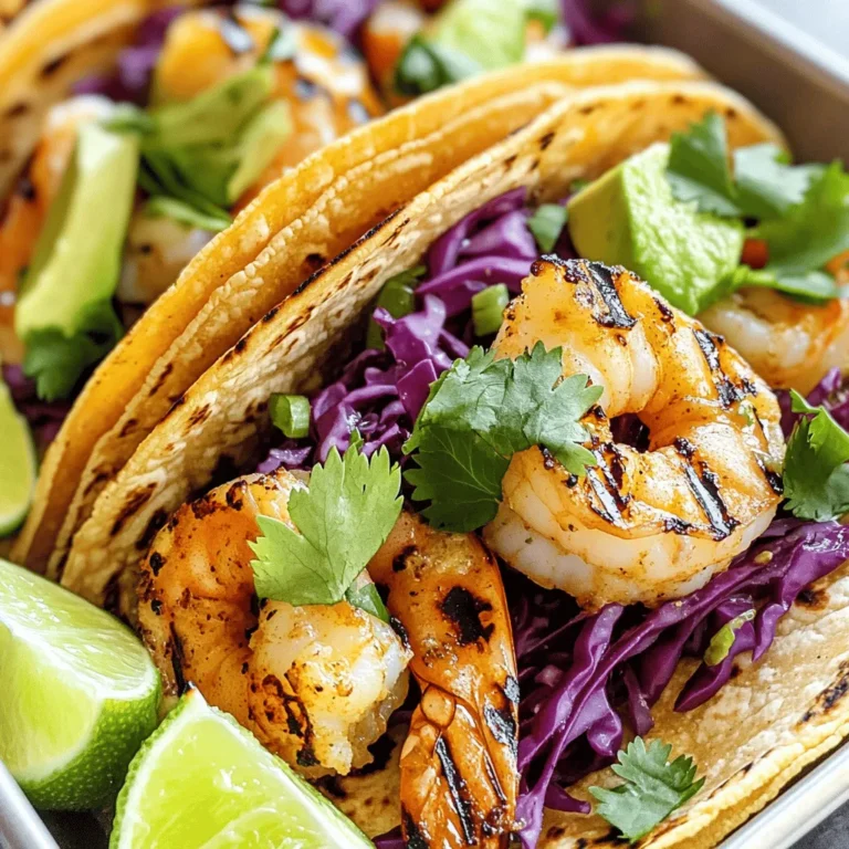 - 1 pound fresh shrimp, peeled and deveined - 3 tablespoons unsalted butter, divided - 4 cloves garlic, finely minced - 1 teaspoon smoked paprika - 1 teaspoon ground cumin - Salt and freshly ground black pepper, to taste - 8 small corn tortillas - 1 cup red cabbage, finely shredded - 1 ripe avocado, sliced into thin wedges - Fresh cilantro leaves, roughly chopped, for garnish - Lime wedges, cut into quarters, for serving To make these garlic butter grilled shrimp tacos, you need fresh shrimp. I recommend getting shrimp that are firm and have a nice sheen. Make sure they are peeled and deveined for easy eating. Butter is key for adding richness. Use unsalted butter so you can control the saltiness. Garlic adds a wonderful aroma and flavor. Mince it finely for the best taste. For spices, smoked paprika brings a deep, smoky flavor. Ground cumin adds warmth. Be sure to season with salt and black pepper to taste. Corn tortillas are the perfect wrap. They are soft and add a nice corn flavor. Red cabbage gives a crunchy texture and a pop of color. Sliced avocado adds creaminess. Fresh cilantro gives a burst of freshness. Finally, lime wedges add a zesty kick. To see the full recipe, check out the [Full Recipe]. To start, melt 2 tablespoons of unsalted butter in a large skillet. Use medium heat. Once the butter is melted, add 4 cloves of minced garlic. Sauté the garlic for 1-2 minutes. It should smell great and turn a light golden color. Be careful not to burn the garlic! Next, stir in 1 teaspoon of smoked paprika and 1 teaspoon of ground cumin. Add a pinch of salt and fresh black pepper to taste. Mix well. This creates a tasty marinade for the shrimp. Now, add 1 pound of peeled and deveined shrimp to the skillet. Cook the shrimp for 3-4 minutes. Stir occasionally to make sure they cook evenly. You will know they are done when they turn opaque and pink. This buttery garlic mixture makes them extra delicious! While the shrimp cooks, take another skillet and heat it over medium-high heat. Warm each of the 8 small corn tortillas for about 30 seconds on each side. You want them to be soft and flexible. Look for slight char marks on the tortillas. This adds great flavor! To build your tacos, take a warm tortilla and layer some cooked shrimp in the center. Then, top it with shredded red cabbage and avocado slices. The cabbage adds crunch, while the avocado gives creaminess. Finish off your tacos by adding fresh cilantro on top. Serve them with lime wedges on the side for a zesty touch. For a nice presentation, arrange the tacos on a colorful platter. You can add extra cilantro and lime wedges to make it look even better. Enjoy every bite with a squeeze of lime! When picking shrimp, you have two main choices: fresh or frozen. Fresh shrimp can taste better, but frozen shrimp is often just as good. If you choose frozen shrimp, look for those that are flash-frozen right after harvest. This keeps them fresh and tasty. Size matters too! For tacos, I suggest using medium to large shrimp. They hold up well in the taco and give you a satisfying bite. Aim for shrimp that are about 21 to 30 per pound. To boost the flavor, you can swap the spices. Try adding chili powder or even a pinch of cayenne for heat. If you want a smoky taste, smoked paprika works wonders. You can also mix in some lime zest for a bright kick. To elevate your tacos, think about toppings. Mango salsa adds sweetness, while jalapeños bring heat. A drizzle of sour cream or a splash of hot sauce can make your tacos sing. Do not overcook your shrimp. They cook quickly and should only take 3-4 minutes. When they turn pink and opaque, they are done. Overcooking makes them tough and rubbery. For the tortillas, warmth is key. Heat them in a hot skillet for about 30 seconds on each side. This gives them a nice char and keeps them soft. You can also wrap them in a clean towel to keep them warm while you assemble your tacos. {{image_4}} You can switch the shrimp for other proteins. Chicken is a great option. Use boneless chicken breasts cut into bite-sized pieces. Season them like the shrimp. Cook until golden brown and juicy. Fish also works well. Choose firm fish like mahi-mahi or cod. Grill or pan-fry the fish until flaky. For a vegetarian twist, try veggies or tofu. Grilled bell peppers, onions, and zucchini make a colorful filling. Tofu absorbs flavors well, so marinate it before grilling. Want to spice things up? Add jalapeños or your favorite hot sauce. Slice jalapeños and mix them in with the shrimp. This adds a nice kick. You can change the toppings too. Mango salsa adds sweetness and freshness. Just mix diced mango, red onion, and lime juice. Another tasty option is crema. This creamy sauce balances the spices. Mix sour cream with lime juice and a pinch of salt. Serve your tacos with tasty sides. A fresh salad pairs well. Try a simple cucumber and tomato salad. Rice and beans are classic choices too. Cilantro lime rice adds bright flavor. For drinks, grab a cold beer or a zesty margarita. A light, fruity drink will complement the meal. Explore the full recipe for more ideas. To keep your garlic butter grilled shrimp tacos fresh, store them in an airtight container. Place the shrimp and toppings in separate containers. This helps maintain the flavors and textures. For the tortillas, wrap them in foil or plastic wrap. This keeps them soft and prevents them from drying out. Use them within three days for the best taste. To reheat the shrimp, place them in a skillet over low heat. Add a splash of water or a bit of butter to keep them moist. Heat for about five minutes, stirring gently. For the tortillas, warm them in a dry skillet for about 30 seconds each side. This method helps keep them soft and adds a nice char. Avoid using the microwave, as it may make them chewy. Yes, you can freeze grilled shrimp! Cool the shrimp completely before placing them in a freezer-safe bag. Squeeze out as much air as possible to prevent freezer burn. They can last up to three months in the freezer. When you're ready to use them, thaw overnight in the fridge. For meal prep, consider freezing the shrimp without the seasonings. This way, you can add fresh spices when you cook them later. You can tell when shrimp are cooked by looking for a few signs. First, they change color from grey to bright pink. Second, they curl into a C shape. Finally, perfectly cooked shrimp feel firm to the touch. If they are tough or rubbery, they may be overcooked. The cooking time is usually 3-4 minutes, but this can vary with size. Yes, you can prepare some parts of the tacos in advance. Cook the shrimp and store them in the fridge for up to two days. You can also warm the tortillas just before serving. If you want to save time, chop the cabbage and avocado ahead of time. Just remember to squeeze lime juice on the avocado to keep it fresh and green. Some great sides to serve with shrimp tacos include: - Cilantro lime rice - Black beans - Corn salad - Chips with salsa - Grilled vegetables These sides balance the flavors of the shrimp tacos and make the meal more complete. You can also serve a light salad to add freshness. You learned how to make delicious shrimp tacos from scratch. We covered fresh ingredients, step-by-step cooking, and tasty toppings. Remember, fresh shrimp and warm tortillas make a big difference. You can customize flavors with spices or different proteins. Enjoy serving them with a refreshing drink on the side. Proper storage will keep your leftovers tasty too. Whether you’re cooking for one or many, these tacos are a hit. Enjoy your cooking and get ready for a yummy meal.