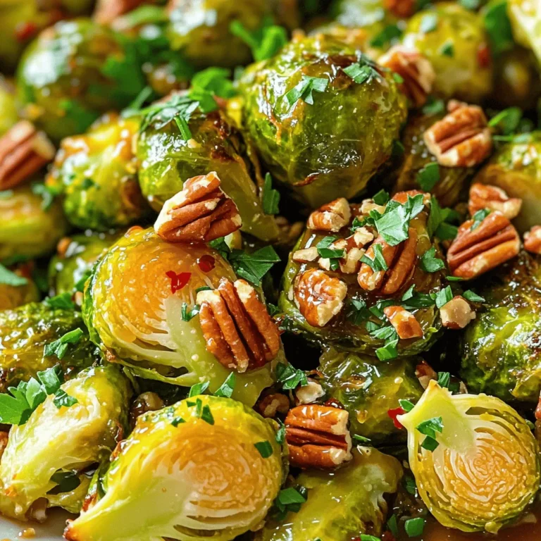 This Maple Dijon Roasted Brussels recipe is simple and tasty. You will enjoy the mix of sweet maple syrup and sharp Dijon mustard. It gives the Brussels sprouts a unique flavor that makes them shine. To make this dish, you need the following: - 1.5 pounds Brussels sprouts, cleaned, trimmed, and halved - 3 tablespoons extra virgin olive oil - 2 tablespoons pure maple syrup - 1 tablespoon Dijon mustard - 2 cloves garlic, finely minced - Salt and freshly cracked black pepper, to taste - ¼ teaspoon red pepper flakes (optional, for a spicy kick) - ¼ cup chopped pecans (optional, for a delightful crunch) - Fresh parsley, chopped (for vibrant garnish) These ingredients come together for a flavorful and exciting dish. You can add a few things to boost the taste. Consider using: - Lemon zest for brightness - Balsamic vinegar for tang - Parmesan cheese for richness These optional items allow you to customize the dish to your liking. They can make your Maple Dijon Roasted Brussels even more special. First, gather your ingredients. You need 1.5 pounds of Brussels sprouts, cleaned and halved. Next, measure out 3 tablespoons of extra virgin olive oil, 2 tablespoons of pure maple syrup, and 1 tablespoon of Dijon mustard. Don’t forget 2 cloves of finely minced garlic and salt and pepper to taste. If you like spice, add ¼ teaspoon of red pepper flakes. Lastly, have ¼ cup of chopped pecans ready for crunch and some fresh parsley for garnish. Start by preheating your oven to 400°F (200°C). Line a baking sheet with parchment paper. This helps with easy cleanup. In a large bowl, mix the olive oil, maple syrup, Dijon mustard, minced garlic, salt, and black pepper. Whisk until it’s smooth. Toss the halved Brussels sprouts in the bowl. Make sure they are all well-coated in the tasty mix. Spread the sprouts on the lined baking sheet. If you want, sprinkle the pecans on top for added texture. Roast them for 20 to 25 minutes. Remember to stir them halfway through. They should be golden brown and soft when done. After roasting, take the baking sheet out of the oven. Let the Brussels cool for a few minutes. Just before you serve them, chop some fresh parsley and sprinkle it on top. This adds a nice touch of color and flavor. Maple Dijon Roasted Brussels are great as a side dish. Pair them with your favorite protein or grain. Enjoy the sweet and tangy taste! For the full recipe, check out the earlier section. To get the best Brussels sprouts, start with fresh ones. Look for firm and bright green sprouts. Trim the ends and cut them in half. This helps them cook evenly. Spread them out on the baking sheet. Avoid crowding, as this leads to steaming instead of roasting. Stir them halfway through cooking for a nice, even brown. Maple syrup and Dijon mustard create a sweet and tangy mix. You can add more flavors to boost your dish. Try fresh lemon juice for a zesty kick. If you like heat, add more red pepper flakes. Toasted pecans give a nice crunch. Fresh herbs like thyme or rosemary can add depth too. Using the right tools makes cooking easier. A sharp knife helps you cut the Brussels sprouts neatly. A large mixing bowl allows you to combine ingredients well. A whisk helps mix the maple-Dijon sauce smoothly. A sturdy baking sheet lined with parchment makes cleanup simple. Remember, each tool plays a role in your dish's success. For the complete process, check the Full Recipe. {{image_4}} You can switch up the sweetener in this recipe. Instead of maple syrup, try honey or agave nectar. Both add a sweet touch. If you want a deeper flavor, use brown sugar or coconut sugar. Each option gives a unique taste to the Brussels sprouts. Want to change the flavor? Try using balsamic vinegar instead of Dijon mustard. It adds a tangy twist. You could also mix in some soy sauce for a savory kick. If you love spice, add some chili powder or cayenne pepper to the mix. These changes will give your dish a different vibe. Seasonal ingredients can enhance your dish. In fall, add roasted pumpkin or butternut squash for extra flavor. In winter, toss in some sliced apples or pears for a sweet touch. During spring, try adding fresh herbs like thyme or dill. Each season brings new tastes to explore. For the full recipe, see Maple Dijon Roasted Brussels Sprouts. After you enjoy your Maple Dijon Roasted Brussels sprouts, store any leftovers in an airtight container. Make sure to let them cool down first. Keep the container in the fridge. They will stay fresh for about three to four days. This dish stays tasty, but it’s best to eat it soon. To reheat your Brussels sprouts, use the oven for the best taste. Preheat your oven to 350°F (175°C). Spread the sprouts on a baking sheet and bake for about 10 minutes. If you like them warm but not soggy, avoid the microwave. It can make them mushy. You can freeze these Brussels sprouts if you want to save some for later. First, let them cool completely. Then, place them in a freezer bag or container. Make sure to remove as much air as possible. They can be frozen for up to three months. When you’re ready to eat them, thaw in the fridge overnight before reheating. Enjoy the deliciousness again! For the full recipe and more tips, check out the recipe section. Yes, you can use frozen Brussels sprouts. Just remember to thaw them first. Pat them dry before cooking. This helps them roast better. Frozen sprouts may take longer to cook. Keep an eye on them as they roast. These Brussels sprouts pair well with many dishes. Try serving them with roasted chicken or grilled salmon. They also go great with quinoa or wild rice. For a fun twist, add them to a fall salad. The sweet and tangy flavor shines next to savory meals. Making this recipe vegan is easy! Simply swap honey or maple syrup for agave syrup. Use plant-based oil instead of extra virgin olive oil. This keeps the dish 100% vegan while still tasty. You can find the Full Recipe for more tips. This article explored the best way to prepare Maple Dijon Roasted Brussels sprouts. We discussed key ingredients, step-by-step instructions, and tips for perfect roasting. You learned about variations, storage methods, and answered common questions. Roasted Brussels sprouts can uplift any meal with their rich taste. Don't be afraid to try new flavors and swaps for different meals. Enjoy your cooking!