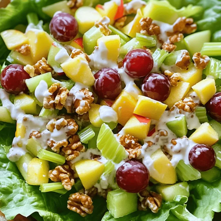 - 2 cups Granny Smith apples, diced into bite-sized pieces - 1 cup celery, finely sliced - 1 cup red grapes, halved - 1 cup walnuts, coarsely chopped for texture - 1/2 cup plain Greek yogurt, for creaminess - 1/4 cup mayonnaise, to enhance richness - 1 tablespoon fresh lemon juice, to brighten flavors - 1 teaspoon honey, to balance tartness - Salt and freshly ground black pepper, to taste This classic Waldorf salad features fresh produce that bursts with flavor. I love using Granny Smith apples because they add a nice crunch and tartness. They pair perfectly with the sweet red grapes. Celery provides a refreshing crunch, making every bite enjoyable. You also need walnuts for a rich nutty flavor and a great texture. I like to coarsely chop them to keep some larger pieces for crunch. The creamy dressing comes from a mix of plain Greek yogurt and mayonnaise. This blend adds richness and keeps the salad light. Add fresh lemon juice to keep the apples bright and tasty. A touch of honey balances the tartness of the apples and grapes. Seasoning with salt and black pepper enhances the overall taste. This mix of ingredients creates a delightful and colorful salad that is perfect for any meal. For the full recipe, check out the detailed instructions to create this refreshing Waldorf salad. Start by dicing the Granny Smith apples into bite-sized pieces. This makes them easy to eat. To keep the apples fresh and bright, toss them in lemon juice right away. The juice helps stop browning. Next, slice the celery into thin pieces. You want them crunchy and fresh. Then, halve the red grapes. This adds a sweet and juicy burst to the salad. For the dressing, take a bowl and combine plain Greek yogurt and mayonnaise. This mix brings creaminess and smoothness to your salad. Add honey, salt, and black pepper. Whisk these together until you have a smooth, even texture. This dressing is key to making your salad flavorful. In a large bowl, fold the diced apples, sliced celery, halved grapes, and chopped walnuts together. Be gentle to keep all the pieces intact. Then, pour the creamy dressing over the salad. Carefully mix everything to coat the ingredients evenly. Taste the salad and adjust flavors if needed. Add more salt, pepper, or honey for balance. Let it chill for at least 30 minutes so the flavors blend well. Serve it on crisp lettuce leaves for a bright and tasty dish. For the full recipe, check the earlier sections. To keep your apples fresh, start by using lemon juice. After dicing Granny Smith apples, toss them in lemon juice right away. This helps prevent browning. You can also use a mix of water and lemon juice. Soak the diced apples for a few minutes. Drain and dry them before adding to your salad. This step keeps your salad looking vibrant. You can adjust the sweetness and tanginess of your Waldorf salad. If you want more sweetness, add extra honey. For a tangier taste, increase the lemon juice. You can also try different dressings. A bit of apple cider vinegar can give a nice twist. Experiment with your flavors until you find what you love. For a beautiful presentation, serve your salad on crisp lettuce leaves. Use romaine or butter lettuce for a nice touch. You can also add fresh herbs as a garnish. Chopped mint or parsley can add color. Serve the salad in a clear bowl to show off the bright colors. This makes your dish not only tasty but also eye-catching. For more details, refer to the Full Recipe. {{image_4}} You can switch up the fruits in Waldorf salad. Try using ripe pears or sweet strawberries. Each fruit gives a new flavor twist. You can also use different nuts. Pecans or almonds add a nice crunch. Each change can make the salad feel fresh and new. If you want a vegan version, swap Greek yogurt with plant-based yogurt. Use a vegan mayo for creaminess. For gluten-free diets, ensure your mayonnaise is gluten-free. You can also make a low-fat dressing. Use low-fat yogurt and reduce the mayo. These options keep the salad tasty while meeting dietary needs. Waldorf salad shines as both a side dish and a main course. Serve it alongside grilled chicken for a hearty meal. You can also pair it with other salads for a light lunch. Mixing flavors and textures makes it exciting. For a fun twist, serve it in endive leaves or on a bed of spinach. This adds a lovely presentation and taste. For the full recipe, check out the [Full Recipe]. To store leftover Waldorf salad, place it in an airtight container. Make sure to seal it tightly. This keeps the salad fresh and prevents any unwanted smells. Keep it in the fridge right after serving. If you have any extra lettuce, store it separately to keep it crisp. Waldorf salad tastes best when eaten within three days. After that, the apples may start to brown and lose their crunch. The salad will still be safe to eat for up to five days, but the texture might change. Waldorf salad is best served cold. If you need to serve it after refrigeration, just give it a gentle stir. If the salad seems a bit too thick, add a splash of lemon juice or a bit of yogurt to loosen it up. Avoid reheating, as it can change the texture and taste. Enjoy it fresh for the best flavor! Waldorf Salad dates back to the late 1800s. It first appeared at the Waldorf Astoria Hotel in New York City. Chef Oscar Tschirky created this dish for a charity ball. The original recipe included only apples, celery, and mayonnaise. Over time, people added nuts, grapes, and yogurt for extra flavor. Today, we enjoy many versions of this classic salad. Yes, you can prepare Waldorf Salad ahead of time. Make the salad and store it in the fridge. Keep it covered to keep it fresh. I recommend waiting to add nuts until serving. This keeps them crunchy. If you want to serve it later, mix all the ingredients except the dressing. Add the dressing just before serving for the best taste. You can easily swap out some ingredients in Waldorf Salad. Use different fruits like pears or strawberries if you like. If you prefer a vegan option, replace yogurt and mayo with avocado or a plant-based yogurt. For nuts, use almonds or pecans instead of walnuts. These options let you customize the salad to your taste. This blog post covered the making of a Waldorf Salad. You learned about fresh ingredients like apples, celery, and grapes. We discussed how to prepare them, make a tasty dressing, and mix everything together. I shared tips for keeping your apples crisp and customizing flavor. You can also try different fruits and nuts or adapt the recipe for dietary needs. Enjoy your Waldorf Salad, and remember to store it correctly for the best taste. Happy eating!