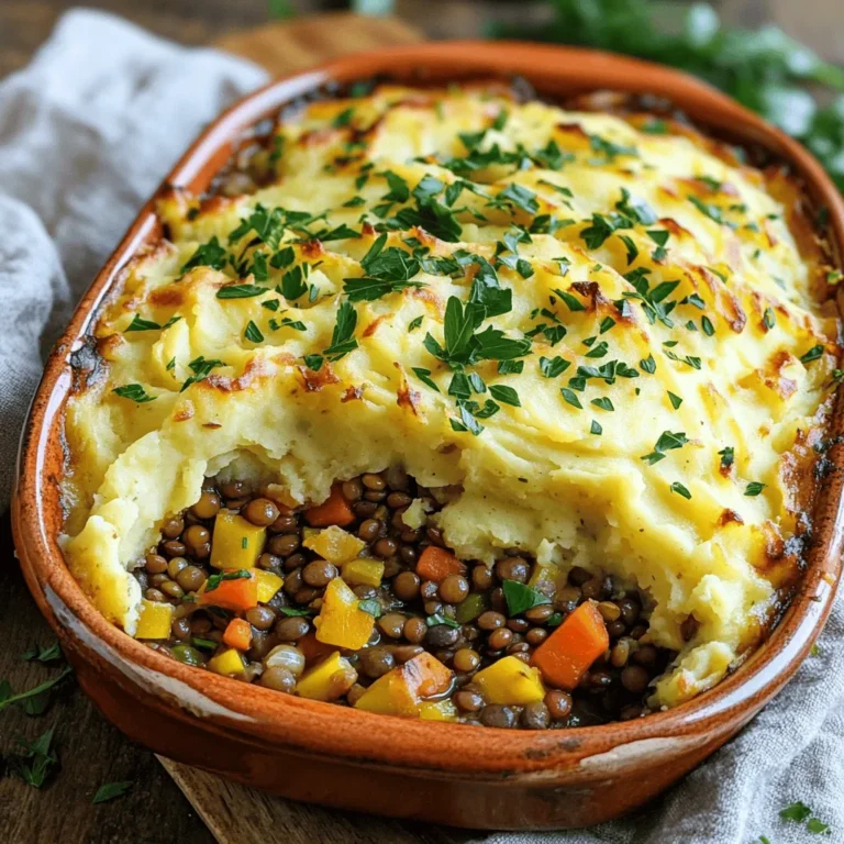 To make a tasty Vegan Lentil Shepherd’s Pie, you need the following key items: - 1 cup green or brown lentils, thoroughly rinsed - 2 cups vegetable broth - 1 medium onion, finely diced - 2 carrots, finely diced - 2 celery stalks, finely diced - 3 cloves garlic, minced - 1 cup frozen peas - 1 tablespoon tomato paste - 1 teaspoon dried thyme - 1 teaspoon dried rosemary - 2 tablespoons soy sauce - 2 tablespoons olive oil - Salt and pepper to taste - 4 large potatoes, peeled and cut into cubes - 1/4 cup coconut milk (or your choice of non-dairy milk) These ingredients work together to create a warm and hearty meal that feels like a big hug. The lentils give it a nice protein boost, while the vegetables add great flavor and texture. You can enhance your Vegan Lentil Shepherd's Pie with these optional items: - 2 tablespoons nutritional yeast (for a cheesy flavor) - Fresh parsley, chopped, for garnish Adding nutritional yeast gives a savory twist to the mashed potatoes. The parsley not only brightens the dish but also adds a fresh touch. Feel free to mix in any veggies you love, like corn or mushrooms, to make it your own. For the full recipe, be sure to check out the details provided! To start, gather your lentils and vegetable broth. Rinse the lentils under cold water. In a medium pot, combine the rinsed lentils with the vegetable broth. Bring this mixture to a boil. Once boiling, lower the heat and let it simmer for about 25 to 30 minutes. You want the lentils to be tender but not mushy. After cooking, drain any extra liquid and set the lentils aside. Next, take a large skillet and heat the olive oil over medium heat. Add the diced onion, carrots, and celery to the skillet. Sauté these vegetables for about 5 to 7 minutes. You want them to become tender and fragrant. Add the minced garlic and stir for another minute. This step builds a lovely base for your filling. Now it's time to bring everything together. Add the cooked lentils to your skillet. Stir in the tomato paste, dried thyme, dried rosemary, soy sauce, and frozen peas. Season with salt and pepper to taste. Cook this mixture for another 5 minutes. This allows all the flavors to blend nicely. While your filling cooks, you can prepare the mashed potatoes. Place the cubed potatoes in a large pot of salted water. Boil them for about 15 to 20 minutes. Check that they are tender when pierced with a fork. Drain the potatoes and return them to the pot. Add the coconut milk and any nutritional yeast if you are using it. Mash the potatoes until they are smooth and creamy. Preheat your oven to 400°F (200°C). Grab a baking dish and spread your hearty lentil and vegetable mixture evenly across the bottom. Use a spatula to spoon the creamy mashed potatoes over the filling. Make sure to cover the entire filling with the potatoes. Now, place your assembled shepherd’s pie in the oven. Bake it for 25 to 30 minutes. You want the top to become golden brown and slightly crispy. This gives a nice texture contrast to the creamy potatoes. Once it's done baking, let it cool for a few minutes. You can garnish it with freshly chopped parsley for added color and flavor. Enjoy your Vegan Lentil Shepherd's Pie! To make creamy mashed potatoes, start with the right potatoes. I prefer starchy ones, like Russets or Yukon Golds. Cut them into even cubes for uniform cooking. Boil them in salted water until they are fork-tender. Drain them well to avoid watery mash. Add coconut milk for a creamy texture. For extra flavor, mix in nutritional yeast. Mash until smooth, but don’t over-mix. A few lumps can add character. Cooking lentils is easy, but timing matters. Use green or brown lentils for this dish. Rinse them well before cooking to remove any dirt. Boil them in vegetable broth for added flavor. Cook until tender, about 25-30 minutes. You want them soft but not mushy. Drain any excess liquid to keep the filling from becoming soggy. To boost flavors, add herbs like thyme and rosemary. Fresh herbs can make a big difference. You can also sauté the garlic slightly longer for a deeper taste. Mix in frozen peas at the end for sweetness and color. Don’t forget to season your lentil mix with salt and pepper. A splash of soy sauce can add a savory punch. For a bit of crunch, top with crispy breadcrumbs or nuts before baking. Enjoy the layers of flavor in every bite. {{image_4}} You can switch up the protein in this dish. Instead of lentils, try black beans or chickpeas. Both add a nice texture and flavor. If you want a meatier feel, use textured vegetable protein (TVP). Just rehydrate it with broth before mixing it in. You’ll still get a hearty meal with these options. Feel free to mix in other veggies. Sweet potatoes, mushrooms, or bell peppers work well. You can also use frozen mixed veggies for convenience. Just make sure to sauté them until tender for the best flavor. This way, you can create a unique version every time you cook. To make this dish gluten-free, replace soy sauce with tamari. You can also use gluten-free breadcrumbs for a crispy top layer. If you prefer a different base, try cauliflower mash instead of potatoes. These small changes can help you enjoy this dish without gluten. For a full recipe of this Vegan Lentil Shepherd's Pie, check out the detailed instructions above. After you enjoy your Vegan Lentil Shepherd’s Pie, store leftovers in an airtight container. Make sure the pie has cooled down to room temperature. This will help keep the flavors fresh. Place the container in the fridge. It will stay good for up to four days. To reheat, take out the serving you want. You can use the oven or microwave. If using the oven, preheat it to 350°F (175°C). Place the portion in a baking dish and cover it with foil. Heat for about 20 minutes, or until warm. If using the microwave, heat for 2-3 minutes or until hot. Stir halfway through for even heating. If you want to save the pie for later, you can freeze it. Let it cool down completely before freezing. Wrap the pie tightly with plastic wrap, then cover it with aluminum foil. This method helps prevent freezer burn. It can last up to three months in the freezer. When ready to eat, thaw it in the fridge overnight, then reheat following the steps above. You can find the full recipe for a fresh start. Yes, you can make this pie ahead of time. Prepare the filling and mashed potatoes separately. Store them in the fridge for up to two days. When you are ready to eat, assemble and bake the pie. This makes it easy to serve a warm meal without much fuss. Vegan Lentil Shepherd’s Pie lasts about three to five days in the fridge. Store it in an airtight container. Make sure to cool the pie before sealing it. This keeps it fresh and tasty for later meals. Absolutely! This recipe is very flexible. You can swap lentils for beans if you prefer. Use different vegetables based on what you have on hand. For a gluten-free version, choose gluten-free soy sauce or tamari. You can also skip the coconut milk for a nut-free option. In this article, we explored how to make Vegan Lentil Shepherd’s Pie. We covered key ingredients, cooking steps, and helpful tips for great results. I shared variations and storage advice to keep your pie fresh. Try this recipe to delight your taste buds. It’s easy to customize. I hope you enjoy it as much as I do. Cook with confidence and make this dish your own!