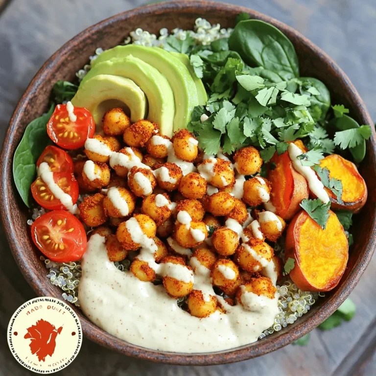 To make a Spicy Chickpea Buddha Bowl, you need the following main ingredients: - 1 can (15 oz) chickpeas, drained and rinsed - 2 tablespoons olive oil - 1 tablespoon smoked paprika - 1 teaspoon ground cumin - 1/2 teaspoon cayenne pepper (adjust for spiciness) - Salt and black pepper, to taste - 1 medium sweet potato, peeled and diced - 1 cup quinoa, rinsed - 2 cups vegetable broth (or water) - 1 cup fresh spinach, roughly chopped - 1/2 cup cherry tomatoes, halved - 1 ripe avocado, sliced - 1/4 cup tahini - 2 tablespoons fresh lemon juice - Fresh cilantro leaves for garnish These ingredients blend well to give you a burst of flavor. The chickpeas add protein, while the sweet potato brings sweetness. Quinoa provides a hearty base, and the veggies add freshness. You can enhance your bowl with these optional toppings: - Feta cheese, crumbled - Pumpkin seeds or sunflower seeds - Fresh herbs like parsley or basil - Sliced radishes for crunch - Hot sauce for extra heat These toppings let you customize each bowl. They add flavor, texture, and nutrition. This Buddha bowl offers great health perks: - Chickpeas are high in protein and fiber. - Sweet potatoes are rich in vitamins A and C. - Quinoa is a complete protein and gluten-free. - Spinach packs iron and antioxidants. - Avocado provides healthy fats for heart health. Together, these ingredients create a balanced meal. You get energy, nutrients, and delicious flavors. For the full recipe, click here: [Full Recipe]. Start by preheating your oven to 400°F (200°C). In a bowl, mix the drained chickpeas with olive oil, smoked paprika, ground cumin, cayenne pepper, salt, and black pepper. Toss until every chickpea gets the spice mix. Spread them out on a baking sheet in a single layer. Roast them for 20-25 minutes. Shake the pan halfway through to make sure they cook evenly. While the chickpeas roast, take a separate baking sheet for the sweet potatoes. Toss the diced sweet potato in olive oil. Season with salt and black pepper. Place the sweet potatoes in the oven alongside the chickpeas. Roast for about 25-30 minutes. Stir them once to help them caramelize and soften. Next, rinse the quinoa under cold water. In a medium pot, combine the rinsed quinoa with vegetable broth or water. Bring it to a boil on high heat. Once it boils, lower the heat, cover the pot, and let it simmer for 15 minutes. When done, the quinoa should be fluffy and all the liquid absorbed. Remove it from heat and let it sit for 5 minutes. Fluff it gently with a fork. For the tahini dressing, whisk together tahini, fresh lemon juice, and a few tablespoons of water in a small bowl. Keep whisking until smooth. Adjust the water to make it drizzle easily. Season with salt to taste. To assemble, take a serving bowl and add a generous scoop of fluffy quinoa as the base. Next, layer on the roasted sweet potatoes, crispy chickpeas, chopped spinach, halved cherry tomatoes, and slices of avocado. Make it colorful for a beautiful presentation! Drizzle your tahini dressing over the assembled bowls. Let it cascade down the ingredients for a lovely effect. Top it off with fresh cilantro leaves. Serve right away and enjoy the vibrant flavors of this wholesome meal! For the full recipe, check out the detailed instructions above. You can make this bowl your own. Try different grains like brown rice or farro. Add more veggies like bell peppers or carrots for color and crunch. If you love heat, add jalapeños or chili flakes. You can swap chickpeas for black beans for a different taste. Enjoy your personal twist on this spicy chickpea Buddha bowl. The cooking time can change based on your oven. If your oven runs hot, check the chickpeas and sweet potatoes early. You want them crispy but not burnt. If you prefer softer veggies, roast them longer. Just keep an eye on them to avoid overcooking. Adjusting the time helps you get the best texture. Serve this bowl warm for the best taste. Pair it with a crisp green salad for balance. You can also add a dollop of yogurt or a sprinkle of feta cheese for creaminess. This bowl is perfect for meal prep. Just store each element separately. When ready to eat, combine them for a quick, healthy meal. You can find the full recipe here: [Full Recipe]. {{image_4}} This dish is naturally vegan and gluten-free. Chickpeas, quinoa, and veggies make it great for all. You don’t need to change the recipe to fit these diets. Just enjoy! You can switch out chickpeas for black beans or lentils. Try brown rice instead of quinoa. Sweet potatoes can be replaced with butternut squash. Each swap brings a new flavor. Use seasonal veggies for freshness. In spring, add asparagus or peas. In summer, use zucchini or bell peppers. In fall, try roasted Brussels sprouts or pumpkin. In winter, root veggies shine. These changes keep your Buddha bowl exciting. Check the full recipe for more ideas. To keep your Spicy Chickpea Buddha Bowl fresh, place leftovers in an airtight container. Make sure it cools to room temperature before sealing. Store it in the fridge for up to three days. The flavors will meld, making it even tastier the next day! When you're ready to enjoy your leftovers, you can reheat them in a few ways. The microwave works well for quick meals. Heat in short bursts, stirring in between. If you prefer, you can also use a skillet over medium heat. Add a splash of water to keep it moist while you warm it up. If you want to save some for later, freezing is a great option. Place the chickpeas and sweet potatoes in a freezer-safe bag. Keep the quinoa and fresh veggies separate. They freeze best when stored this way. You can freeze the chickpeas and sweet potatoes for up to three months. Just thaw in the fridge overnight before reheating. Enjoy your meal anytime, even when you're busy! For the full recipe, check out [Full Recipe]. Chickpeas are packed with protein and fiber. They help you feel full longer. They also contain essential vitamins and minerals. Eating chickpeas can boost heart health and aid digestion. They may help regulate blood sugar levels too. Plus, they are versatile and fit in many dishes. Yes, you can make parts of the Spicy Chickpea Buddha Bowl ahead of time. You can roast the chickpeas and sweet potatoes a day before. Store them in airtight containers in the fridge. You can also cook the quinoa in advance. Just reheat it when you are ready to assemble the bowl. If you don’t have tahini, try using almond butter or sunflower seed butter. You can also make a quick dressing with yogurt or avocado. Each option brings a unique flavor to the bowl. Feel free to experiment and find what you like best! To change the spice level, adjust the cayenne pepper amount in the recipe. If you prefer it milder, use less or skip it entirely. For more heat, add extra cayenne or some hot sauce. Taste as you go to find your perfect balance. Absolutely! You can include any veggies you love. Roasted broccoli, bell peppers, or zucchini work well. Fresh ingredients like cucumber or radishes add crunch. Mix and match to create your ideal bowl. The more colors, the better it looks and tastes! The Spicy Chickpea Buddha Bowl packs flavor and nutrition. We explored key ingredients, step-by-step prep, and tips for easy customizations. You can adjust the heat, swap ingredients, or even try new seasonal veggies. In the end, this meal is fun to make and eat. It supports your health and keeps well, too. Dive into your own bowl and enjoy the amazing taste and benefits!