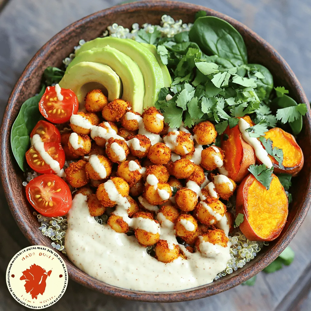 To make a Spicy Chickpea Buddha Bowl, you need the following main ingredients: - 1 can (15 oz) chickpeas, drained and rinsed - 2 tablespoons olive oil - 1 tablespoon smoked paprika - 1 teaspoon ground cumin - 1/2 teaspoon cayenne pepper (adjust for spiciness) - Salt and black pepper, to taste - 1 medium sweet potato, peeled and diced - 1 cup quinoa, rinsed - 2 cups vegetable broth (or water) - 1 cup fresh spinach, roughly chopped - 1/2 cup cherry tomatoes, halved - 1 ripe avocado, sliced - 1/4 cup tahini - 2 tablespoons fresh lemon juice - Fresh cilantro leaves for garnish These ingredients blend well to give you a burst of flavor. The chickpeas add protein, while the sweet potato brings sweetness. Quinoa provides a hearty base, and the veggies add freshness. You can enhance your bowl with these optional toppings: - Feta cheese, crumbled - Pumpkin seeds or sunflower seeds - Fresh herbs like parsley or basil - Sliced radishes for crunch - Hot sauce for extra heat These toppings let you customize each bowl. They add flavor, texture, and nutrition. This Buddha bowl offers great health perks: - Chickpeas are high in protein and fiber. - Sweet potatoes are rich in vitamins A and C. - Quinoa is a complete protein and gluten-free. - Spinach packs iron and antioxidants. - Avocado provides healthy fats for heart health. Together, these ingredients create a balanced meal. You get energy, nutrients, and delicious flavors. For the full recipe, click here: [Full Recipe]. Start by preheating your oven to 400°F (200°C). In a bowl, mix the drained chickpeas with olive oil, smoked paprika, ground cumin, cayenne pepper, salt, and black pepper. Toss until every chickpea gets the spice mix. Spread them out on a baking sheet in a single layer. Roast them for 20-25 minutes. Shake the pan halfway through to make sure they cook evenly. While the chickpeas roast, take a separate baking sheet for the sweet potatoes. Toss the diced sweet potato in olive oil. Season with salt and black pepper. Place the sweet potatoes in the oven alongside the chickpeas. Roast for about 25-30 minutes. Stir them once to help them caramelize and soften. Next, rinse the quinoa under cold water. In a medium pot, combine the rinsed quinoa with vegetable broth or water. Bring it to a boil on high heat. Once it boils, lower the heat, cover the pot, and let it simmer for 15 minutes. When done, the quinoa should be fluffy and all the liquid absorbed. Remove it from heat and let it sit for 5 minutes. Fluff it gently with a fork. For the tahini dressing, whisk together tahini, fresh lemon juice, and a few tablespoons of water in a small bowl. Keep whisking until smooth. Adjust the water to make it drizzle easily. Season with salt to taste. To assemble, take a serving bowl and add a generous scoop of fluffy quinoa as the base. Next, layer on the roasted sweet potatoes, crispy chickpeas, chopped spinach, halved cherry tomatoes, and slices of avocado. Make it colorful for a beautiful presentation! Drizzle your tahini dressing over the assembled bowls. Let it cascade down the ingredients for a lovely effect. Top it off with fresh cilantro leaves. Serve right away and enjoy the vibrant flavors of this wholesome meal! For the full recipe, check out the detailed instructions above. You can make this bowl your own. Try different grains like brown rice or farro. Add more veggies like bell peppers or carrots for color and crunch. If you love heat, add jalapeños or chili flakes. You can swap chickpeas for black beans for a different taste. Enjoy your personal twist on this spicy chickpea Buddha bowl. The cooking time can change based on your oven. If your oven runs hot, check the chickpeas and sweet potatoes early. You want them crispy but not burnt. If you prefer softer veggies, roast them longer. Just keep an eye on them to avoid overcooking. Adjusting the time helps you get the best texture. Serve this bowl warm for the best taste. Pair it with a crisp green salad for balance. You can also add a dollop of yogurt or a sprinkle of feta cheese for creaminess. This bowl is perfect for meal prep. Just store each element separately. When ready to eat, combine them for a quick, healthy meal. You can find the full recipe here: [Full Recipe]. {{image_4}} This dish is naturally vegan and gluten-free. Chickpeas, quinoa, and veggies make it great for all. You don’t need to change the recipe to fit these diets. Just enjoy! You can switch out chickpeas for black beans or lentils. Try brown rice instead of quinoa. Sweet potatoes can be replaced with butternut squash. Each swap brings a new flavor. Use seasonal veggies for freshness. In spring, add asparagus or peas. In summer, use zucchini or bell peppers. In fall, try roasted Brussels sprouts or pumpkin. In winter, root veggies shine. These changes keep your Buddha bowl exciting. Check the full recipe for more ideas. To keep your Spicy Chickpea Buddha Bowl fresh, place leftovers in an airtight container. Make sure it cools to room temperature before sealing. Store it in the fridge for up to three days. The flavors will meld, making it even tastier the next day! When you're ready to enjoy your leftovers, you can reheat them in a few ways. The microwave works well for quick meals. Heat in short bursts, stirring in between. If you prefer, you can also use a skillet over medium heat. Add a splash of water to keep it moist while you warm it up. If you want to save some for later, freezing is a great option. Place the chickpeas and sweet potatoes in a freezer-safe bag. Keep the quinoa and fresh veggies separate. They freeze best when stored this way. You can freeze the chickpeas and sweet potatoes for up to three months. Just thaw in the fridge overnight before reheating. Enjoy your meal anytime, even when you're busy! For the full recipe, check out [Full Recipe]. Chickpeas are packed with protein and fiber. They help you feel full longer. They also contain essential vitamins and minerals. Eating chickpeas can boost heart health and aid digestion. They may help regulate blood sugar levels too. Plus, they are versatile and fit in many dishes. Yes, you can make parts of the Spicy Chickpea Buddha Bowl ahead of time. You can roast the chickpeas and sweet potatoes a day before. Store them in airtight containers in the fridge. You can also cook the quinoa in advance. Just reheat it when you are ready to assemble the bowl. If you don’t have tahini, try using almond butter or sunflower seed butter. You can also make a quick dressing with yogurt or avocado. Each option brings a unique flavor to the bowl. Feel free to experiment and find what you like best! To change the spice level, adjust the cayenne pepper amount in the recipe. If you prefer it milder, use less or skip it entirely. For more heat, add extra cayenne or some hot sauce. Taste as you go to find your perfect balance. Absolutely! You can include any veggies you love. Roasted broccoli, bell peppers, or zucchini work well. Fresh ingredients like cucumber or radishes add crunch. Mix and match to create your ideal bowl. The more colors, the better it looks and tastes! The Spicy Chickpea Buddha Bowl packs flavor and nutrition. We explored key ingredients, step-by-step prep, and tips for easy customizations. You can adjust the heat, swap ingredients, or even try new seasonal veggies. In the end, this meal is fun to make and eat. It supports your health and keeps well, too. Dive into your own bowl and enjoy the amazing taste and benefits!