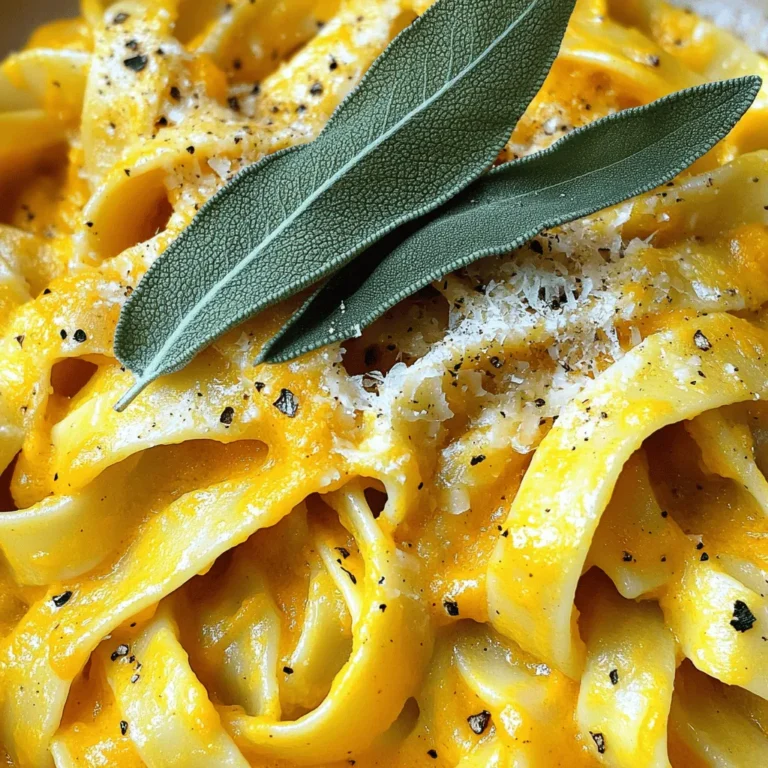 - 12 oz fettuccine or pappardelle pasta - 2 cups butternut squash, peeled and cubed - 1 tablespoon olive oil The base of this dish is fettuccine or pappardelle pasta. I love these shapes as they hold the creamy sauce well. You will also need fresh butternut squash. It gives the dish a warm color and sweet flavor. Using olive oil helps with roasting and adds richness to the pasta. - 1 small onion, diced - 2 cloves garlic, minced - 1 teaspoon freshly grated nutmeg Onions and garlic add depth to the sauce. Dicing the onion makes it cook evenly. Minced garlic gives a punch of flavor. Nutmeg brings warmth and a hint of spice, making the dish cozy and inviting. - 1 cup vegetable broth - 1 cup coconut milk (or heavy cream for a non-vegan option) - ½ cup grated Parmesan cheese (optional) For the sauce, you need vegetable broth for a savory base. Coconut milk adds creaminess and a hint of sweetness. If you prefer, heavy cream works too. Adding Parmesan cheese can enhance the flavor, but it's optional. - Salt and freshly cracked pepper to taste - Fresh sage leaves for garnish Season with salt and cracked pepper to bring everything together. Fresh sage leaves add a lovely touch. They not only look nice but also add an aromatic flavor that complements the dish well. These ingredients create a lovely balance of flavors in the creamy butternut squash pasta. For the full recipe, check out the detailed instructions to make this delicious meal. - Preheat your oven to 400°F (200°C). - Toss the cubed butternut squash in olive oil, salt, and pepper. - Spread the squash on a baking sheet. Roast for 20-25 minutes. The squash should be tender and have a light caramel color. - Bring a large pot of salted water to a boil. - Add the pasta and cook it as per package instructions. - Before draining, reserve 1 cup of the pasta water. This helps adjust your sauce later. - Heat olive oil in a large skillet over medium heat. - Add diced onion and sauté until soft, about 5 minutes. - Stir in minced garlic and cook for about 1 minute. - Blend the roasted squash with the sautéed onion, garlic, vegetable broth, and coconut milk. Use an immersion blender or a regular blender. - Return the blended sauce to the skillet and heat on low. - Add the cooked pasta and gradually mix in the reserved pasta water. - Stir well until the pasta is coated with the sauce. - If you like, stir in the Parmesan cheese. - Taste and adjust seasoning with salt and pepper as needed. - Plate the pasta in shallow bowls for a nice look. - Garnish with fresh sage leaves and drizzle a little olive oil on top. For a detailed guide, check out the Full Recipe. Enjoy your creamy butternut squash pasta! To get a creamy consistency, blend the roasted butternut squash well. You want it smooth. Use an immersion blender for easy mixing. If it’s too thick, add a splash of pasta water. This helps the sauce cling to the noodles. Want to add more flavor? Try spices like cinnamon or a pinch of chili powder. Fresh herbs, such as thyme or rosemary, can boost taste too. You can also add veggies like spinach or kale for added nutrition. They cook quickly and blend well with the sauce. Pair creamy butternut squash pasta with a simple salad. A mix of greens with a light vinaigrette works well. For drinks, a glass of white wine like Sauvignon Blanc complements the dish nicely. If you prefer non-alcoholic options, try sparkling water with a slice of lemon. These sides enhance the meal and make it even more enjoyable. For the full recipe, check out [Full Recipe]. {{image_4}} You can easily adjust creamy butternut squash pasta to fit different diets. For a vegan option, swap heavy cream with coconut milk and skip the cheese. This change still gives you a creamy sauce that tastes great. If you need gluten-free pasta, use rice or corn-based noodles. These options keep the dish light and tasty. Experimenting with different ingredients can make this dish exciting. Instead of butternut squash, try using acorn or delicata squash. Each type has its unique flavor and texture. For cheese, you can use feta for a tangy twist or goat cheese for a creamy finish. These swaps let you create new flavor combinations that keep things fresh. To make this dish more seasonal, add roasted vegetables like Brussels sprouts or carrots. This not only enhances the flavor but also adds color. Making creamy butternut squash pasta in fall is perfect. You can enjoy the warmth of the season with every bite. Try using spices like cinnamon or cloves for a cozy feel. For the full recipe, check out the complete guide and enjoy the rich flavors! To store leftover creamy butternut squash pasta, let it cool first. Then, place it in an airtight container. Glass or BPA-free plastic containers work best. Make sure to seal them tightly to keep the air out. This helps keep the pasta fresh and tasty. Store the container in the fridge for up to four days. Yes, you can freeze this dish! To do this, use a freezer-safe container. Leave some space at the top for expansion. It is best to freeze the pasta without the cheese added. This helps keep the texture right. When you are ready to eat, move the container to the fridge to thaw overnight. To reheat, use a skillet over low heat. Add a splash of vegetable broth or water to help it warm up evenly. In the fridge, creamy butternut squash pasta lasts for about four days. After that, the taste and quality may drop. Always check for signs of spoilage. If the pasta smells sour or has a strange texture, it’s best to throw it away. Enjoy your creamy butternut squash pasta fresh! For the full recipe, visit [Full Recipe]. It takes about 40 minutes to make creamy butternut squash pasta. The prep time is 10 minutes. Cooking the dish takes about 30 minutes. You will spend 20-25 minutes roasting the squash. Boiling the pasta adds another 10-12 minutes. This dish is quick and easy for a weeknight meal! Yes, you can use many types of pasta. Fettuccine and pappardelle work well for this sauce. You can also try penne or rigatoni for a fun twist. Each shape holds the sauce differently, so feel free to experiment! Absolutely! To make it nut-free, use coconut milk instead of cream. If you want a non-vegan option, use heavy cream instead. You can skip any nuts in the garnish. This keeps the dish creamy and delicious without nuts. You can serve this dish with many sides. A crisp green salad pairs well. Try a side of garlic bread for extra comfort. For dessert, pumpkin pie or apple crisp can be great choices. These options enhance the cozy vibe of the meal. To reheat, use a skillet over low heat. Add a splash of water or broth to the pasta. This helps keep the sauce creamy. Stir until heated through. You can also use the microwave, but stir halfway for even heating. Enjoy your leftovers just as much! This creamy butternut squash pasta combines hearty flavors and texture. We roasted the squash and blended it with garlic and onion to create a rich sauce. You learned how to make it creamy, adjust seasoning, and even swap ingredients. In the end, this dish is versatile and perfect for any meal. Enjoy experimenting with flavors and sharing this delightful recipe with friends and family.