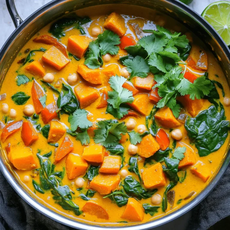 To make a delightful vegan sweet potato curry, gather these simple ingredients: - 2 medium sweet potatoes, peeled and diced - 1 can (400ml) coconut milk - 1 can (400g) chickpeas, drained and rinsed - 1 medium onion, finely diced - 3 cloves of garlic, minced - 1 inch piece of fresh ginger, grated - 2 tablespoons of red curry paste - 1 bell pepper, chopped - 2 cups of fresh baby spinach - 1 tablespoon of olive oil - Salt and freshly ground pepper to taste - Fresh cilantro leaves for garnish - Lime wedges for serving Each ingredient plays a key role in the flavor and texture of the dish. The sweet potatoes give a creamy and sweet base, while the coconut milk adds richness. Chickpeas give protein and heartiness, making this dish filling. The fresh ginger and garlic bring a boost of flavor that warms your soul. Don't worry if you want to switch things up! The beauty of this curry is its flexibility. You can mix in other veggies or spices. Just keep the core ingredients for the best results. For the full recipe, check the reference above. Enjoy cooking! 1. Start by heating olive oil in a large pot over medium heat. 2. Add the diced onion and sauté for about 5 minutes. The onion should become soft and clear. 3. Mix in the minced garlic and grated ginger. Let it cook for one minute. This will make your kitchen smell amazing! 4. Next, add the red curry paste. Stir it in well and let it cook for 2 minutes. This helps deepen the flavors. 5. Now, add the diced sweet potatoes and chopped bell pepper. Stir everything well so the veggies are coated with the curry mix. 1. Pour in the creamy coconut milk and add the rinsed chickpeas. Stir everything together. 2. Turn up the heat slightly to bring the mixture to a gentle simmer. 3. Once it's simmering, lower the heat and cover the pot. Let it cook for about 20 minutes. The sweet potatoes should be tender by now. 4. After 20 minutes, gently fold in the baby spinach. Let it wilt into the curry for another 2 to 3 minutes. 5. Season with salt and freshly ground pepper. Adjust to your taste for the best flavor. 1. Serve the curry hot, garnished with fresh cilantro leaves. 2. Add lime wedges on the side for a zesty touch. 3. For a beautiful dish, use shallow bowls. This helps show off the vibrant colors. 4. Drizzle a bit of extra coconut milk on top for a stunning finish. A sprinkle of chopped cilantro looks great, too. For the complete recipe, check out the [Full Recipe]. To make your curry just right, focus on the texture. The curry should be thick but not dry. If it seems too thick, add a splash of water or more coconut milk. Stir often to keep it from sticking to the pot. When it comes to spice, taste is key. Start with a little red curry paste. You can always add more for some heat. If you prefer a milder dish, reduce the paste or add more coconut milk to balance. Want to add more color and nutrition? Toss in some extra veggies! Zucchini, carrots, or peas work great. You can also use frozen mixed veggies for convenience. Looking for protein? Try adding tofu or tempeh. These options soak up the curry flavor well. You can also use lentils for a hearty twist. To elevate the dish, consider adding spices like cumin or turmeric. These spices bring warmth and depth. A squeeze of lime juice can also brighten the flavors. Pair your curry with fluffy rice or warm naan. These sides soak up the sauce and make each bite special. You can also serve it with a fresh salad for a crunchy contrast. For the full recipe, check out the detailed instructions above. {{image_4}} You can easily adjust the spice level in your vegan sweet potato curry. For a mild dish, use less red curry paste. A medium heat works well with the standard amount of paste. If you want spice, add extra paste or mix in cayenne pepper. Different curry pastes offer unique flavors too. Try green curry paste for a fresh twist or massaman paste for a warm, nutty taste. You can play with various vegetables in your curry. Carrots, peas, or zucchini work well. For extra nutrition, add protein sources like tofu or tempeh. These options boost the dish's texture and flavor. If you want a heartier meal, consider adding lentils or quinoa. The right grain or bread makes your curry shine. Serve it with fluffy jasmine rice or warm naan. They soak up the delicious sauce and complement the curry's taste. If you have leftovers, use them in a wrap or as a topping on a salad. This way, you enjoy the flavors in different ways. For the full recipe, check the earlier section. You can keep the vegan sweet potato curry in the fridge for about 4 to 5 days. To store it, let the curry cool down first. Then, transfer it to an airtight container. This keeps the flavors fresh and tasty. When you want to eat it again, just scoop out what you need. If you want to save it for later, freezing is a great option. Pour it into a freezer-safe container. Leave some space at the top because it will expand when frozen. You can freeze the curry for up to 3 months. When you're ready to eat, take it out and place it in the fridge to thaw overnight. To reheat, warm it on the stove over low heat. Stir it well, and if needed, add a splash of coconut milk to bring back its creamy texture. Enjoy this cozy dish anytime! For the full recipe, check out the details above. Can I make this curry ahead of time? Yes, you can make this curry ahead of time. It tastes even better after a day. Just store it in the fridge. Heat it on the stove or in the microwave before serving. What other toppings can I use besides cilantro? You can use many toppings! Try fresh parsley, green onions, or avocado slices. These add color and flavor. Toasted nuts or seeds also bring a nice crunch. Is this dish gluten-free? Absolutely! This vegan sweet potato curry is gluten-free. All the ingredients in the recipe are safe for a gluten-free diet. Overview of caloric content per serving Each serving has about 350 calories. This makes it a hearty meal without being too heavy. Breakdown of key nutrients - Fiber: 10 grams - Protein: 12 grams - Carbohydrates: 45 grams This curry is rich in fiber and plant protein, making it filling and satisfying. What can I use instead of chickpeas? If you want a different protein, use lentils or black beans. Both are great choices and will still taste yummy. Alternative ingredients for coconut milk You can swap coconut milk for almond milk or oat milk. Just make sure to use a full-fat version for creaminess. If you want a richer flavor, try cashew cream. This blog covered how to make a tasty sweet potato curry. We explored essential ingredients, step-by-step cooking instructions, and tips for customizing your dish. I shared ideas for serving and storing your curry, along with answers to common questions. Incorporating these tips will help you create a flavorful meal. Enjoy experimenting with different spices and ingredients to make it your own. Cooking should be fun, and this curry recipe makes it easy to add joy to your table.