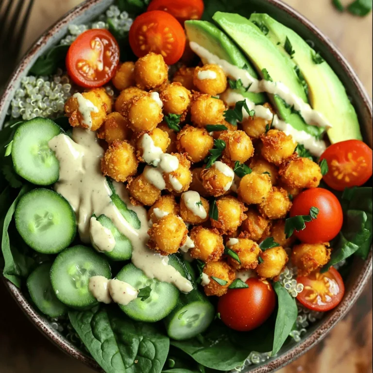 - 1 can (15 oz) chickpeas, drained and rinsed - 2 tablespoons extra virgin olive oil - 1 teaspoon smoked paprika - 1 teaspoon garlic powder - 1/2 teaspoon ground cumin - Sea salt and freshly ground black pepper, to taste - 1 cup quinoa, thoroughly rinsed - 2 cups vegetable broth (or water for a lighter flavor) - 1 cup cherry tomatoes, halved - 1 cucumber, diced into small pieces - 1 ripe avocado, sliced into wedges - 1 cup fresh baby spinach leaves - 1/4 cup tahini dressing (store-bought or homemade) - Fresh parsley, finely chopped for garnish Chickpeas are the star of this dish. They add protein and fiber. Roasting them makes them crispy and tasty. You coat them with olive oil and spices for flavor. Quinoa serves as a great base. It is a whole grain that cooks easily and adds a nutty taste. It’s also packed with protein. Fresh veggies like cherry tomatoes, cucumber, and spinach add color and crunch. They make the bowl look appealing and boost nutrition. Avocado adds healthy fat and creaminess. Tahini dressing ties everything together. It gives a rich, nutty flavor. You can buy it or make it quickly at home. This meal is well-balanced. Each serving has about: - Calories: 450 - Protein: 15g - Fat: 25g - Carbohydrates: 50g - Fiber: 12g This bowl is nourishing and keeps you full. It's a great choice for lunch or dinner. This meal is simple and fun to make. You need to gather your ingredients first. For this crispy chickpea Buddha bowl, you will use chickpeas, quinoa, fresh veggies, and tahini dressing. Each step is easy, and the outcome is tasty. Follow along with the instructions for best results. 1. Preheat the Oven: Set your oven to 400°F (200°C). This ensures your chickpeas roast perfectly. 2. Prepare the Chickpeas: In a medium bowl, mix the drained chickpeas with olive oil, smoked paprika, garlic powder, cumin, sea salt, and black pepper. Stir well until all chickpeas are coated evenly. 3. Roast the Chickpeas: Spread the chickpeas on a baking sheet lined with parchment paper. Roast them for 25-30 minutes. Shake or stir the chickpeas halfway through. This helps them cook evenly and become crispy. 4. Cook the Quinoa: While chickpeas roast, bring vegetable broth to a boil in a medium saucepan. Add the rinsed quinoa and stir once. Lower the heat and cover. Let it simmer for about 15 minutes. The quinoa should be fluffy and absorb all the liquid. 5. Fluff the Quinoa: Once cooked, remove the quinoa from heat. Let it sit for 5 minutes without the lid. Then, use a fork to fluff it up. Transfer it to a bowl to cool slightly. 1. Create a Base: In a large serving bowl, add a handful of fresh baby spinach at the bottom. 2. Add Quinoa: Place a scoop of the fluffy quinoa in the center of the bowl. 3. Arrange Veggies: Artfully add halved cherry tomatoes, diced cucumber, and sliced avocado around the quinoa. This makes the bowl look inviting. 4. Top with Chickpeas: Once the chickpeas are crispy, take them from the oven. Let them cool for a minute, then add them on top of your bowl. 5. Dress and Garnish: Drizzle tahini dressing over the entire bowl. This adds flavor and creaminess. Finish with a sprinkle of fresh parsley for a pop of color. Enjoy this crispy chickpea Buddha bowl as a nourishing meal that is also fun to prepare. For the full recipe, refer to the beginning of this article. For crispy chickpeas, choose good quality canned chickpeas. Rinse them well and drain fully to remove excess moisture. Pat them dry with a towel. This step helps them crisp up better. In a bowl, mix the chickpeas with olive oil and spices. Use smoked paprika for a nice smoky taste. Spread them on a baking sheet in a single layer. Roast at 400°F (200°C) for 25-30 minutes. Shake the pan halfway through cooking to ensure even browning. You want them golden and crunchy. For fluffy quinoa, rinse it well before cooking. This helps remove bitterness. In a pot, bring vegetable broth to a boil. Add the rinsed quinoa and stir once. Cover it and reduce heat to low. Let it simmer for 15 minutes. Once done, let it sit covered for 5 more minutes. This resting time lets the grains expand fully. Fluff it with a fork for the best texture. Remember, the ratio is one cup quinoa to two cups broth. A beautiful bowl makes food more inviting. Start with fresh baby spinach as your base. Then, add the fluffy quinoa in the center. Arrange colorful cherry tomatoes and cucumber around it. Slice the avocado and place it in a way that adds color. Top with crispy chickpeas for crunch. Drizzle tahini dressing over the entire bowl to bring it all together. Finish with fresh parsley for a pop of green. Serve in deep dishes or wide bowls for an appealing look. {{image_4}} Chickpeas are great, but you can switch them out. Try black beans, lentils, or edamame. Each brings a unique taste and texture. If you want more protein, consider adding grilled chicken or tofu. Both will give your bowl a hearty feel. You can even mix and match for fun! The beauty of a Buddha bowl is its flexibility. You can change the veggies based on what's fresh. In summer, add bell peppers and zucchini. In winter, try roasted sweet potatoes or Brussels sprouts. Just remember to keep the colors bright for a fun look. Seasonal swaps can make your meal more exciting and flavorful. Want to change the taste? Adjust the spices and dressings. For a kick, add a dash of cayenne or chili powder. If you like a sweeter flavor, toss in some roasted carrots or beets. You can also switch the tahini dressing for a yogurt or peanut sauce. This keeps your meals new and fresh. Explore flavors to find what you love! For more detailed cooking instructions, check the Full Recipe. To store your leftovers, let the Buddha bowl cool completely. Use airtight containers to keep everything fresh. Place the crispy chickpeas in a separate container. This keeps them crunchy. The rest of the bowl can go together. Store in the fridge for up to three days. Reheat the quinoa and veggies in the microwave. I suggest using a microwave-safe bowl. Cover it with a damp paper towel. This keeps moisture in. For the chickpeas, heat them in the oven at 350°F (175°C) for about 10 minutes. This will help them regain their crunch. To ensure freshness, buy chickpeas in small batches. Check the expiration dates on canned goods. Store fresh veggies in the crisper drawer of your fridge. Use them within a week for the best taste. For avocado, buy them firm and let them ripen at room temperature. Once ripe, use them within a few days for the best flavor. Yes, you can use canned chickpeas. They are convenient and save time. Just drain and rinse them well before cooking. This helps remove excess sodium and makes them cleaner. Using canned chickpeas also makes this dish quick to prepare. If you don’t have tahini, you can use almond butter or sunflower seed butter. Both options provide a creamy texture. You can also make a simple dressing with yogurt or sour cream. Mix in a bit of lemon juice for extra flavor. The Crispy Chickpea Buddha Bowl lasts about 3 to 4 days in the fridge. Store the ingredients separately to keep them fresh. Place the crispy chickpeas in an airtight container. This will help them stay crunchy. Remember to reheat the chickpeas before serving for the best texture. For the full recipe, check out the details above. In this blog post, we covered how to make a Crispy Chickpea Buddha Bowl. We detailed the key ingredients, cooking steps, and tips for perfect results. You learned about variations to suit your taste. Storing leftovers correctly helps keep your bowl fresh. Remember, you can adapt this recipe to fit your needs. Explore new flavors and enjoy this healthy dish!