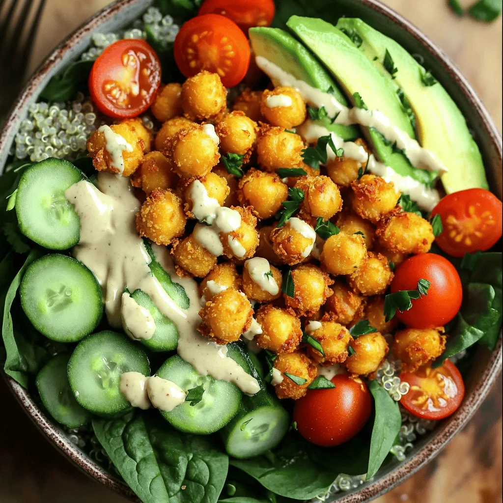- 1 can (15 oz) chickpeas, drained and rinsed - 2 tablespoons extra virgin olive oil - 1 teaspoon smoked paprika - 1 teaspoon garlic powder - 1/2 teaspoon ground cumin - Sea salt and freshly ground black pepper, to taste - 1 cup quinoa, thoroughly rinsed - 2 cups vegetable broth (or water for a lighter flavor) - 1 cup cherry tomatoes, halved - 1 cucumber, diced into small pieces - 1 ripe avocado, sliced into wedges - 1 cup fresh baby spinach leaves - 1/4 cup tahini dressing (store-bought or homemade) - Fresh parsley, finely chopped for garnish Chickpeas are the star of this dish. They add protein and fiber. Roasting them makes them crispy and tasty. You coat them with olive oil and spices for flavor. Quinoa serves as a great base. It is a whole grain that cooks easily and adds a nutty taste. It’s also packed with protein. Fresh veggies like cherry tomatoes, cucumber, and spinach add color and crunch. They make the bowl look appealing and boost nutrition. Avocado adds healthy fat and creaminess. Tahini dressing ties everything together. It gives a rich, nutty flavor. You can buy it or make it quickly at home. This meal is well-balanced. Each serving has about: - Calories: 450 - Protein: 15g - Fat: 25g - Carbohydrates: 50g - Fiber: 12g This bowl is nourishing and keeps you full. It's a great choice for lunch or dinner. This meal is simple and fun to make. You need to gather your ingredients first. For this crispy chickpea Buddha bowl, you will use chickpeas, quinoa, fresh veggies, and tahini dressing. Each step is easy, and the outcome is tasty. Follow along with the instructions for best results. 1. Preheat the Oven: Set your oven to 400°F (200°C). This ensures your chickpeas roast perfectly. 2. Prepare the Chickpeas: In a medium bowl, mix the drained chickpeas with olive oil, smoked paprika, garlic powder, cumin, sea salt, and black pepper. Stir well until all chickpeas are coated evenly. 3. Roast the Chickpeas: Spread the chickpeas on a baking sheet lined with parchment paper. Roast them for 25-30 minutes. Shake or stir the chickpeas halfway through. This helps them cook evenly and become crispy. 4. Cook the Quinoa: While chickpeas roast, bring vegetable broth to a boil in a medium saucepan. Add the rinsed quinoa and stir once. Lower the heat and cover. Let it simmer for about 15 minutes. The quinoa should be fluffy and absorb all the liquid. 5. Fluff the Quinoa: Once cooked, remove the quinoa from heat. Let it sit for 5 minutes without the lid. Then, use a fork to fluff it up. Transfer it to a bowl to cool slightly. 1. Create a Base: In a large serving bowl, add a handful of fresh baby spinach at the bottom. 2. Add Quinoa: Place a scoop of the fluffy quinoa in the center of the bowl. 3. Arrange Veggies: Artfully add halved cherry tomatoes, diced cucumber, and sliced avocado around the quinoa. This makes the bowl look inviting. 4. Top with Chickpeas: Once the chickpeas are crispy, take them from the oven. Let them cool for a minute, then add them on top of your bowl. 5. Dress and Garnish: Drizzle tahini dressing over the entire bowl. This adds flavor and creaminess. Finish with a sprinkle of fresh parsley for a pop of color. Enjoy this crispy chickpea Buddha bowl as a nourishing meal that is also fun to prepare. For the full recipe, refer to the beginning of this article. For crispy chickpeas, choose good quality canned chickpeas. Rinse them well and drain fully to remove excess moisture. Pat them dry with a towel. This step helps them crisp up better. In a bowl, mix the chickpeas with olive oil and spices. Use smoked paprika for a nice smoky taste. Spread them on a baking sheet in a single layer. Roast at 400°F (200°C) for 25-30 minutes. Shake the pan halfway through cooking to ensure even browning. You want them golden and crunchy. For fluffy quinoa, rinse it well before cooking. This helps remove bitterness. In a pot, bring vegetable broth to a boil. Add the rinsed quinoa and stir once. Cover it and reduce heat to low. Let it simmer for 15 minutes. Once done, let it sit covered for 5 more minutes. This resting time lets the grains expand fully. Fluff it with a fork for the best texture. Remember, the ratio is one cup quinoa to two cups broth. A beautiful bowl makes food more inviting. Start with fresh baby spinach as your base. Then, add the fluffy quinoa in the center. Arrange colorful cherry tomatoes and cucumber around it. Slice the avocado and place it in a way that adds color. Top with crispy chickpeas for crunch. Drizzle tahini dressing over the entire bowl to bring it all together. Finish with fresh parsley for a pop of green. Serve in deep dishes or wide bowls for an appealing look. {{image_4}} Chickpeas are great, but you can switch them out. Try black beans, lentils, or edamame. Each brings a unique taste and texture. If you want more protein, consider adding grilled chicken or tofu. Both will give your bowl a hearty feel. You can even mix and match for fun! The beauty of a Buddha bowl is its flexibility. You can change the veggies based on what's fresh. In summer, add bell peppers and zucchini. In winter, try roasted sweet potatoes or Brussels sprouts. Just remember to keep the colors bright for a fun look. Seasonal swaps can make your meal more exciting and flavorful. Want to change the taste? Adjust the spices and dressings. For a kick, add a dash of cayenne or chili powder. If you like a sweeter flavor, toss in some roasted carrots or beets. You can also switch the tahini dressing for a yogurt or peanut sauce. This keeps your meals new and fresh. Explore flavors to find what you love! For more detailed cooking instructions, check the Full Recipe. To store your leftovers, let the Buddha bowl cool completely. Use airtight containers to keep everything fresh. Place the crispy chickpeas in a separate container. This keeps them crunchy. The rest of the bowl can go together. Store in the fridge for up to three days. Reheat the quinoa and veggies in the microwave. I suggest using a microwave-safe bowl. Cover it with a damp paper towel. This keeps moisture in. For the chickpeas, heat them in the oven at 350°F (175°C) for about 10 minutes. This will help them regain their crunch. To ensure freshness, buy chickpeas in small batches. Check the expiration dates on canned goods. Store fresh veggies in the crisper drawer of your fridge. Use them within a week for the best taste. For avocado, buy them firm and let them ripen at room temperature. Once ripe, use them within a few days for the best flavor. Yes, you can use canned chickpeas. They are convenient and save time. Just drain and rinse them well before cooking. This helps remove excess sodium and makes them cleaner. Using canned chickpeas also makes this dish quick to prepare. If you don’t have tahini, you can use almond butter or sunflower seed butter. Both options provide a creamy texture. You can also make a simple dressing with yogurt or sour cream. Mix in a bit of lemon juice for extra flavor. The Crispy Chickpea Buddha Bowl lasts about 3 to 4 days in the fridge. Store the ingredients separately to keep them fresh. Place the crispy chickpeas in an airtight container. This will help them stay crunchy. Remember to reheat the chickpeas before serving for the best texture. For the full recipe, check out the details above. In this blog post, we covered how to make a Crispy Chickpea Buddha Bowl. We detailed the key ingredients, cooking steps, and tips for perfect results. You learned about variations to suit your taste. Storing leftovers correctly helps keep your bowl fresh. Remember, you can adapt this recipe to fit your needs. Explore new flavors and enjoy this healthy dish!