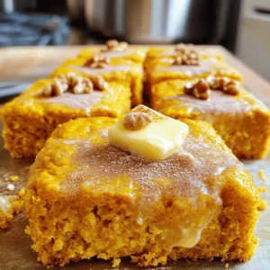 To make the best pumpkin cornbread, you need a few key items. Here’s what you’ll need: - 1 cup all-purpose flour - 1 cup cornmeal - 1 cup canned pumpkin puree - 1/2 cup packed brown sugar - 1/4 cup honey - 1/2 cup milk (or a milk alternative) - 2 large eggs - 1/4 cup unsalted butter, melted - 1 tablespoon baking powder - 1 teaspoon ground cinnamon - 1/2 teaspoon ground nutmeg - 1/4 teaspoon ground allspice - 1/2 teaspoon salt These ingredients create a warm and sweet flavor. The pumpkin puree gives it moisture and richness. The spices add depth and warmth, perfect for any fall gathering. You can customize your pumpkin cornbread with some tasty add-ins. Here are great options: - 1/2 cup chopped walnuts - 1/2 cup chopped pecans - 1/2 cup dried cranberries - 1/2 cup chocolate chips These add-ins boost flavor and texture. Nuts add crunch, while chocolate adds sweetness. Feel free to mix and match based on your taste. If you have allergies, there are easy swaps for this recipe. Here are some ideas: - Use gluten-free flour instead of all-purpose flour. - Swap milk for almond or oat milk for dairy-free options. - Replace eggs with flaxseed meal mixed with water for a vegan option. These substitutions help make the recipe safe for everyone. Always check labels to ensure ingredients are allergy-friendly. For the complete recipe, refer to the Full Recipe. Start by preheating your oven to 350°F (175°C). Grease a 9x9 inch baking dish. You can use butter or cooking spray. If you prefer, line the dish with parchment paper. This helps with easy removal later. In a large bowl, sift together the all-purpose flour, cornmeal, and baking powder. Add ground cinnamon, nutmeg, allspice, and salt. Stir until everything is mixed well. This step is key for even baking. In another bowl, whisk together the canned pumpkin puree, brown sugar, honey, milk, eggs, and melted butter. Mix until it becomes smooth. This blend adds moisture and flavor to your cornbread. Gradually pour the wet mix into the dry ingredients. Use a spatula or wooden spoon to fold them together gently. Don’t overmix! A few lumps are fine. If you want nuts, fold them in now. Pour the batter into your prepared baking dish. Spread it evenly. Place the dish in the oven and bake for 25-30 minutes. To check if it’s done, insert a toothpick in the center. If it comes out clean, it’s ready. Let the cornbread cool in the pan for about 10 minutes. Then, transfer it to a wire rack to cool completely. For serving, cut it into warm squares. You can add butter and a sprinkle of cinnamon. For a festive touch, dust the top with powdered sugar. Enjoy this delightful dish as a sweet treat that pairs well with many meals. To keep your cornbread moist, use fresh ingredients. Always check the date on your baking powder. Mix the wet and dry ingredients just until combined. Overmixing can make it dry. Also, adding an extra egg can add more moisture. One common mistake is not preheating the oven. Always let it heat up first. Another mistake is using too much flour. Measure it properly by spooning it into the cup and leveling it. Lastly, don’t skip greasing the pan or using parchment paper. This helps prevent sticking. To test if your cornbread is done, insert a toothpick in the center. If it comes out clean, it’s ready. If it has batter on it, bake for a few more minutes. You can also gently press the top; it should spring back when done. Enjoy your pumpkin cornbread as a treat, perfect for any occasion. For the complete process, check the Full Recipe for all the steps. {{image_4}} You can make this cornbread gluten-free by swapping all-purpose flour with gluten-free flour. There are many good blends available. Just make sure it’s a 1:1 replacement. This keeps the texture similar. The taste remains just as yummy! To make a vegan version, use a plant-based milk instead of regular milk. Replace the eggs with flax eggs. To make one flax egg, mix one tablespoon of ground flaxseed with three tablespoons of water. Let it sit for five minutes to thicken. This works well and keeps your cornbread moist. You can add different spices to change the flavor. Try ginger for a warm kick, or cardamom for a sweet touch. Adding cheese can also enhance the taste. Grated sharp cheddar makes it savory. If you want a crunch, toss in some chopped jalapeños or seeds. These small changes make each batch special and fun! Try any mix you enjoy. For the full recipe, check out the Spiced Pumpkin Cornbread Delight. Store leftover cornbread in an airtight container. Keep it at room temperature for up to two days. If you want to keep it fresh longer, put it in the fridge. Just make sure to wrap it well to prevent it from drying out. To freeze pumpkin cornbread, first, let it cool completely. Then, slice the cornbread into pieces. Wrap each piece tightly in plastic wrap. Place the wrapped pieces in a freezer bag. They can last up to three months in the freezer. When you want to enjoy a slice, just take it out and thaw it. To reheat your cornbread, preheat your oven to 350°F (175°C). Place the slices on a baking sheet. Cover them loosely with foil to keep moisture in. Heat for about 10-15 minutes. If you prefer the microwave, heat for 15-20 seconds per slice. Enjoy your cornbread warm and fresh! Serve pumpkin cornbread warm for the best flavor. Slice it into squares. You can add butter or a sprinkle of cinnamon on top. For a touch of sweetness, try powdered sugar. This makes it look nice and taste even better. Yes, you can make pumpkin cornbread ahead of time. Bake it and let it cool completely. Wrap it tightly in plastic wrap or foil. Store it in the fridge for up to three days. This way, you can enjoy it fresh when you are ready. Pumpkin cornbread pairs well with many dishes. Try it with chili, soups, or stews. It also goes great with roasted meats. For a sweet touch, serve it with honey or jam. You can even enjoy it with a hot cup of coffee. Pumpkin cornbread can last up to five days in the fridge. Make sure to store it in an airtight container. This keeps it fresh and moist. If you want to keep it longer, freeze it for up to three months. Traditional pumpkin cornbread is not gluten-free. It uses all-purpose flour and cornmeal. However, you can make a gluten-free version. Substitute all-purpose flour with a gluten-free flour blend. This way, everyone can enjoy it. Check out the Full Recipe for more ideas. We covered all you need to know about pumpkin cornbread. You learned the key ingredients, useful tips, and step-by-step instructions for a perfect bake. You can even try fun variations or storage ideas to keep it fresh. This cornbread is not just tasty; it fits many diets too. Enjoy your baking and share this delight with others!