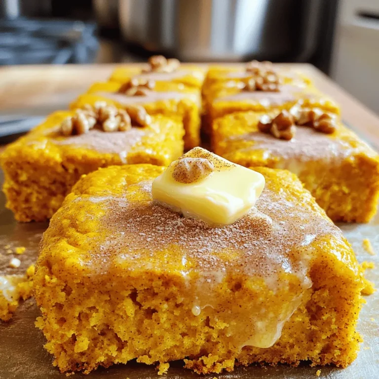 To make the best pumpkin cornbread, you need a few key items. Here’s what you’ll need: - 1 cup all-purpose flour - 1 cup cornmeal - 1 cup canned pumpkin puree - 1/2 cup packed brown sugar - 1/4 cup honey - 1/2 cup milk (or a milk alternative) - 2 large eggs - 1/4 cup unsalted butter, melted - 1 tablespoon baking powder - 1 teaspoon ground cinnamon - 1/2 teaspoon ground nutmeg - 1/4 teaspoon ground allspice - 1/2 teaspoon salt These ingredients create a warm and sweet flavor. The pumpkin puree gives it moisture and richness. The spices add depth and warmth, perfect for any fall gathering. You can customize your pumpkin cornbread with some tasty add-ins. Here are great options: - 1/2 cup chopped walnuts - 1/2 cup chopped pecans - 1/2 cup dried cranberries - 1/2 cup chocolate chips These add-ins boost flavor and texture. Nuts add crunch, while chocolate adds sweetness. Feel free to mix and match based on your taste. If you have allergies, there are easy swaps for this recipe. Here are some ideas: - Use gluten-free flour instead of all-purpose flour. - Swap milk for almond or oat milk for dairy-free options. - Replace eggs with flaxseed meal mixed with water for a vegan option. These substitutions help make the recipe safe for everyone. Always check labels to ensure ingredients are allergy-friendly. For the complete recipe, refer to the Full Recipe. Start by preheating your oven to 350°F (175°C). Grease a 9x9 inch baking dish. You can use butter or cooking spray. If you prefer, line the dish with parchment paper. This helps with easy removal later. In a large bowl, sift together the all-purpose flour, cornmeal, and baking powder. Add ground cinnamon, nutmeg, allspice, and salt. Stir until everything is mixed well. This step is key for even baking. In another bowl, whisk together the canned pumpkin puree, brown sugar, honey, milk, eggs, and melted butter. Mix until it becomes smooth. This blend adds moisture and flavor to your cornbread. Gradually pour the wet mix into the dry ingredients. Use a spatula or wooden spoon to fold them together gently. Don’t overmix! A few lumps are fine. If you want nuts, fold them in now. Pour the batter into your prepared baking dish. Spread it evenly. Place the dish in the oven and bake for 25-30 minutes. To check if it’s done, insert a toothpick in the center. If it comes out clean, it’s ready. Let the cornbread cool in the pan for about 10 minutes. Then, transfer it to a wire rack to cool completely. For serving, cut it into warm squares. You can add butter and a sprinkle of cinnamon. For a festive touch, dust the top with powdered sugar. Enjoy this delightful dish as a sweet treat that pairs well with many meals. To keep your cornbread moist, use fresh ingredients. Always check the date on your baking powder. Mix the wet and dry ingredients just until combined. Overmixing can make it dry. Also, adding an extra egg can add more moisture. One common mistake is not preheating the oven. Always let it heat up first. Another mistake is using too much flour. Measure it properly by spooning it into the cup and leveling it. Lastly, don’t skip greasing the pan or using parchment paper. This helps prevent sticking. To test if your cornbread is done, insert a toothpick in the center. If it comes out clean, it’s ready. If it has batter on it, bake for a few more minutes. You can also gently press the top; it should spring back when done. Enjoy your pumpkin cornbread as a treat, perfect for any occasion. For the complete process, check the Full Recipe for all the steps. {{image_4}} You can make this cornbread gluten-free by swapping all-purpose flour with gluten-free flour. There are many good blends available. Just make sure it’s a 1:1 replacement. This keeps the texture similar. The taste remains just as yummy! To make a vegan version, use a plant-based milk instead of regular milk. Replace the eggs with flax eggs. To make one flax egg, mix one tablespoon of ground flaxseed with three tablespoons of water. Let it sit for five minutes to thicken. This works well and keeps your cornbread moist. You can add different spices to change the flavor. Try ginger for a warm kick, or cardamom for a sweet touch. Adding cheese can also enhance the taste. Grated sharp cheddar makes it savory. If you want a crunch, toss in some chopped jalapeños or seeds. These small changes make each batch special and fun! Try any mix you enjoy. For the full recipe, check out the Spiced Pumpkin Cornbread Delight. Store leftover cornbread in an airtight container. Keep it at room temperature for up to two days. If you want to keep it fresh longer, put it in the fridge. Just make sure to wrap it well to prevent it from drying out. To freeze pumpkin cornbread, first, let it cool completely. Then, slice the cornbread into pieces. Wrap each piece tightly in plastic wrap. Place the wrapped pieces in a freezer bag. They can last up to three months in the freezer. When you want to enjoy a slice, just take it out and thaw it. To reheat your cornbread, preheat your oven to 350°F (175°C). Place the slices on a baking sheet. Cover them loosely with foil to keep moisture in. Heat for about 10-15 minutes. If you prefer the microwave, heat for 15-20 seconds per slice. Enjoy your cornbread warm and fresh! Serve pumpkin cornbread warm for the best flavor. Slice it into squares. You can add butter or a sprinkle of cinnamon on top. For a touch of sweetness, try powdered sugar. This makes it look nice and taste even better. Yes, you can make pumpkin cornbread ahead of time. Bake it and let it cool completely. Wrap it tightly in plastic wrap or foil. Store it in the fridge for up to three days. This way, you can enjoy it fresh when you are ready. Pumpkin cornbread pairs well with many dishes. Try it with chili, soups, or stews. It also goes great with roasted meats. For a sweet touch, serve it with honey or jam. You can even enjoy it with a hot cup of coffee. Pumpkin cornbread can last up to five days in the fridge. Make sure to store it in an airtight container. This keeps it fresh and moist. If you want to keep it longer, freeze it for up to three months. Traditional pumpkin cornbread is not gluten-free. It uses all-purpose flour and cornmeal. However, you can make a gluten-free version. Substitute all-purpose flour with a gluten-free flour blend. This way, everyone can enjoy it. Check out the Full Recipe for more ideas. We covered all you need to know about pumpkin cornbread. You learned the key ingredients, useful tips, and step-by-step instructions for a perfect bake. You can even try fun variations or storage ideas to keep it fresh. This cornbread is not just tasty; it fits many diets too. Enjoy your baking and share this delight with others!