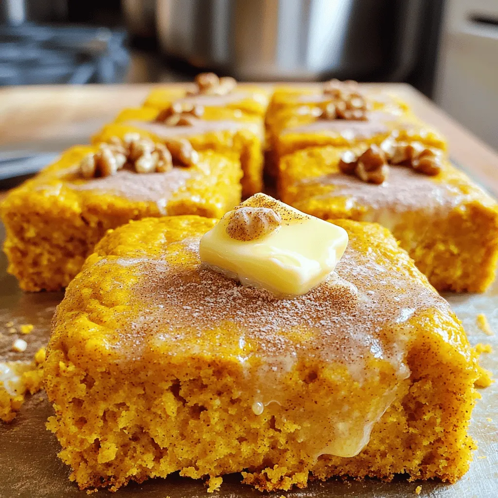To make the best pumpkin cornbread, you need a few key items. Here’s what you’ll need: - 1 cup all-purpose flour - 1 cup cornmeal - 1 cup canned pumpkin puree - 1/2 cup packed brown sugar - 1/4 cup honey - 1/2 cup milk (or a milk alternative) - 2 large eggs - 1/4 cup unsalted butter, melted - 1 tablespoon baking powder - 1 teaspoon ground cinnamon - 1/2 teaspoon ground nutmeg - 1/4 teaspoon ground allspice - 1/2 teaspoon salt These ingredients create a warm and sweet flavor. The pumpkin puree gives it moisture and richness. The spices add depth and warmth, perfect for any fall gathering. You can customize your pumpkin cornbread with some tasty add-ins. Here are great options: - 1/2 cup chopped walnuts - 1/2 cup chopped pecans - 1/2 cup dried cranberries - 1/2 cup chocolate chips These add-ins boost flavor and texture. Nuts add crunch, while chocolate adds sweetness. Feel free to mix and match based on your taste. If you have allergies, there are easy swaps for this recipe. Here are some ideas: - Use gluten-free flour instead of all-purpose flour. - Swap milk for almond or oat milk for dairy-free options. - Replace eggs with flaxseed meal mixed with water for a vegan option. These substitutions help make the recipe safe for everyone. Always check labels to ensure ingredients are allergy-friendly. For the complete recipe, refer to the Full Recipe. Start by preheating your oven to 350°F (175°C). Grease a 9x9 inch baking dish. You can use butter or cooking spray. If you prefer, line the dish with parchment paper. This helps with easy removal later. In a large bowl, sift together the all-purpose flour, cornmeal, and baking powder. Add ground cinnamon, nutmeg, allspice, and salt. Stir until everything is mixed well. This step is key for even baking. In another bowl, whisk together the canned pumpkin puree, brown sugar, honey, milk, eggs, and melted butter. Mix until it becomes smooth. This blend adds moisture and flavor to your cornbread. Gradually pour the wet mix into the dry ingredients. Use a spatula or wooden spoon to fold them together gently. Don’t overmix! A few lumps are fine. If you want nuts, fold them in now. Pour the batter into your prepared baking dish. Spread it evenly. Place the dish in the oven and bake for 25-30 minutes. To check if it’s done, insert a toothpick in the center. If it comes out clean, it’s ready. Let the cornbread cool in the pan for about 10 minutes. Then, transfer it to a wire rack to cool completely. For serving, cut it into warm squares. You can add butter and a sprinkle of cinnamon. For a festive touch, dust the top with powdered sugar. Enjoy this delightful dish as a sweet treat that pairs well with many meals. To keep your cornbread moist, use fresh ingredients. Always check the date on your baking powder. Mix the wet and dry ingredients just until combined. Overmixing can make it dry. Also, adding an extra egg can add more moisture. One common mistake is not preheating the oven. Always let it heat up first. Another mistake is using too much flour. Measure it properly by spooning it into the cup and leveling it. Lastly, don’t skip greasing the pan or using parchment paper. This helps prevent sticking. To test if your cornbread is done, insert a toothpick in the center. If it comes out clean, it’s ready. If it has batter on it, bake for a few more minutes. You can also gently press the top; it should spring back when done. Enjoy your pumpkin cornbread as a treat, perfect for any occasion. For the complete process, check the Full Recipe for all the steps. {{image_4}} You can make this cornbread gluten-free by swapping all-purpose flour with gluten-free flour. There are many good blends available. Just make sure it’s a 1:1 replacement. This keeps the texture similar. The taste remains just as yummy! To make a vegan version, use a plant-based milk instead of regular milk. Replace the eggs with flax eggs. To make one flax egg, mix one tablespoon of ground flaxseed with three tablespoons of water. Let it sit for five minutes to thicken. This works well and keeps your cornbread moist. You can add different spices to change the flavor. Try ginger for a warm kick, or cardamom for a sweet touch. Adding cheese can also enhance the taste. Grated sharp cheddar makes it savory. If you want a crunch, toss in some chopped jalapeños or seeds. These small changes make each batch special and fun! Try any mix you enjoy. For the full recipe, check out the Spiced Pumpkin Cornbread Delight. Store leftover cornbread in an airtight container. Keep it at room temperature for up to two days. If you want to keep it fresh longer, put it in the fridge. Just make sure to wrap it well to prevent it from drying out. To freeze pumpkin cornbread, first, let it cool completely. Then, slice the cornbread into pieces. Wrap each piece tightly in plastic wrap. Place the wrapped pieces in a freezer bag. They can last up to three months in the freezer. When you want to enjoy a slice, just take it out and thaw it. To reheat your cornbread, preheat your oven to 350°F (175°C). Place the slices on a baking sheet. Cover them loosely with foil to keep moisture in. Heat for about 10-15 minutes. If you prefer the microwave, heat for 15-20 seconds per slice. Enjoy your cornbread warm and fresh! Serve pumpkin cornbread warm for the best flavor. Slice it into squares. You can add butter or a sprinkle of cinnamon on top. For a touch of sweetness, try powdered sugar. This makes it look nice and taste even better. Yes, you can make pumpkin cornbread ahead of time. Bake it and let it cool completely. Wrap it tightly in plastic wrap or foil. Store it in the fridge for up to three days. This way, you can enjoy it fresh when you are ready. Pumpkin cornbread pairs well with many dishes. Try it with chili, soups, or stews. It also goes great with roasted meats. For a sweet touch, serve it with honey or jam. You can even enjoy it with a hot cup of coffee. Pumpkin cornbread can last up to five days in the fridge. Make sure to store it in an airtight container. This keeps it fresh and moist. If you want to keep it longer, freeze it for up to three months. Traditional pumpkin cornbread is not gluten-free. It uses all-purpose flour and cornmeal. However, you can make a gluten-free version. Substitute all-purpose flour with a gluten-free flour blend. This way, everyone can enjoy it. Check out the Full Recipe for more ideas. We covered all you need to know about pumpkin cornbread. You learned the key ingredients, useful tips, and step-by-step instructions for a perfect bake. You can even try fun variations or storage ideas to keep it fresh. This cornbread is not just tasty; it fits many diets too. Enjoy your baking and share this delight with others!