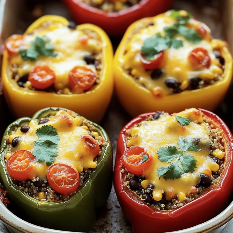 - 4 large bell peppers (any vibrant color) - 1 cup quinoa, thoroughly rinsed and drained - 2 cups vegetable broth - 1 can (15 oz) black beans, well rinsed and drained - 1 cup corn (fresh, frozen, or canned, drained) - 1 cup cherry tomatoes, halved - 1 teaspoon ground cumin - 1 teaspoon smoked paprika - 1 teaspoon garlic powder - Salt and freshly cracked black pepper to taste - 1 tablespoon extra virgin olive oil - ½ cup shredded cheddar cheese (optional but recommended) - Fresh cilantro or parsley, finely chopped for garnish - Additional vegetables (e.g., zucchini, mushrooms) - Spices and herbs (e.g., oregano, chili powder) When making stuffed bell pepper boats, you have many options. I love using colorful bell peppers. They add a fun look to your dish. Choose ones that are firm and bright. For the filling, I use quinoa. It’s not only healthy but also tasty. Rinse it well before cooking. The vegetable broth adds flavor and makes it rich. Black beans are another great choice. They are filling and packed with protein. Rinse them well too, to get rid of extra salt. Corn brings sweetness to the dish. You can use fresh, frozen, or canned corn. Cherry tomatoes add a nice juicy burst. Spices like cumin and paprika give depth. Garlic powder adds that warm flavor we all love. Don’t forget to season with salt and pepper to make it pop. Finally, I drizzle olive oil on the filling. It helps everything blend together. If you love cheese, add some cheddar on top for creaminess. Feel free to customize your stuffed peppers with optional add-ins. You can mix in other veggies like zucchini or mushrooms. Extra spices can make a big impact too. This recipe is flexible. You can adjust it to fit your taste. Explore and have fun with your stuffed bell pepper boats! For the complete guide, check out the Full Recipe I have shared. - Preheat the oven to 375°F (190°C). - Prepare the bell peppers by cutting off their tops. Carefully remove the seeds and membranes. Make sure they sit upright in a baking dish. - Combine 1 cup of quinoa and 2 cups of vegetable broth in a saucepan. - Bring this mix to a boil, then reduce the heat to low. Cover the pot and let it simmer. Cook for about 15 minutes or until the quinoa is fluffy and the broth has absorbed. - In a large mixing bowl, combine the cooked quinoa with one can of black beans, one cup of corn, and spices. - Add 1 teaspoon of ground cumin, 1 teaspoon of smoked paprika, and 1 teaspoon of garlic powder. Season with salt and black pepper. - Drizzle 1 tablespoon of olive oil over the mixture. Stir until everything is well blended. - Carefully spoon the filling into each prepared bell pepper. Press it down gently to pack it in. - If you like, top each stuffed pepper with ½ cup of shredded cheddar cheese for added flavor. - Pour a little water into the bottom of the baking dish. Cover the dish with aluminum foil. This helps keep the peppers moist. - Bake the stuffed peppers in the preheated oven for 25-30 minutes. Check for doneness; they should be fork-tender. Enjoy your delicious Stuffed Bell Pepper Boats with vibrant colors and flavors! For the full recipe, please refer back to the recipe section. To start, cutting bell peppers right matters. Slice off the tops using a sharp knife. Be careful not to cut too deep. Next, remove the seeds and white membranes inside. A small spoon works great for this. Rinse the peppers under cold water to clean them. For even cooking, place your stuffed peppers tightly in the baking dish. This helps them cook at the same rate. Mixing flavors is key, too. Use spices like cumin and smoked paprika to boost taste. You can taste the filling before you stuff the peppers. Adjust the salt and pepper as needed. Serving your stuffed bell pepper boats can be fun. Use a colorful platter to catch the eye. Arrange the peppers upright, showing off their filling. You can add a wedge of lime on the side for a fresh touch. A sprinkle of chopped cilantro or parsley adds color and flavor. You can prepare stuffed peppers ahead of time. Stuff them and cover with foil. Store them in the fridge for up to a day. This makes meal prep easy for busy nights. For sides, consider a fresh salad or crusty bread. You can also pair them with rice or quinoa for a filling meal. These peppers are great for family dinners or potlucks. For the full recipe, check out Stuffed Bell Pepper Boats. {{image_4}} You can easily make this dish vegetarian. Substituting quinoa with rice or couscous works well. Rice gives a nice texture, while couscous cooks faster. Both options taste great in these stuffed bell pepper boats. Adding different vegetables also boosts flavor and nutrition. Try diced zucchini, mushrooms, or spinach. These veggies add color and crunch. You can mix and match to fit your taste. Want to add meat? Ground turkey or beef makes a hearty filling. Just cook the meat before adding it to the quinoa mixture. This step ensures the meat is safe to eat. When adding meat, adjust the spices. You might want to use more cumin or paprika. This adjustment gives the dish a richer taste. Cheese can take your stuffed peppers to the next level. Mozzarella or feta are great choices. Mozzarella melts beautifully, while feta adds a tangy twist. For even more flavor, add layers of salsa or sauce. It keeps the filling moist and adds a kick. You can also drizzle some sauce on top before baking. This extra step makes the dish even more delicious. Check out the [Full Recipe] for all the details! To keep your stuffed bell pepper boats fresh, store them in an airtight container. This helps lock in moisture and flavor. You can keep them in the fridge for about 3 to 4 days. If you want to save them for later, allow them to cool completely before storing. You can freeze stuffed peppers both before and after baking. If you freeze them before cooking, wrap them tightly in plastic wrap and then in aluminum foil. This keeps out air and prevents freezer burn. If you choose to freeze them after baking, let them cool first. Then, place them in a freezer-safe container. They will stay good for up to 3 months. To reheat your stuffed peppers, the oven works best. Preheat it to 350°F (175°C). Place the peppers in a baking dish and cover with foil. Bake for about 20 to 25 minutes until heated through. You can also use a microwave if you're in a hurry. Just place one pepper on a plate and heat for 2 to 3 minutes. This method may make them a bit softer, but they'll still taste great! To make stuffed bell peppers in advance, prepare the filling first. Cook the quinoa and mix it with your beans, corn, and spices. Once mixed, stuff each bell pepper with the filling. You can store them in the fridge for up to two days before baking. Cover them tightly to keep them fresh. When ready to bake, just pop them into the oven. This saves you time and effort on busy nights. Yes, you can use other types of peppers! Try using poblano, Anaheim, or even jalapeño peppers. Each type adds a unique flavor and spice level. Poblano peppers are mild and have a rich taste. They also hold a good amount of filling. If you like a bit of heat, jalapeños are a great choice. Just remember to adjust the cooking time if your peppers are smaller. Stuffed bell pepper boats pair well with many side dishes. Some great options include a fresh green salad, roasted vegetables, or rice. You can also serve them with a side of guacamole or salsa for added flavor. If you want something warm, consider serving bread or cornbread. These sides complement the flavors and make for a complete meal. To adjust the spice level, you can add or reduce spices. For less heat, skip the cumin and paprika. If you want more flavor, add some chili powder or crushed red pepper. You can also mix in diced jalapeños or hot sauce. Start with a little and taste as you go. This way, you can find the perfect balance for your taste. Yes, this dish can be gluten-free! The main ingredients, like quinoa and beans, are naturally gluten-free. Just be sure to check that your vegetable broth is gluten-free as well. If you add other ingredients, like sauces or spices, check their labels. This way, you can enjoy a safe and tasty meal. Stuffed bell peppers are simple and fun to make. We covered the key ingredients and steps to prepare them. You learned how to customize flavors and presentation. Remember, you can use different spices, grains, or veggies. These peppers can please everyone, regardless of diet. Enjoy your meal prep and share these tasty, healthy treats with friends and family. Happy cooking!