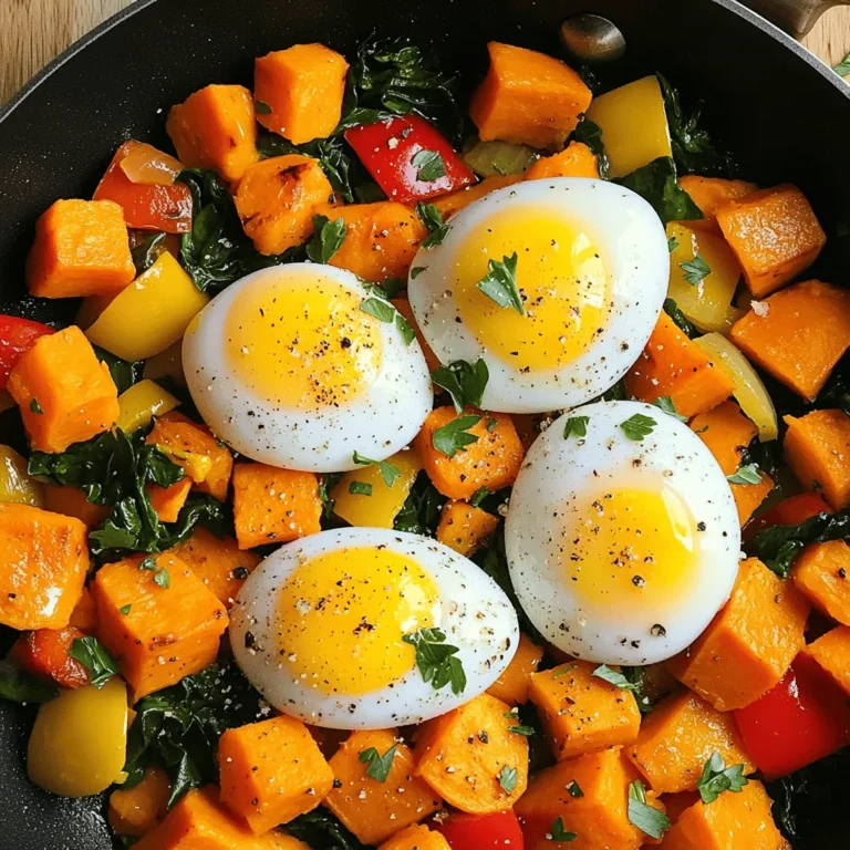 - 2 medium sweet potatoes, peeled and diced into small cubes - 1 red bell pepper, diced - 1 small yellow onion, chopped - 2 cloves garlic, minced - 1 cup fresh spinach, chopped - 4 large eggs - 2 tablespoons extra virgin olive oil - 1 teaspoon smoked paprika - ½ teaspoon ground cumin - Salt and freshly ground black pepper to taste - Fresh parsley, chopped, for garnish To get the best results, accurate measuring matters. For sweet potatoes, use a kitchen scale for even cubes. This helps them cook evenly. For spices, use measuring spoons for precision. This ensures you balance flavors just right. If you chop your vegetables, keep them similar in size. This way, they cook at the same time. You can easily swap ingredients based on your needs. For a lower-carb option, use cauliflower instead of sweet potatoes. If you don't like spinach, try kale or Swiss chard. For vegan meals, replace eggs with tofu or chickpea flour. This keeps your dish tasty and fun while fitting your diet. Explore different colors and textures to make your breakfast hash unique. Start by washing your sweet potatoes well. Peel them and cut them into small cubes. This helps them cook evenly. Next, chop the red bell pepper and onion. Mince the garlic and chop the spinach. Gather all your ingredients, so you have everything ready. This makes cooking smooth and fun. Heat two tablespoons of olive oil in a large skillet over medium heat. Once the oil is shimmering, add the diced sweet potatoes. Season them with salt, pepper, smoked paprika, and cumin. Sauté for about 10-12 minutes. Stir them occasionally until they're fork-tender and golden brown. After that, add the chopped onion and red bell pepper. Cook for another 5 minutes, stirring often. You want the veggies to be soft and fragrant. Then, add minced garlic and chopped spinach. Mix it in well and cook for another 2-3 minutes. The spinach should wilt nicely. Now, use a spatula to make four small wells in the sweet potato mix. Carefully crack an egg into each well. Cover the skillet with a lid and cook for 5-8 minutes. Check your eggs; the whites should be set, and the yolks should stay slightly runny if you like them that way. To check if your eggs are done, look at the whites. They should be firm and not clear. If you want runny yolks, avoid overcooking. For the sweet potatoes and veggies, poke them with a fork. They should be soft and tender. This ensures you get the best texture in your breakfast hash. To make your sweet potato breakfast hash pop, add herbs and spices. Here are some great options: - Thyme: Adds an earthy taste. - Rosemary: Gives a strong, pine-like flavor. - Chili powder: Adds heat and depth. - Cilantro: Offers a fresh, bright note. You can mix and match these flavors to find what you love most. Don't be shy! Taste as you go and adjust the spices to suit your palate. You can cook this hash in different ways. The stovetop method is quick and easy. It gives you crispy edges on the sweet potatoes. Simply sauté them in a skillet as per the Full Recipe. If you prefer the oven, try this: 1. Preheat your oven to 400°F (200°C). 2. Toss all ingredients on a baking sheet. 3. Roast for about 25-30 minutes. This method gives a wonderful roasted flavor and is hands-off. Both methods work well; choose what fits your style! Making this dish ahead of time is simple. You can chop the sweet potatoes, onion, and bell pepper one day before. Store them in the fridge in an airtight container. This saves you time on busy mornings. You can also cook a batch of the hash and store it in the fridge for up to four days. Just reheat it in the skillet or microwave. This makes breakfast quick and easy every day! {{image_4}} You can make this breakfast hash more colorful and nutritious by adding extra veggies. Consider using zucchini or mushrooms. Zucchini adds a nice crunch and absorbs flavors well. Mushrooms bring a rich, umami taste to the dish. Just chop them up and toss them in the skillet along with your other veggies. You can mix and match as you like. If you want to boost the protein, think about adding bacon, sausage, or tofu. Bacon adds a crispy, savory flavor. Cook it first, then remove it from the pan and add your veggies in the fat left behind. Sausage can also work well; just crumble it into the pan as it cooks. For a plant-based option, use firm tofu. Just crumble it and sauté until golden. Sweet potatoes are great, but you can try other root veggies too. Butternut squash is an excellent choice. It has a sweet flavor and creamy texture. You can peel and dice it just like sweet potatoes. Other options include parsnips or turnips for a unique twist. Each root vegetable brings its own flavor profile, so feel free to experiment! For the full recipe, don't forget to check the main article! To store leftovers, let the sweet potato breakfast hash cool first. Place it in an airtight container. Keep it in the fridge. It should last up to four days. When you want to eat it again, just take out what you need. This helps prevent waste and keeps it fresh. If you want to keep the hash longer, freezing is a great option. Let the hash cool completely. Then, transfer it to a freezer-safe container. You can also use freezer bags. Squeeze out as much air as you can. The hash can stay frozen for up to three months. Label your container with the date for easy tracking. When you’re ready to enjoy your hash, reheating it properly is key. The best method is using a skillet. Heat a little olive oil over medium heat. Add the hash and stir it often. This helps it warm evenly. If you want to use the microwave, place the hash in a bowl. Cover it with a damp paper towel. Heat in short bursts, stirring in between. This keeps it moist and tasty. You can find the full recipe above for more cooking tips! To make this dish vegan, skip the eggs. You can use tofu instead. Crumble firm tofu and cook it like you would the eggs. Add a splash of soy sauce for flavor. You can also add chickpeas for protein. Try using nutritional yeast for a cheesy taste. This way, you still get a hearty and flavorful meal. Yes, you can prep this dish ahead of time. Chop the sweet potatoes, bell pepper, onion, and garlic a day before. Store them in the fridge. You can also cook the hash without eggs and store it. When ready to eat, just reheat it in a skillet. Add the eggs fresh, if you prefer. This keeps your meal tasting great. Sweet potatoes are packed with nutrients. They are rich in vitamins A and C. These vitamins help your skin and eyes. Sweet potatoes also provide fiber, which aids digestion. They have antioxidants that protect your body from illness. Plus, they are low in calories but high in flavor, making them a smart choice for breakfast. This blog post covered everything you need for delicious sweet potato breakfast hash. We talked about ingredients, measurement tips, and substitutions. You learned step-by-step how to prepare and cook the dish. I shared flavor enhancements and cooking methods, plus meal prep ideas. We explored variations for different diets, storage tips, and answered common questions. Making this dish is fun and simple. With these tips, you can enjoy a tasty meal any time. Enjoy your cooking adventure!