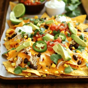 - 1 bag (12 oz) tortilla chips - 1 cup cooked chicken, shredded - 1 cup black beans, rinsed and drained - 1 cup corn kernels, fresh or frozen - 1 1/2 cups shredded cheddar cheese - 1 cup sliced jalapeños (pickled or fresh) - 1 avocado, diced - 1/4 cup fresh cilantro, finely chopped - 1/4 cup sour cream - 1/4 cup salsa - Lime wedges, for serving - Salt and pepper, to taste To make Easy Sheet Pan Nachos, you need a few simple ingredients. Start with tortilla chips. I like to use a 12-ounce bag. Next, grab some cooked chicken. Shred it so it spreads well. Black beans add protein and texture. Make sure to rinse and drain them. Sweet corn brings a great crunch, fresh or frozen works. Cheddar cheese is a must. It melts nicely and adds flavor. Jalapeños give it a spicy kick. You can use fresh or pickled ones, depending on your taste. An avocado, diced fresh, adds creaminess. Don’t forget fresh cilantro! It gives a burst of flavor. Sour cream and salsa are perfect finishing touches. They add moisture and tang. Finally, lime wedges brighten every bite! Keep salt and pepper handy for seasoning. For the full recipe, check out the instructions in the next section! - Preheat the oven to 375°F (190°C). - Line a large baking sheet with parchment paper. - Spread tortilla chips evenly on the baking sheet. - In a bowl, combine shredded chicken, black beans, and corn. - Season the mixture with salt and pepper to taste. - Distribute the chicken mixture over the tortilla chips. - Sprinkle shredded cheddar cheese over the nachos. - Add jalapeño slices based on your heat preference. - Bake for 10-15 minutes until the cheese is melted and bubbly. - Garnish with diced avocado, cilantro, sour cream, and salsa before serving. You can find the full recipe above for detailed steps and tips. Enjoy making your nachos! - Use a variety of toppings for added flavor. Try black olives, pico de gallo, or even pulled pork. - Layer ingredients to ensure even cooking. Spread chips, then toppings, then cheese for the best melt. - Adjust baking time according to your oven’s performance. Ovens can vary, so check for golden cheese and bubbly goodness. - Serve directly on the baking sheet for a casual look. This makes it easy for everyone to dig in. - Offer additional toppings on the side for customization. You can include items like guacamole, sour cream, or extra jalapeños. - Squeeze lime juice over finished nachos for brightness. It adds a fresh zing that complements the cheese. - Use quality ingredients for the best taste. Fresh tortillas, homemade salsa, and good cheese make a big difference. For the Full Recipe, check out the main article. {{image_4}} You can switch up the protein in your nachos. Instead of chicken, try beef or turkey. If you want a vegetarian option, use beans or lentils. For a vegan version, choose plant-based cheeses or proteins. These swaps keep the dish fun and fresh. Cheese is key for great nachos. Try Monterey Jack or Pepper Jack for a twist. You can also mix in unique toppings like roasted veggies or pineapple. These additions bring new flavors and textures. Don't hesitate to explore your favorites! To turn up the heat, add more jalapeños. You can also use spicy salsa for extra flavor. Hot sauces and chili flakes work great too. Adjust the spice level to match your taste. Everyone loves a little kick in their nachos! - Keep leftovers in an airtight container in the fridge. - Consume within 2-3 days for best quality. I find that nachos taste best fresh, but leftovers can be tasty, too. Just store them right, and they will stay good for a short time. An airtight container helps keep them fresh. - Reheat in the oven for crispiness or in a microwave for convenience. - Add a sprinkle of cheese before reheating to revive flavors. When reheating, I like using the oven for that crunchy texture. If you're in a hurry, the microwave is fine. Adding cheese before you heat them helps the flavors pop back. Enjoy your nachos again! Yes, you can prepare the ingredients in advance and assemble them before baking. This makes it easy for parties or busy weeknights. Just store the toppings and chips separately in the fridge. When you're ready, layer them on the sheet pan and bake. To keep your nachos crisp, use thick chips. Thin chips break easily and can get soggy fast. Also, avoid adding wet toppings until you serve the nachos. This way, your chips stay crunchy and delicious. Nachos pair well with many sides. Guacamole brings creaminess, while salsas add zest. You can also serve beans on the side for extra protein. These pairings make your nachos even more delightful and filling. Nachos typically take 10-15 minutes at 375°F (190°C) until the cheese is melty. Keep an eye on them to avoid burning. You'll know they're ready when the cheese bubbles and turns golden. Enjoy the aroma as they bake! In this blog post, we covered how to make delicious Easy Sheet Pan Nachos. You learned about essential ingredients, step-by-step prep, and even some tasty variations. These nachos are quick to prepare and can be customized to your taste. Remember, using fresh ingredients and layering your toppings will elevate your nacho game. Enjoy experimenting with flavors and serving them up for friends or family. Get inventive and have fun with your nachos!