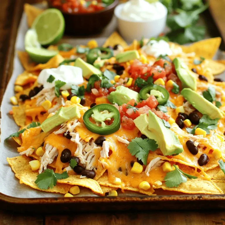- 1 bag (12 oz) tortilla chips - 1 cup cooked chicken, shredded - 1 cup black beans, rinsed and drained - 1 cup corn kernels, fresh or frozen - 1 1/2 cups shredded cheddar cheese - 1 cup sliced jalapeños (pickled or fresh) - 1 avocado, diced - 1/4 cup fresh cilantro, finely chopped - 1/4 cup sour cream - 1/4 cup salsa - Lime wedges, for serving - Salt and pepper, to taste To make Easy Sheet Pan Nachos, you need a few simple ingredients. Start with tortilla chips. I like to use a 12-ounce bag. Next, grab some cooked chicken. Shred it so it spreads well. Black beans add protein and texture. Make sure to rinse and drain them. Sweet corn brings a great crunch, fresh or frozen works. Cheddar cheese is a must. It melts nicely and adds flavor. Jalapeños give it a spicy kick. You can use fresh or pickled ones, depending on your taste. An avocado, diced fresh, adds creaminess. Don’t forget fresh cilantro! It gives a burst of flavor. Sour cream and salsa are perfect finishing touches. They add moisture and tang. Finally, lime wedges brighten every bite! Keep salt and pepper handy for seasoning. For the full recipe, check out the instructions in the next section! - Preheat the oven to 375°F (190°C). - Line a large baking sheet with parchment paper. - Spread tortilla chips evenly on the baking sheet. - In a bowl, combine shredded chicken, black beans, and corn. - Season the mixture with salt and pepper to taste. - Distribute the chicken mixture over the tortilla chips. - Sprinkle shredded cheddar cheese over the nachos. - Add jalapeño slices based on your heat preference. - Bake for 10-15 minutes until the cheese is melted and bubbly. - Garnish with diced avocado, cilantro, sour cream, and salsa before serving. You can find the full recipe above for detailed steps and tips. Enjoy making your nachos! - Use a variety of toppings for added flavor. Try black olives, pico de gallo, or even pulled pork. - Layer ingredients to ensure even cooking. Spread chips, then toppings, then cheese for the best melt. - Adjust baking time according to your oven’s performance. Ovens can vary, so check for golden cheese and bubbly goodness. - Serve directly on the baking sheet for a casual look. This makes it easy for everyone to dig in. - Offer additional toppings on the side for customization. You can include items like guacamole, sour cream, or extra jalapeños. - Squeeze lime juice over finished nachos for brightness. It adds a fresh zing that complements the cheese. - Use quality ingredients for the best taste. Fresh tortillas, homemade salsa, and good cheese make a big difference. For the Full Recipe, check out the main article. {{image_4}} You can switch up the protein in your nachos. Instead of chicken, try beef or turkey. If you want a vegetarian option, use beans or lentils. For a vegan version, choose plant-based cheeses or proteins. These swaps keep the dish fun and fresh. Cheese is key for great nachos. Try Monterey Jack or Pepper Jack for a twist. You can also mix in unique toppings like roasted veggies or pineapple. These additions bring new flavors and textures. Don't hesitate to explore your favorites! To turn up the heat, add more jalapeños. You can also use spicy salsa for extra flavor. Hot sauces and chili flakes work great too. Adjust the spice level to match your taste. Everyone loves a little kick in their nachos! - Keep leftovers in an airtight container in the fridge. - Consume within 2-3 days for best quality. I find that nachos taste best fresh, but leftovers can be tasty, too. Just store them right, and they will stay good for a short time. An airtight container helps keep them fresh. - Reheat in the oven for crispiness or in a microwave for convenience. - Add a sprinkle of cheese before reheating to revive flavors. When reheating, I like using the oven for that crunchy texture. If you're in a hurry, the microwave is fine. Adding cheese before you heat them helps the flavors pop back. Enjoy your nachos again! Yes, you can prepare the ingredients in advance and assemble them before baking. This makes it easy for parties or busy weeknights. Just store the toppings and chips separately in the fridge. When you're ready, layer them on the sheet pan and bake. To keep your nachos crisp, use thick chips. Thin chips break easily and can get soggy fast. Also, avoid adding wet toppings until you serve the nachos. This way, your chips stay crunchy and delicious. Nachos pair well with many sides. Guacamole brings creaminess, while salsas add zest. You can also serve beans on the side for extra protein. These pairings make your nachos even more delightful and filling. Nachos typically take 10-15 minutes at 375°F (190°C) until the cheese is melty. Keep an eye on them to avoid burning. You'll know they're ready when the cheese bubbles and turns golden. Enjoy the aroma as they bake! In this blog post, we covered how to make delicious Easy Sheet Pan Nachos. You learned about essential ingredients, step-by-step prep, and even some tasty variations. These nachos are quick to prepare and can be customized to your taste. Remember, using fresh ingredients and layering your toppings will elevate your nacho game. Enjoy experimenting with flavors and serving them up for friends or family. Get inventive and have fun with your nachos!