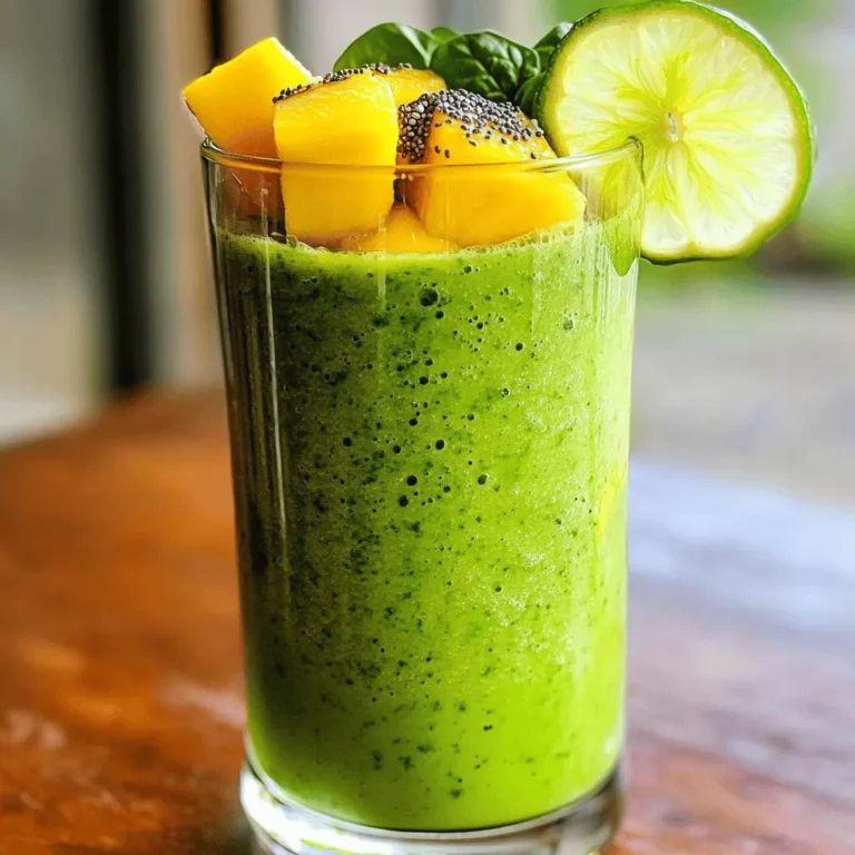 - 1 cup fresh spinach, washed and drained - 1 ripe banana, peeled and sliced - 1/2 cup frozen mango chunks - 1/2 cup frozen pineapple chunks - 1/2 ripe avocado, pitted and scooped out - 1 cup coconut water - 1 tablespoon chia seeds - 1 tablespoon honey or agave syrup (optional) - Juice of 1 lime, freshly squeezed The ingredients in this Tropical Green Smoothie come together to create a refreshing drink. Each one has its special role in the flavor and health benefits. - Spinach: This leafy green is full of vitamins A, C, and K. It helps keep your eyes and skin healthy. - Avocado: This fruit gives healthy fats. It makes the smoothie creamy and filling. - Coconut Water: It hydrates you and is low in calories. This makes it a great base for the smoothie. Using these ingredients not only creates a delicious drink but also gives you a boost of nutrition. Each sip is packed with vitamins and hydration. If you want the full recipe, you can easily find it above. - First, wash and drain the spinach. - Next, slice the banana and scoop out the avocado. - Add all ingredients to the blender. - Blend until smooth and creamy. - If your smoothie is too thick, add more coconut water. - You can adjust sweetness with honey or agave syrup. Making a Tropical Green Smoothie is simple and fun. I love how fresh and vibrant it looks! Follow the [Full Recipe] for detailed steps and enjoy this tasty drink. To get a smooth and creamy drink, use frozen fruits. They add chill and thickness. This makes the smoothie feel richer. Don’t blend too long. You want some texture to shine through. Garnish your glass with lime wedges. It adds a pop of color and flavor. Chia seeds make a great sprinkle on top. They add a fun crunch. Serving in clear glasses shows off the beautiful colors of the smoothie. This smoothie is best when fresh. Drink it right away for the best taste. If you have leftovers, store them in an airtight container. It will last for up to 24 hours, but the taste may change. {{image_4}} You can switch up the fruits in your Tropical Green Smoothie. For example, substitute mango with papaya or kiwi. Both bring sweet and tangy flavors. You can also use almond milk instead of coconut water. Almond milk adds a creamy texture that is delightful. If you want a protein boost, include Greek yogurt or protein powder. This will make your smoothie filling and nutritious. You can also add nuts or nut butter for extra texture and flavor. Almonds, cashews, or peanut butter work well. For a vegan version, use agave instead of honey. This keeps it sweet without animal products. You can also omit dairy ingredients altogether. This way, everyone can enjoy this tasty drink. For the complete recipe, check out the Full Recipe section. Each serving of the Tropical Green Smoothie offers a wealth of nutrients. Here’s a quick look: - Calories: Approximately 220 - Fat: 8 grams - Protein: 4 grams - Fiber: 7 grams - Vitamins: High in vitamins A, C, and K - Minerals: Includes potassium, magnesium, and calcium This smoothie packs a punch with healthy fats from avocado and fiber from fruits and spinach. This smoothie does more than just taste good. It provides several health benefits: - Boosts energy and hydration: Coconut water hydrates while providing natural sugars for energy. - Supports digestion and immune health: Chia seeds aid digestion and provide antioxidants. Each sip helps you feel refreshed and ready for your day! Portion control is key for smoothies. Here are some tips: - Portion control for smoothies: Aim for one serving size, about 12 to 16 ounces. - How to balance smoothies with meals: Pair your smoothie with a light meal or snack to keep energy levels steady. A well-balanced smoothie can be a great meal replacement or a nutritious snack! Yes, but it may change the texture and temperature. Frozen fruits make the smoothie cold and thick. If you use fresh fruits, add ice cubes to chill it. Add more honey, agave syrup, or ripe fruits. Bananas and ripe mangoes can boost sweetness. Start with small amounts and taste as you go. It’s best fresh, but can be stored for a short time. If you must make it early, keep it in an airtight container. Use it within 24 hours for the best taste. Kale, arugula, or Swiss chard can be great alternatives. Each green adds its own flavor and nutrients. Mix and match based on what you have on hand. Yes, it's healthy and tasty for all ages! Kids often love the fruity flavors. Plus, it packs in vitamins and minerals, making it a smart choice for snacks. This smoothie recipe is simple and packed with healthy ingredients. Spinach, avocado, and coconut water provide hydration and vital nutrients. Blending frozen fruits keeps it creamy and delicious. Don’t hesitate to switch things up with different fruits or add protein. Remember, fresh smoothies taste best, but you can store them for a day. Enjoy this tasty drink for a boost of energy and health. Healthy choices are fun and rewarding!