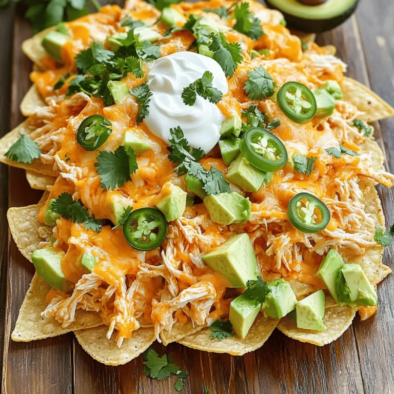 - 2 cups cooked chicken, shredded - ½ cup buffalo sauce (adjust for desired spice level) - 1 bag (13 oz) tortilla chips - 1 cup shredded sharp cheddar cheese - 1 cup shredded Monterey Jack cheese - ½ cup sliced jalapeños (fresh or pickled) - ½ cup sour cream (for drizzling) - ½ cup green onions, chopped - 1 ripe avocado, diced - Fresh cilantro leaves, for garnish - Salt and pepper, to taste Use fresh ingredients for the best taste. Fresh chicken has better flavor than frozen. Shredding it yourself gives the right texture. Choose a buffalo sauce that fits your spice level. A sharper cheddar adds depth, while Monterey Jack provides creaminess. Use fresh jalapeños for a crisp bite. Diced avocado and chopped green onions brighten the dish. Sour cream adds richness and balances the heat. Lastly, fresh cilantro brings a burst of freshness. If you want to switch things up, try these substitutes: - Use rotisserie chicken for a quick option. - Swap buffalo sauce for a spicy barbecue sauce for a twist. - Replace tortilla chips with pita chips or nacho-flavored chips. - Try pepper jack cheese if you like more heat. - Use Greek yogurt instead of sour cream for a lighter touch. - For a veggie option, replace chicken with black beans or chickpeas. By choosing the right ingredients, you can make your Loaded Buffalo Chicken Nachos incredibly tasty. Enjoy experimenting with flavors! For the complete recipe, check out the Full Recipe section. To start, gather all your ingredients. You need cooked chicken, buffalo sauce, tortilla chips, and cheese. Make sure you have toppings ready like jalapeños, sour cream, and green onions. This will make your cooking smooth and fun. 1. First, preheat your oven to 350°F (175°C). This sets the stage for baking. 2. In a bowl, mix shredded chicken with buffalo sauce. Toss them well until the chicken is fully coated. 3. Next, grab a large baking sheet. Lay out tortilla chips in a single layer. This helps ensure even topping. 4. Spread the buffalo chicken mix evenly over the chips. Make sure each chip gets some chicken. 5. Now, sprinkle a mix of shredded cheddar and Monterey Jack cheese atop. Every chip should have cheesy goodness. 6. Add sliced jalapeños on top of the cheese for extra flavor and heat. 7. Bake in the oven for 15-20 minutes. Look for melted and bubbly cheese. That’s your cue they are ready. 8. Carefully take the baking sheet from the oven. Let it cool for a few minutes. 9. Drizzle sour cream over the nachos. Add diced avocado and chopped green onions, spreading them out for balance. 10. Top with fresh cilantro leaves for a pop of color and flavor. Serve hot and enjoy! To achieve melty cheese, use a mix of sharp cheddar and Monterey Jack. This combination melts well and adds flavor. Spread cheese evenly, so every chip gets its share. Bake until cheese is bubbly, but avoid overcooking. Keep an eye on it! For a richer taste, try adding a bit of cream cheese to the mix. This makes the cheese even creamier. When making loaded buffalo chicken nachos, a few common mistakes can ruin your dish. First, don’t overcrowd the chips. If you pile on too much chicken and cheese, the chips will get soggy. Second, be careful with the buffalo sauce. If you use too much, it can overpower everything. Start with half a cup and add more if needed. Lastly, don’t skip the cooling step after baking. Letting nachos cool for a few minutes helps the cheese set. To boost flavor, mix in spices with the chicken. Garlic powder or onion powder can add depth. For texture, try using different types of chips. Blue corn tortilla chips add a nice crunch and flavor. You can also add more toppings, like diced tomatoes or black olives, to create layers. A squeeze of lime juice right before serving brightens the dish and adds freshness. Serve loaded buffalo chicken nachos right after making them. This keeps everything warm and gooey. Pair them with sides like celery sticks or carrot sticks for a crunchy contrast. You can also offer extra buffalo sauce or ranch dressing on the side. This way, everyone can customize their nachos. For the best experience, enjoy them while watching your favorite game or movie. These nachos are a crowd-pleaser that will keep everyone coming back for more! {{image_4}} You can switch up the protein in your nachos. Instead of chicken, try shredded beef or pork. You can also use ground turkey for a lighter option. Each protein brings a unique flavor. Just mix it with buffalo sauce as you would with chicken. You can add many toppings to make your nachos special. Consider using black beans for extra fiber. Corn adds sweetness and crunch. If you like it spicy, add more jalapeños or even diced green chilies. For a twist, try switching the cheese. A pepper jack cheese gives a great kick. You can easily make these nachos vegetarian or vegan. Use a plant-based chicken substitute mixed with buffalo sauce. Replace dairy cheese with a vegan cheese alternative. For a creamy touch, use cashew cream or a vegan sour cream. These swaps keep the nachos tasty and satisfying. After enjoying your nachos, store leftovers in an airtight container. This keeps them fresh and tasty. Let the nachos cool before sealing them. If you mix toppings, separate them to maintain crunch. You can keep them in the fridge for up to three days. To reheat, use an oven for the best results. Preheat your oven to 350°F (175°C). Spread the nachos on a baking sheet. Heat for about 10 minutes until warm. This helps the cheese melt again and the chips stay crisp. Avoid the microwave; it makes the chips soggy. You can freeze the buffalo chicken mixture, but not the nachos as a whole. Store the chicken in a freezer-safe bag. It lasts for up to three months. When you're ready to use it, thaw the chicken in the fridge overnight. Reheat and then top with fresh chips and cheese. This keeps your nachos delicious and fresh. For the full recipe, check the detailed instructions above. To make these nachos healthier, swap regular chips for baked tortilla chips. Use less cheese or choose low-fat cheese. You can also add more veggies like bell peppers or corn. Try Greek yogurt instead of sour cream for a lighter option. These swaps keep the taste great while cutting calories. Yes, you can prepare some parts ahead of time. Shred the chicken and mix it with buffalo sauce a day early. Store it in the fridge. You can also chop veggies and cheese in advance. However, I recommend baking the nachos fresh for the best taste and texture. These nachos pair well with a cool drink like soda or iced tea. You can also serve a fresh salad on the side. A tangy coleslaw adds a nice crunch. For a fun twist, offer dipping sauces like ranch or blue cheese. For the full recipe of Loaded Buffalo Chicken Nachos, check out the complete details above. This recipe covers all the steps to make your game day snack a hit! Loaded Buffalo chicken nachos are a fun and tasty dish. We explored the best ingredients, cooking steps, and tips to enhance flavor. I shared ways to avoid common mistakes and offered storage info so leftovers stay fresh. You can even try different proteins and toppings for variety. This dish is versatile and perfect for any gathering. Remember, the right ingredients and techniques make for the best nachos. Enjoy making your own loaded nachos, and don’t be afraid to experiment!