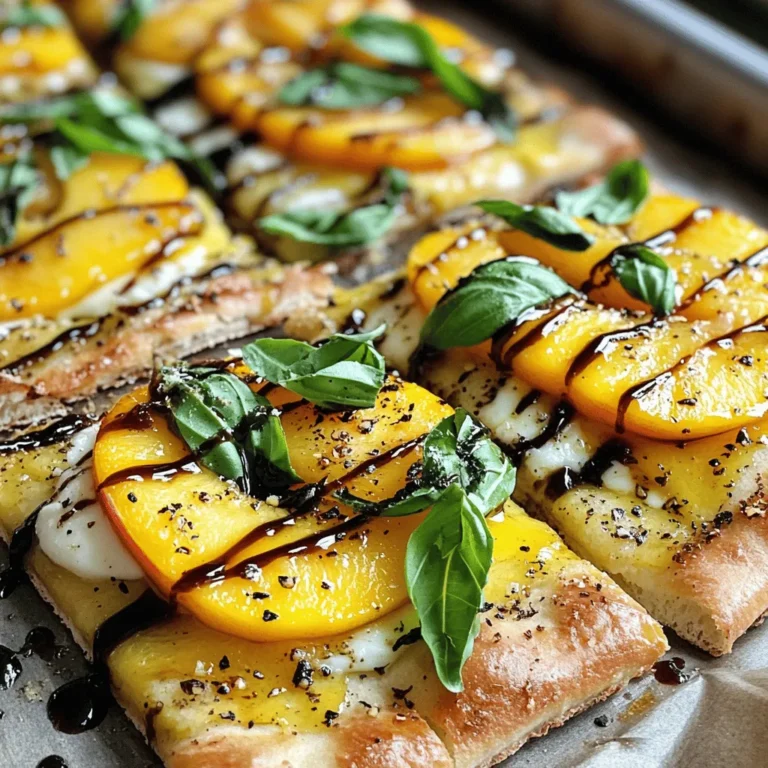 Creating Peach and Basil Flatbread is simple and fun. Here’s what you need: - Pre-made flatbread or naan - Ripe peaches - Fresh mozzarella cheese - Fresh basil leaves - Olive oil - Balsamic glaze (optional) - Salt and pepper - Red pepper flakes (optional) Each ingredient adds its own flair. The flatbread or naan forms a sturdy base. Ripe peaches bring sweetness. Fresh mozzarella melts beautifully, creating a rich layer. Fresh basil adds a burst of flavor that ties everything together. Olive oil enhances the taste and helps with crispness. Balsamic glaze can heighten the sweet and tangy notes. Remember to season with salt and pepper for balance. If you like some heat, sprinkle red pepper flakes on top. This mix of ingredients makes for a delightful summer treat. You can find the full recipe to guide you through the steps. 1. Preheat your oven to 425°F (220°C). This helps the flatbread bake evenly. 2. Line a baking sheet with parchment paper. This keeps the flatbread from sticking. Place your flatbread or naan on the lined sheet. 3. Brush the flatbread with olive oil using a spoon or brush. This adds flavor and helps it crisp up. 4. Spread the shredded mozzarella cheese evenly over the flatbread. This creates a creamy base. 5. Layer the thinly sliced peaches on top of the cheese. Make sure each slice is well-placed for the best taste. 6. Season with salt, pepper, and red pepper flakes if you like some heat. This adds extra flavor. 1. Bake the flatbread in the oven for 10-12 minutes. Keep an eye on it until the cheese melts and bubbles. 2. Watch for the cheese to brown lightly. This gives the flatbread a nice, toasty flavor. 1. After baking, take the flatbread out of the oven. Sprinkle the torn basil leaves on top while it's hot. This brings out the fresh aroma. 2. If you want, drizzle balsamic glaze over the flatbread for extra flavor. This adds a sweet and tangy twist. 3. Let the flatbread cool for a couple of minutes. Then slice it up for sharing or enjoying by yourself. This method makes a Peach and Basil Flatbread that bursts with flavor, perfect for summer. For the complete recipe, check [Full Recipe]. - Selecting ripe peaches for the best flavor Choose peaches that feel slightly soft but are not mushy. Look for a rich color, usually yellow or orange, indicating ripeness. The aroma should be sweet and fragrant. These factors ensure your flatbread bursts with juicy flavor. - Cheese melting tips for a creamy texture Use fresh mozzarella for the best melt. Shred it yourself for a creamier texture. Spread the cheese evenly on the flatbread, ensuring each bite has that gooey goodness. Bake until bubbly and golden for added richness. - Seasoning tricks for additional flavor enhancement Season your flatbread with salt and pepper. Add red pepper flakes for a spicy kick if you like heat. A drizzle of balsamic glaze at the end gives a sweet tang. These little touches elevate the dish. - Best sides or drinks to pair with the dish Serve with a fresh green salad or a cool cucumber salad. A chilled white wine or sparkling water pairs nicely. These sides balance the sweetness of the peaches and the creaminess of the cheese. - Presentation tips to impress guests Use a wooden board or a large platter for serving. Garnish with extra basil leaves for color. A small bowl of balsamic glaze on the side invites guests to add more if they wish. This presentation makes the dish even more tempting. For the full recipe, you can check out the details above. Enjoy creating your Peach and Basil Flatbread! {{image_4}} You can change the cheese to create new flavors. Goat cheese adds a tangy taste. Feta cheese brings a salty bite. Both pair well with peaches. You can also add proteins to make it heartier. Prosciutto gives a nice savory touch. Grilled chicken adds a juicy element. Both options enhance the flatbread's flavor. Try different toppings to switch things up. Arugula adds peppery notes. Toasted nuts give a crunchy texture. Both add depth and interest to each bite. You can also explore different herbs. Mint offers a refreshing twist, while thyme adds warmth. Each herb changes the flatbread's character, making it unique. For the full recipe, check the details above to get started on this delightful dish! To keep your Peach and Basil Flatbread fresh, store leftovers in the fridge. Wrap the flatbread in plastic wrap or foil. This helps to prevent it from drying out. You can also place it in an airtight container for extra protection. The flatbread lasts for about 2 to 3 days in the fridge. After that, the quality may decline. When reheating, the oven works best for keeping that crispy texture. Preheat your oven to 350°F (175°C). Place the flatbread directly on the oven rack or on a baking sheet. Heat for about 5 to 8 minutes until warm. If you use a microwave, the flatbread may become soggy. To maintain crispness, heat it in short bursts and check often. Enjoy your flatbread just like it was fresh from the oven! How do I know when the peaches are ripe enough? Look for peaches that are slightly soft to the touch. The color should be a warm golden hue. A sweet aroma is a good sign of ripeness too. If they feel hard, give them a few more days at room temperature. Can I use frozen flatbread or naan for this recipe? Yes, you can use frozen flatbread or naan. Just thaw them first. You may need to adjust baking time. Keep an eye on the cheese to avoid burning. What can I substitute for mozzarella cheese? If you don’t have mozzarella, try goat cheese or feta. They add a tangy flavor. You can also use provolone for a similar texture. How do I make this flatbread in advance? You can prepare the flatbread up to the baking step. Assemble it and store it in the fridge. Bake it when you are ready to serve. This keeps the flatbread fresh and tasty. For the best results, use it within a day. In this blog post, we explored how to make delicious Peach and Basil Flatbread. I shared key ingredients, easy steps, and tips for the best results. Remember to use ripe peaches and choose your cheese wisely. You can even mix in proteins or herbs for unique flavors. Storing leftovers properly keeps them fresh. With easy reheating tips, you can enjoy your flatbread again. Try this recipe for a tasty treat and impress your friends and family! Happy cooking!