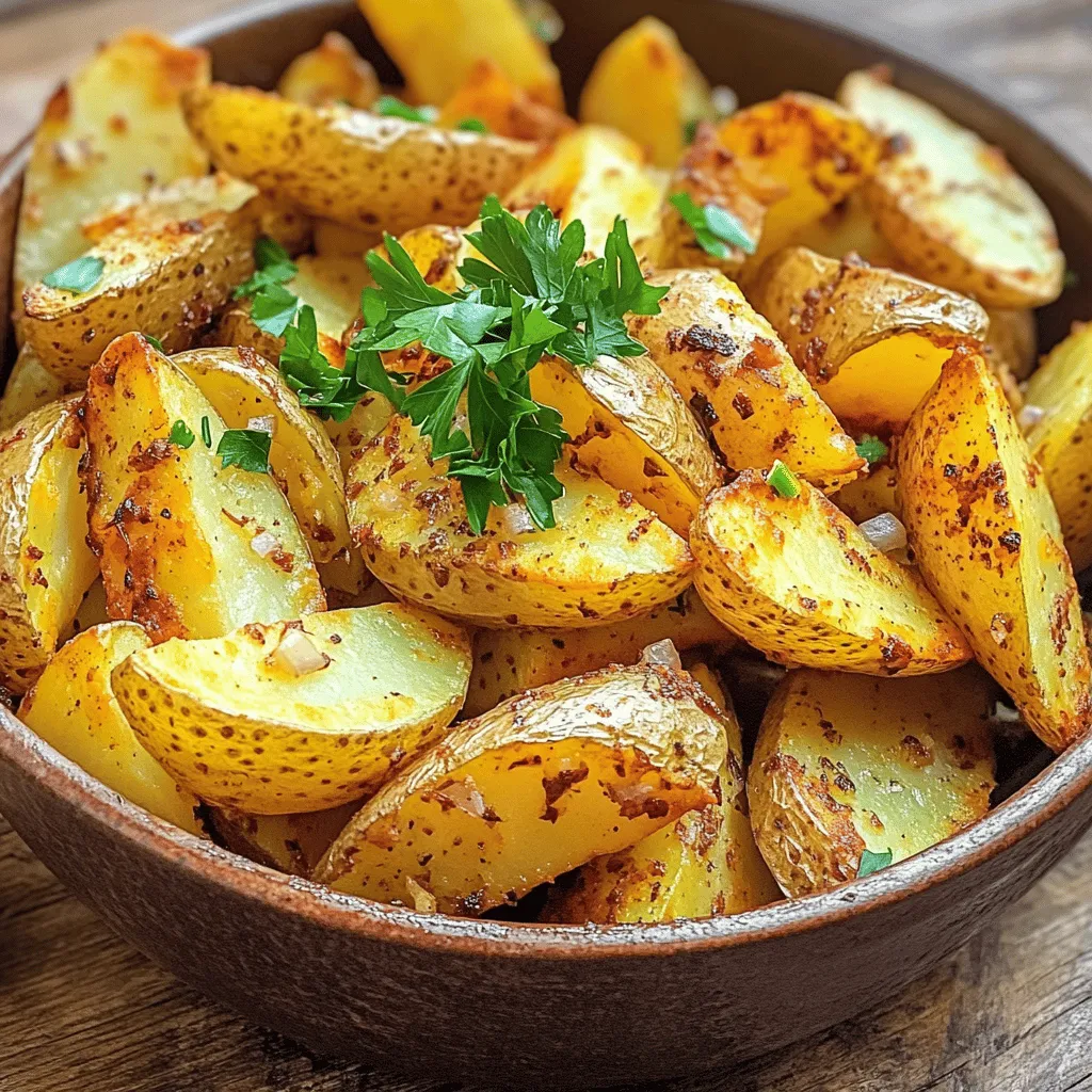To make crispy air fryer potato wedges, gather these simple ingredients: - 4 large russet potatoes - 3 tablespoons olive oil - 1 teaspoon garlic powder - 1 teaspoon onion powder - 1 teaspoon smoked paprika - 1 teaspoon dried oregano - Salt and black pepper to taste - Fresh parsley, chopped (for garnish, optional) These ingredients work together to create the perfect flavor and crunch. The russet potatoes give a nice texture. The olive oil helps them crisp up. The spices add a punch of flavor that makes these wedges stand out. When choosing your potatoes, look for ones that are firm and free of blemishes. This ensures that your wedges will be tasty and hold their shape. You can adjust the spices to suit your taste. If you love garlic, add more garlic powder. If you want heat, toss in some cayenne pepper. Remember, these ingredients are just a base. Feel free to get creative! You can mix in other herbs or spices you enjoy. The goal is to make a snack that you and your loved ones will crave. For the full recipe, check out the detailed instructions provided above. - Scrub and cut potatoes into wedges First, wash the russet potatoes under running water. This removes dirt and grit. After cleaning, slice each potato into wedges. Aim for about eight wedges per potato. Keeping the skin adds flavor and texture. - Mix seasoning ingredients in a bowl In a large bowl, pour the olive oil. Add garlic powder, onion powder, smoked paprika, dried oregano, salt, and black pepper. Whisk these ingredients together. This mix creates a tasty seasoning blend. - Coat potato wedges with seasoning Gently add the potato wedges to the seasoning bowl. Toss the wedges using your hands or a spatula. Make sure each wedge is fully coated with the seasoning mix. This step is key for flavor. - Preheat air fryer to 400°F (200°C) Set your air fryer to 400°F (200°C) and let it preheat for about five minutes. This ensures the air fryer is hot for even cooking. - Arrange wedges in air fryer basket Carefully place the seasoned potato wedges in the air fryer basket. Arrange them in a single layer for best results. If your air fryer is small, cook in batches to avoid overcrowding. - Air fry for 15-20 minutes, shaking halfway Cook the wedges for 15 to 20 minutes. Shake the basket halfway through cooking. This helps the wedges crisp up evenly. When they turn golden brown, they are ready to enjoy. To get those crispy potato wedges, you need to coat them well. Use olive oil and seasonings. This mix helps the wedges brown nicely. I like to use 3 tablespoons of olive oil for 4 large russet potatoes. This amount works great! Make sure your air fryer is set to 400°F (200°C). This high heat is key for crispiness! Preheat your air fryer for five minutes before cooking. This step helps the wedges cook evenly. When you place the wedges in the air fryer, arrange them in a single layer. This way, hot air can flow freely around them. If your air fryer is small, cook in batches. Don’t overcrowd the basket; it will lead to soggy wedges. Want to change up the flavors? Try adding spices! You can use chili powder for heat or Parmesan cheese for a cheesy twist. Feel free to mix and match spices based on your taste. You can also customize your flavors. If you love herbs, add fresh rosemary or thyme to the mix. Taste the seasoning blend before coating the wedges. Adjust it until you find the perfect balance! This way, your snack will be just how you like it. For the full recipe, check out the earlier section. Enjoy your crispy air fryer potato wedges! {{image_4}} You can easily change the taste of your crispy air fryer potato wedges. Here are some fun ideas: - Cheesy potato wedges: Add grated cheese on top of the wedges before air frying. Cheddar or parmesan works great. It melts and gives a rich flavor. - Spicy buffalo-style wedges: Toss the cooked wedges in buffalo sauce after frying. This adds heat and tang. Serve with ranch dressing for a cool contrast. - Herb-infused options: Mix fresh herbs like rosemary or thyme with the seasoning. This gives a lovely earthy taste. You can also use dried herbs if fresh ones are not available. While air frying gives great results, you can try other methods too. - Oven-baked potato wedges: Preheat your oven to 425°F (220°C). Arrange the seasoned wedges on a baking sheet. Bake for 25-30 minutes, flipping halfway. They will be crispy and delicious. - Deep-fried potato wedges: Heat oil in a deep pot to 350°F (175°C). Fry the wedges in batches for about 5-7 minutes. This method gives a classic crunchy texture. Just be mindful of the extra oil used. To keep your crispy air fryer potato wedges fresh, let them cool down. This helps avoid moisture buildup. Once cooled, place them in a clean, dry container. I recommend using an airtight container. It keeps the wedges from drying out. You can also use a zip-top bag, squeezing out as much air as possible before sealing. To reheat your potato wedges, use an air fryer or oven. Preheat your air fryer to 350°F (175°C). Then, place the wedges in a single layer. Heat for about 5 to 7 minutes. This ensures they stay crispy. If using an oven, preheat to 375°F (190°C) and bake for 10 to 15 minutes. To avoid sogginess, do not cover the wedges while reheating. If you have leftover wedges, you can also toss them in the air fryer for a quick crisp. To make potato wedges crispy, follow these key steps: - Use oil: Coat the wedges in olive oil. This helps them crisp up. - Season well: Use salt and spices for flavor. The seasoning adds to the crunch. - Preheat the air fryer: Heating it to 400°F (200°C) is important. It helps to create a crispy outer layer. - Do not overcrowd: Place the wedges in a single layer. This allows hot air to reach all sides and makes them crispier. - Shake halfway: Give the basket a shake at about 10 minutes. This helps them cook evenly. By following these steps, you will get perfectly crispy potato wedges every time. Yes, you can use sweet potatoes! Here are some tips for cooking them: - Cooking time: Sweet potatoes may need a little less time. Aim for 12-18 minutes. - Cut size: Cut them into similar sizes as russet wedges. This helps them cook evenly. - Flavor: Sweet potatoes have a sweeter taste. You might want to adjust spices to match their flavor. Sweet potato wedges are a tasty alternative to russet potatoes. Dipping sauces can elevate your potato wedges. Here are some great options: - Ketchup: A classic choice that many love. - Ranch dressing: Creamy and flavorful, a favorite for dipping. - Honey mustard: Adds a sweet and tangy kick. - Spicy mayo: For those who like a bit of heat, this is a perfect match. - Barbecue sauce: Smoky and sweet, it pairs well with the crispy texture. Try these sauces to make your crispy air fryer potato wedges even more enjoyable! To sum up, we explored how to make delicious potato wedges. You learned about the ingredients needed, from russet potatoes to tasty spices. The step-by-step guide showed you how to prepare and cook them in an air fryer. We also shared tips for achieving that perfect crispiness and offered flavor variations. Finally, we covered storage and reheating methods. With these easy steps, you can enjoy tasty wedges any time. Get creative and make them your own!