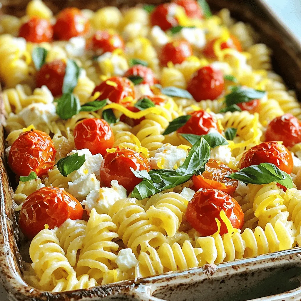 - 200g (7 oz) block of feta cheese - 300g (10.5 oz) pasta (fusilli or penne recommended) - 300g (10.5 oz) cherry tomatoes, halved - 4 cloves garlic, minced - 1 teaspoon red pepper flakes (adjust according to your spice preference) - 1/4 cup extra virgin olive oil - Salt and freshly ground black pepper to taste - Fresh basil leaves, for garnish - Grated lemon zest, for finishing touch Every ingredient plays a key role in creating the magic of baked feta pasta. The feta cheese is the star. It becomes creamy and rich when baked. The cherry tomatoes burst with flavor, adding sweetness. The pasta serves as a perfect base to soak up all the goodness. Garlic gives depth and aroma to the dish. Red pepper flakes add a nice kick that you can adjust. Extra virgin olive oil brings richness and ties all the flavors together. Don't forget salt and black pepper to enhance everything. Fresh basil leaves brighten the dish and add a pop of color. A sprinkle of lemon zest at the end adds a fresh finish. For the full recipe, don't miss the chance to try this delicious dish! First, preheat your oven to 400°F (200°C). This helps create a warm space for the dish. Next, grab a large baking dish. Pour in 300g of halved cherry tomatoes. Add 4 cloves of minced garlic and 1 teaspoon of red pepper flakes. Pour in 1/4 cup of extra virgin olive oil. Season with salt and freshly ground black pepper. Mix everything well until the tomatoes are coated. Now, nestle a block of 200g feta cheese right in the middle of the tomatoes. Drizzle a bit more olive oil on the feta for added flavor. Place the dish in your preheated oven and bake for 30-35 minutes. You want the tomatoes to blister and the feta to soften and turn golden. While the feta and tomatoes bake, fill a large pot with salted water. Bring the water to a boil. Once boiling, add 300g of pasta, either fusilli or penne. Cook it according to the package instructions until it’s al dente. This means it should be firm but not hard. Drain the pasta and set it aside for later. When the feta and tomatoes are done, take the dish out of the oven. Using a fork, gently mash the softened feta and blistered tomatoes. This creates a creamy mixture. Next, fold the drained pasta into the dish. Make sure every piece is coated in the feta-tomato blend. Taste it and adjust the seasoning if needed. Enjoy! To make your baked feta pasta shine, adjust the seasoning to suit your taste. Start with salt and pepper, then add more if needed. If you like a little heat, sprinkle more red pepper flakes. Each bite should sing with flavor. To ensure a creamy consistency, blend the feta and tomatoes well. Use a fork to mash them up after baking. This step creates a smooth sauce that clings to the pasta. It should have a velvety feel, making every forkful delightful. Serving your baked feta pasta in stylish bowls makes it look fancy. Try individual servings for a special touch. You can even layer it with fresh basil and a hint of lemon zest on top. This not only adds color but also gives a fresh flavor boost. For garnishes, fresh basil leaves work perfectly. They add a pop of green and a lovely aroma. A sprinkle of lemon zest brightens the dish, making it eye-catching and appetizing. Enjoy your beautiful meal! {{image_4}} You can switch the pasta shape from fusilli or penne. Try farfalle or rigatoni for fun shapes. They hold sauce well, giving each bite flavor. If you need gluten-free options, use rice or chickpea pasta. Both types work great and taste delicious. Feel free to add more veggies. Spinach or zucchini blends well with the tomatoes. You can also mix in proteins like chicken or shrimp. For spice lovers, adjust the red pepper flakes. Add more for heat or skip it for a milder taste. These changes make the dish your own. After you enjoy your Baked Feta Pasta, store leftovers in airtight containers. This keeps the pasta fresh and tasty. Make sure to let the dish cool down before sealing it. When stored properly, your dish can last for 3 to 5 days in the fridge. If you notice any change in smell or appearance, it’s best to toss it out. To reheat your Baked Feta Pasta, the oven works best. Preheat it to 350°F (175°C). Place your pasta in an oven-safe dish and cover it with foil. This keeps the moisture in and helps maintain the creamy texture. Heat for about 15 minutes or until warm. You can also use the microwave if you’re in a hurry. Just make sure to stir it halfway through to warm it evenly. If it feels dry, add a splash of olive oil or a bit of water to restore creaminess. Enjoy your dish just like it was fresh! Yes, you can! If you want to switch it up, try using goat cheese or cream cheese. Both add a nice creaminess. Goat cheese gives a tangy taste, while cream cheese offers a rich, smooth feel. You can also use ricotta for a lighter option. Just remember, each cheese changes the flavor a bit. Feel free to experiment! Absolutely! Baked Feta Pasta is perfect for meal prep. You can make it ahead and store it in the fridge. It keeps well for 3-5 days in an airtight container. Just heat it up when you're ready to eat. This saves time on busy days and lets you enjoy a tasty meal without extra fuss. Yes, you can freeze it! To freeze, let the dish cool completely. Then, place it in a freezer-safe container. It can last for about 2-3 months. When you’re ready to eat, thaw it in the fridge overnight. Reheat it in the oven or microwave until warm. Just keep an eye on the texture; it may change a little. Baked Feta Pasta goes well with many sides. A simple green salad with a light vinaigrette is a great choice. You could also serve some garlic bread for a cozy touch. For drinks, a crisp white wine, like Sauvignon Blanc, complements the dish nicely. Enjoying these pairings enhances the meal experience! This recipe for Baked Feta Pasta combines fresh flavors for a delicious dish. You learned about key ingredients, step-by-step baking, and tips to enhance texture. Try different pasta shapes or add veggies for variety. Store leftovers properly to enjoy later, and reheat without losing creaminess. This meal is great for any occasion. Enjoy making it and sharing with friends!