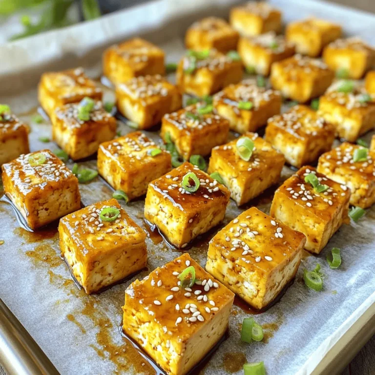 For this tasty dish, you need the following main ingredients: - 1 block (15 oz) firm tofu, pressed and cut into 1-inch cubes - ½ cup soy sauce (or tamari for a gluten-free option) - ¼ cup pure maple syrup - 2 tablespoons rice vinegar - 2 tablespoons sesame oil - 3 cloves garlic, finely minced - 1 tablespoon freshly grated ginger - 2 tablespoons cornstarch - 1 tablespoon sesame seeds (for garnish) - 3 green onions, thinly sliced (for garnish) These ingredients create a savory sauce that brings the tofu to life. Firm tofu works best because it absorbs flavors well and holds its shape during baking. The soy sauce adds saltiness, while maple syrup gives a hint of sweetness. Garlic and ginger provide warmth and depth to the dish. You can add a few optional ingredients to boost the flavor even more: - 1 tablespoon sriracha or chili paste for heat - 1 tablespoon mirin for extra sweetness - 1 teaspoon sesame oil for richer flavor These options allow you to customize the dish to your taste. If you like a little heat, sriracha will spice things up. Mirin adds a sweet and tangy note that pairs well with the other flavors. If you have dietary restrictions, here are some great substitutes: - Use tempeh instead of tofu for more protein and a firmer texture - Coconut aminos can replace soy sauce for a soy-free option - Use agave syrup instead of maple syrup for a different sweetness These substitutes keep the dish delicious while catering to different diets. Tempeh offers a nutty flavor and is packed with protein. Coconut aminos give a similar taste without soy. Agave syrup is a simple way to adjust sweetness levels. For more details, check the Full Recipe. First, you need to prepare the tofu. Start with one block of firm tofu. Press it between two plates to remove excess water. This step is key for better texture. After pressing, cut the tofu into 1-inch cubes. This size helps it cook evenly. Next, let’s make the teriyaki sauce. In a medium bowl, mix together the following ingredients: - ½ cup soy sauce (or tamari) - ¼ cup pure maple syrup - 2 tablespoons rice vinegar - 2 tablespoons sesame oil - 3 cloves garlic, finely minced - 1 tablespoon freshly grated ginger Whisk these ingredients until smooth. This sauce adds rich flavor to the tofu. Now, it’s time to bake the tofu. Preheat your oven to 400°F (200°C). Line a baking sheet with parchment paper. This prevents sticking. Place the cubed tofu in a bowl and sprinkle with 2 tablespoons of cornstarch. Gently toss until each piece is coated. Spread the tofu on the baking sheet in a single layer. Drizzle half of the teriyaki sauce over the tofu. Bake for 25-30 minutes. Halfway through, turn the tofu cubes for even cooking. After baking, pour the remaining teriyaki sauce over the tofu. Toss gently to coat. Return the tofu to the oven for another 5-10 minutes. This step caramelizes the sauce, making it sticky and flavorful. Once baked, remove the tofu from the oven. Finish by sprinkling sesame seeds and sliced green onions on top. This adds color and crunch. Enjoy your tasty baked teriyaki tofu! For the complete recipe, check out the Full Recipe. To get crispy tofu, press it well. Remove as much moisture as you can. After cutting it, coat each cube in cornstarch. This step is key for that crunch. Bake at 400°F for 25-30 minutes. Flip the tofu halfway through for even cooking. The golden brown color means it is ready. Use fresh garlic and ginger for the best taste. These ingredients boost the teriyaki sauce’s flavor. Let your tofu soak in the sauce for a bit. This helps it absorb all those yummy flavors. Drizzle some sauce just before the end of baking. It adds a sticky glaze that is hard to resist. Don’t skip pressing the tofu. It will turn out soggy if you do. Avoid using too much sauce too soon. This can make your tofu mushy instead of crispy. Make sure to coat each piece evenly with cornstarch. If you don’t, some cubes may not get crispy. For the best results, follow the [Full Recipe]. {{image_4}} You can make your baked teriyaki tofu even more colorful and tasty by adding vegetables. Carrots, bell peppers, and broccoli work well. Just chop them into bite-sized pieces. Toss them with the tofu before baking. This step adds nutrients and makes the dish pop with color. If you want to switch up the protein, try using tempeh or seitan instead of tofu. Both options absorb flavors well and have great textures. Tempeh is nutty and has a firm bite. Seitan mimics meat and is very chewy. These choices keep the meal exciting and cater to different tastes. To keep this dish gluten-free, use tamari instead of soy sauce. Tamari is a great choice and tastes the same. For a nut-free option, skip the sesame oil and use olive oil instead. This way, you can enjoy the dish while sticking to your dietary needs. For the full recipe, check the earlier section. To keep your baked teriyaki tofu fresh, store it in an airtight container. Let the tofu cool down first. It can last in the fridge for up to four days. If you notice any moisture, use a paper towel to absorb it before sealing the container. This helps keep the tofu from getting soggy. When you are ready to enjoy leftovers, the best way to reheat the tofu is in the oven. Preheat your oven to 350°F (175°C). Spread the tofu on a baking sheet and cover it with foil. Heat for about 10-15 minutes. This method helps restore some crispiness. You can also microwave it for quicker results. Just remember to cover it with a damp paper towel to keep it moist. Yes, you can freeze baked teriyaki tofu! Start by letting it cool completely. Place the tofu in a freezer bag, removing as much air as possible. It can stay frozen for up to three months. When you’re ready to eat, thaw it in the fridge overnight. Then, reheat as mentioned above. Enjoy your flavorful tofu anytime! Tofu is done when it turns golden brown and crispy. You should bake it for 25 to 30 minutes. Halfway through, turn the tofu cubes for even cooking. It should feel firm to the touch and have a nice texture. Once you see a beautiful caramel color, it's ready to enjoy! Yes, you can! Try soy sauce with honey or maple syrup. A sweet chili sauce works well too. For a spicy kick, use sriracha mixed with soy. Each sauce will give a new flavor twist to your baked tofu. Feel free to explore and find what you love! Baked teriyaki tofu pairs well with steamed rice or quinoa. You can also serve it with stir-fried vegetables for a colorful plate. A fresh salad adds crunch and balance. For a complete meal, add some pickled veggies on the side. This dish is versatile and fits many sides! In this guide, we explored how to make baked teriyaki tofu. We discussed key ingredients, step-by-step prep, and tips for crispiness. You learned about tasty variations and storage tips. Always remember, cooking is fun and easy. With the right ingredients and methods, you can make delicious meals. Enjoy your kitchen journey with baked teriyaki tofu. Happy cooking!