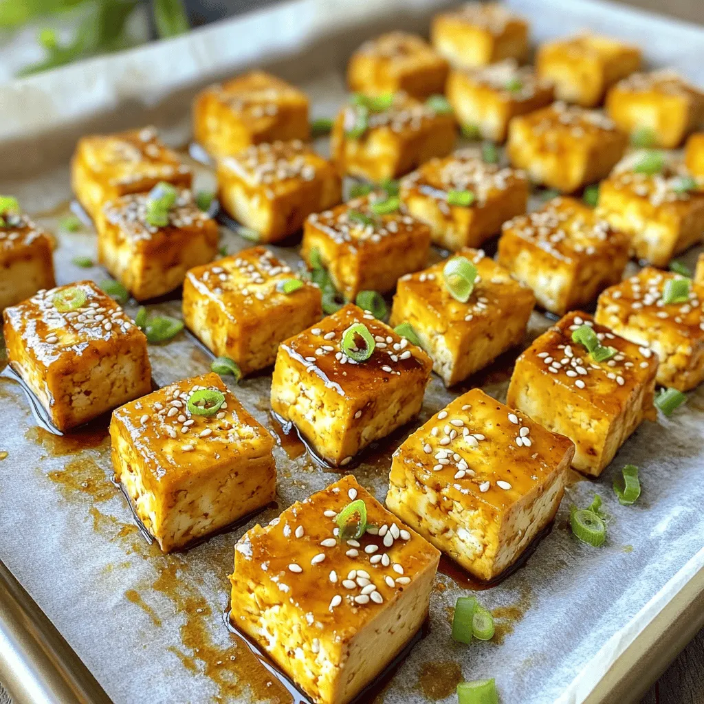 For this tasty dish, you need the following main ingredients: - 1 block (15 oz) firm tofu, pressed and cut into 1-inch cubes - ½ cup soy sauce (or tamari for a gluten-free option) - ¼ cup pure maple syrup - 2 tablespoons rice vinegar - 2 tablespoons sesame oil - 3 cloves garlic, finely minced - 1 tablespoon freshly grated ginger - 2 tablespoons cornstarch - 1 tablespoon sesame seeds (for garnish) - 3 green onions, thinly sliced (for garnish) These ingredients create a savory sauce that brings the tofu to life. Firm tofu works best because it absorbs flavors well and holds its shape during baking. The soy sauce adds saltiness, while maple syrup gives a hint of sweetness. Garlic and ginger provide warmth and depth to the dish. You can add a few optional ingredients to boost the flavor even more: - 1 tablespoon sriracha or chili paste for heat - 1 tablespoon mirin for extra sweetness - 1 teaspoon sesame oil for richer flavor These options allow you to customize the dish to your taste. If you like a little heat, sriracha will spice things up. Mirin adds a sweet and tangy note that pairs well with the other flavors. If you have dietary restrictions, here are some great substitutes: - Use tempeh instead of tofu for more protein and a firmer texture - Coconut aminos can replace soy sauce for a soy-free option - Use agave syrup instead of maple syrup for a different sweetness These substitutes keep the dish delicious while catering to different diets. Tempeh offers a nutty flavor and is packed with protein. Coconut aminos give a similar taste without soy. Agave syrup is a simple way to adjust sweetness levels. For more details, check the Full Recipe. First, you need to prepare the tofu. Start with one block of firm tofu. Press it between two plates to remove excess water. This step is key for better texture. After pressing, cut the tofu into 1-inch cubes. This size helps it cook evenly. Next, let’s make the teriyaki sauce. In a medium bowl, mix together the following ingredients: - ½ cup soy sauce (or tamari) - ¼ cup pure maple syrup - 2 tablespoons rice vinegar - 2 tablespoons sesame oil - 3 cloves garlic, finely minced - 1 tablespoon freshly grated ginger Whisk these ingredients until smooth. This sauce adds rich flavor to the tofu. Now, it’s time to bake the tofu. Preheat your oven to 400°F (200°C). Line a baking sheet with parchment paper. This prevents sticking. Place the cubed tofu in a bowl and sprinkle with 2 tablespoons of cornstarch. Gently toss until each piece is coated. Spread the tofu on the baking sheet in a single layer. Drizzle half of the teriyaki sauce over the tofu. Bake for 25-30 minutes. Halfway through, turn the tofu cubes for even cooking. After baking, pour the remaining teriyaki sauce over the tofu. Toss gently to coat. Return the tofu to the oven for another 5-10 minutes. This step caramelizes the sauce, making it sticky and flavorful. Once baked, remove the tofu from the oven. Finish by sprinkling sesame seeds and sliced green onions on top. This adds color and crunch. Enjoy your tasty baked teriyaki tofu! For the complete recipe, check out the Full Recipe. To get crispy tofu, press it well. Remove as much moisture as you can. After cutting it, coat each cube in cornstarch. This step is key for that crunch. Bake at 400°F for 25-30 minutes. Flip the tofu halfway through for even cooking. The golden brown color means it is ready. Use fresh garlic and ginger for the best taste. These ingredients boost the teriyaki sauce’s flavor. Let your tofu soak in the sauce for a bit. This helps it absorb all those yummy flavors. Drizzle some sauce just before the end of baking. It adds a sticky glaze that is hard to resist. Don’t skip pressing the tofu. It will turn out soggy if you do. Avoid using too much sauce too soon. This can make your tofu mushy instead of crispy. Make sure to coat each piece evenly with cornstarch. If you don’t, some cubes may not get crispy. For the best results, follow the [Full Recipe]. {{image_4}} You can make your baked teriyaki tofu even more colorful and tasty by adding vegetables. Carrots, bell peppers, and broccoli work well. Just chop them into bite-sized pieces. Toss them with the tofu before baking. This step adds nutrients and makes the dish pop with color. If you want to switch up the protein, try using tempeh or seitan instead of tofu. Both options absorb flavors well and have great textures. Tempeh is nutty and has a firm bite. Seitan mimics meat and is very chewy. These choices keep the meal exciting and cater to different tastes. To keep this dish gluten-free, use tamari instead of soy sauce. Tamari is a great choice and tastes the same. For a nut-free option, skip the sesame oil and use olive oil instead. This way, you can enjoy the dish while sticking to your dietary needs. For the full recipe, check the earlier section. To keep your baked teriyaki tofu fresh, store it in an airtight container. Let the tofu cool down first. It can last in the fridge for up to four days. If you notice any moisture, use a paper towel to absorb it before sealing the container. This helps keep the tofu from getting soggy. When you are ready to enjoy leftovers, the best way to reheat the tofu is in the oven. Preheat your oven to 350°F (175°C). Spread the tofu on a baking sheet and cover it with foil. Heat for about 10-15 minutes. This method helps restore some crispiness. You can also microwave it for quicker results. Just remember to cover it with a damp paper towel to keep it moist. Yes, you can freeze baked teriyaki tofu! Start by letting it cool completely. Place the tofu in a freezer bag, removing as much air as possible. It can stay frozen for up to three months. When you’re ready to eat, thaw it in the fridge overnight. Then, reheat as mentioned above. Enjoy your flavorful tofu anytime! Tofu is done when it turns golden brown and crispy. You should bake it for 25 to 30 minutes. Halfway through, turn the tofu cubes for even cooking. It should feel firm to the touch and have a nice texture. Once you see a beautiful caramel color, it's ready to enjoy! Yes, you can! Try soy sauce with honey or maple syrup. A sweet chili sauce works well too. For a spicy kick, use sriracha mixed with soy. Each sauce will give a new flavor twist to your baked tofu. Feel free to explore and find what you love! Baked teriyaki tofu pairs well with steamed rice or quinoa. You can also serve it with stir-fried vegetables for a colorful plate. A fresh salad adds crunch and balance. For a complete meal, add some pickled veggies on the side. This dish is versatile and fits many sides! In this guide, we explored how to make baked teriyaki tofu. We discussed key ingredients, step-by-step prep, and tips for crispiness. You learned about tasty variations and storage tips. Always remember, cooking is fun and easy. With the right ingredients and methods, you can make delicious meals. Enjoy your kitchen journey with baked teriyaki tofu. Happy cooking!