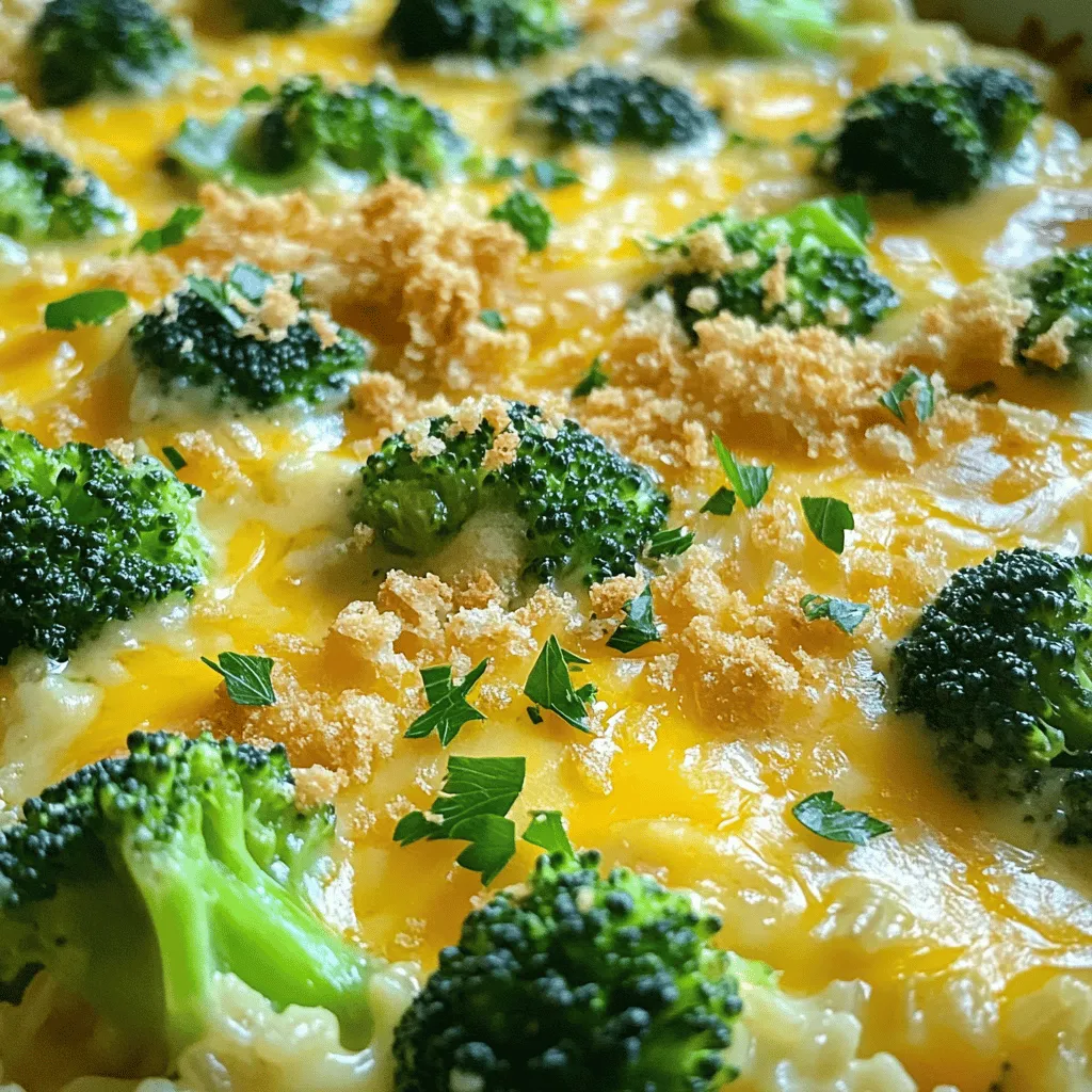 - 1 cup uncooked brown rice - 2 cups vegetable broth - 2 cups fresh broccoli florets - 1 cup shredded cheddar cheese - 1 cup cream of mushroom soup - 1/2 cup milk - Seasonings: garlic powder, onion powder, black pepper, salt - Topping ingredients: breadcrumbs, olive oil, parsley To make this Cheesy Broccoli Rice Casserole, gather your ingredients first. The main ingredients are simple but crucial. The brown rice gives it a hearty base. Use vegetable broth for flavor. Fresh broccoli adds a nice crunch and color. The shredded cheddar cheese melts and ties everything together. I love using a mix of cream of mushroom soup and milk. It creates a rich and creamy texture. For seasonings, garlic powder and onion powder add depth. Black pepper and salt round out the taste. Don't forget the topping! Breadcrumbs mixed with olive oil become golden and crispy. Parsley is great for garnish. It adds a pop of color and freshness. You can find the full recipe details in the section above. Happy cooking! - Bring vegetable broth to a boil. - Add uncooked brown rice and simmer. First, I boil the vegetable broth in a large pot. This broth gives the rice great flavor. Once the broth bubbles, I add the uncooked brown rice. I then cover the pot and lower the heat. It simmers for about 45 minutes until the rice is soft and fluffy. - Steam fresh broccoli until tender. - Drain and set aside. Next, I take fresh broccoli florets and steam them until they are bright green and tender. This usually takes around 4 to 5 minutes. Steaming keeps the broccoli crisp and tasty. After steaming, I drain the broccoli and set it aside for later. - Mix cooked rice, broccoli, soup, milk, cheese, and seasonings. - Transfer mixture to a greased baking dish. Now, I grab a big mixing bowl. I add the cooked rice, steamed broccoli, cream of mushroom soup, milk, and half of the cheese. I sprinkle in garlic powder, onion powder, black pepper, and salt for extra flavor. Mixing this well helps all the flavors blend. Once mixed, I transfer it into a greased baking dish, spreading it evenly. - Prepare breadcrumb mixture with olive oil. - Layer breadcrumbs and remaining cheese on top. In a small bowl, I mix breadcrumbs with olive oil. This gives the topping a nice crunch. I evenly sprinkle this breadcrumb mix over the rice and broccoli. Then, I add the rest of the cheese on top for a gooey finish. - Bake in a preheated oven at 350°F. - Check for bubbling and golden brown topping. I preheat the oven to 350°F. Once ready, I place the baking dish inside. I bake it for 25 to 30 minutes. I keep an eye on it, waiting for the casserole to bubble and the top to turn golden brown. This step makes it look and smell amazing. To get the best rice texture, use the right broth-to-rice ratio. For this recipe, I use two cups of broth for one cup of rice. This gives the rice enough flavor and moisture. After cooking, let the rice fully absorb the liquid. This step makes the rice fluffy and prevents it from being soggy. If you rush this part, you may end up with clumpy rice. You can use fresh or frozen broccoli in this dish. Fresh broccoli gives a nice crunch, while frozen broccoli is quick and easy. If you choose fresh, steam it just until it turns bright green. This usually takes about five minutes. Avoid overcooking to keep its color and nutrients. Overcooked broccoli loses its bright look and good taste. Cheese is the star of this dish. I love to experiment with different cheese varieties. While cheddar cheese works great, you can also try mozzarella or gouda for a different flavor. For a creamier casserole, add a bit of cream cheese or sour cream. This will make the dish rich and smooth. Don't forget to save some cheese for the topping; it adds a nice melt on top! For the complete recipe, check out the Full Recipe for Cheesy Broccoli Rice Casserole. {{image_4}} You can easily boost the protein in your Cheesy Broccoli Rice Casserole. Consider adding cooked chicken, turkey, or tofu. Each choice adds flavor and makes your meal heartier. For a vegetarian option, try using chickpeas or lentils. These options provide good nutrition and taste great. For a vegetarian twist, swap the cream of mushroom soup with a plant-based version. Many brands offer tasty alternatives. If you want to make it vegan, use dairy-free cheese. This keeps the dish creamy and satisfying without any animal products. You can still enjoy all the cheesy goodness while sticking to your diet! To take your casserole to the next level, add some herbs or spices. Fresh thyme or rosemary gives a nice flavor boost. You can also mix in chopped onions or garlic. These ingredients add depth and richness to your dish. Don’t be afraid to experiment a bit; every little change can make a big difference! For the Full Recipe, follow the steps outlined above to create your own perfect casserole. After you enjoy your cheesy broccoli rice casserole, store any leftovers in an airtight container. Keep it in the fridge to stay fresh. I recommend eating it within 3-4 days for the best taste and texture. You can freeze this casserole before or after baking. To freeze it before baking, assemble the dish but do not bake. Cover it tightly with foil and place it in the freezer. If you want to freeze it after baking, let it cool first. Then, wrap it well and store it. When ready to eat, thaw it in the fridge overnight. When it’s time to reheat, you have two main methods: oven or microwave. For the oven, preheat it to 350°F and bake for about 20-25 minutes. This method helps keep the texture nice. If you use the microwave, place a portion on a microwave-safe dish. Heat it in short bursts, stirring in between, until it's warm. Make sure to heat it evenly to enjoy every cheesy bite. Yes, you can use brown rice. It takes longer to cook than white rice. Brown rice needs about 45 minutes to become tender. It also has a chewier texture and nuttier taste. This adds a nice twist to the casserole. You can prep the casserole a day in advance. Cook the rice and steam the broccoli. Mix them with the other ingredients. Then, cover the dish and store it in the fridge. When ready to eat, bake it straight from the fridge. Just add a few extra minutes to the cooking time. This casserole pairs well with many sides. Try serving it with a simple green salad. You can also add roasted chicken or fish for protein. If you want a hearty meal, serve it with crusty bread. Yes, you can make it gluten-free. Use gluten-free cream of mushroom soup. Substitute regular breadcrumbs with gluten-free ones. This keeps the dish tasty while meeting gluten-free needs. You now have a solid guide to make Cheesy Broccoli Rice Casserole. We covered the ingredients, step-by-step instructions, storage tips, and variation ideas. This dish is easy to customize with proteins or flavors you love. Don't hesitate to try different cheeses or herbs for a twist. Remember, leftovers can last up to four days in the fridge, so enjoy them later. Dive in and savor every bite of this hearty meal. Your family will thank you!